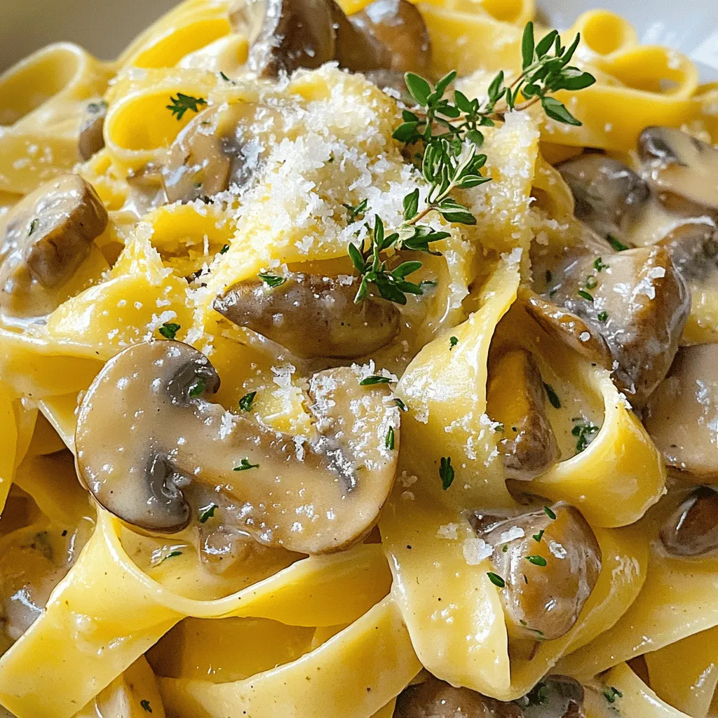 - 250g tagliatelle pasta - 200g mixed mushrooms (cremini, shiitake, oyster), sliced - 300ml heavy cream - Fresh thyme or 1 teaspoon dried thyme - 50g grated Parmesan cheese - Salt and pepper to taste - 1 tablespoon olive oil - Fresh parsley, chopped (for garnish, optional) In this creamy mushroom thyme tagliatelle, I use tagliatelle pasta because it holds sauce well. The mixed mushrooms add depth and richness. I recommend using cremini, shiitake, and oyster mushrooms. They bring unique flavors to the dish. Heavy cream is key to achieving that luscious texture. It makes the sauce rich and smooth. For seasoning, I love fresh thyme, but dried thyme works too. Parmesan cheese adds a salty, nutty flavor that elevates the dish. Finally, salt and pepper balance out all the tastes. I often include olive oil to sauté the onions and mushrooms, adding a hint of richness. Fresh parsley makes a lovely garnish and adds a pop of color. You can skip it if you prefer. Just remember to have fun with the ingredients! Start by filling a large pot with water. Add a generous pinch of salt to it. Bring the water to a boil over high heat. Once it’s boiling, add 250g of tagliatelle pasta. Cook it according to the package instructions. You want the pasta to be al dente, which usually takes about 8-10 minutes. After cooking, drain the pasta but save 1 cup of the starchy pasta water for later. In a large skillet, heat 1 tablespoon of olive oil over medium heat. When the oil is hot, add 1 finely chopped medium onion. Sauté the onion for about 3-4 minutes until it turns translucent and soft. Next, add 3 minced garlic cloves and 200g of sliced mixed mushrooms. You can use cremini, shiitake, or oyster mushrooms. Sauté this mixture for about 7-10 minutes. Stir occasionally until the mushrooms turn golden brown and their moisture evaporates. With the mushrooms cooked, pour in 300ml of heavy cream. Also, sprinkle in 1 tablespoon of chopped fresh thyme. Stir everything well to mix the ingredients. Allow the mixture to simmer for about 5 minutes. This lets the sauce thicken slightly and develop its flavor. Now, it's time to combine. Gently fold the cooked tagliatelle into the creamy sauce. If the sauce seems too thick, use a splash of the reserved pasta water to adjust the texture. Toss the pasta thoroughly to ensure it’s evenly coated in the rich, creamy sauce. Next, stir in 50g of grated Parmesan cheese until it melts and blends well. Taste the sauce and adjust the seasoning with salt and pepper based on your preference. Let the dish cook for another 2 minutes over low heat. This ensures everything is warm, and the flavors meld beautifully. If you like, you can garnish with fresh parsley before serving. - Best practices for cooking tagliatelle: Use a large pot for boiling water. Add a good pinch of salt to the water. This helps flavor the pasta. Stir the tagliatelle often to prevent sticking. Cook until al dente, about 8-10 minutes. This gives you a nice bite. Remember to save some pasta water before draining it. - Tips for sautéing mushrooms perfectly: Choose a mix of mushrooms for better flavor. Clean them with a damp cloth instead of rinsing. Heat olive oil in a large skillet over medium heat. Add onions first, cooking until soft and clear. Then, add garlic and mushrooms. Stir often and let them cook until golden brown. This helps them lose moisture and adds depth. - Substitutions for ingredients: You can use any pasta you like, not just tagliatelle. If you can’t find fresh thyme, use dried thyme. It works well too. For a lighter sauce, swap heavy cream with half-and-half or a plant-based cream. - Additional herbs or spices to consider: Consider adding a pinch of nutmeg for warmth. Fresh basil or parsley can add a fresh twist. You might also try a bit of red pepper flakes for heat. - Presentation tips for a gourmet look: Serve the tagliatelle in shallow bowls. Sprinkle extra Parmesan on top and drizzle with olive oil. A fresh sprig of thyme or some parsley can add a pop of color. This makes the dish look fancy and inviting. - Suggested pairings with side dishes or wines: A simple green salad pairs well with the rich pasta. Try a crisp white wine like Pinot Grigio or Sauvignon Blanc. These wines balance the creaminess nicely. A light, fruity red like Pinot Noir can also work if you prefer red. {{image_4}} You can easily make this dish vegetarian. Just add more vegetables like spinach, bell peppers, or zucchini. These veggies give extra color and flavor. You can also swap the heavy cream for plant-based cream. This keeps the dish creamy while making it dairy-free. If you want to add protein, chicken or shrimp works great. For chicken, cut it into bite-sized pieces. Cook it for about 5-7 minutes in the skillet before adding the onions. For shrimp, add them after the garlic and cook until pink, around 3-4 minutes. This makes the meal more filling and hearty. To make this dish gluten-free, look for gluten-free pasta. Brands often use rice or corn flour. Cook it just like regular pasta. You can also use alternative flours to make your own pasta. Almond flour or chickpea flour are good options. This way, everyone can enjoy creamy mushroom thyme tagliatelle! To store leftovers, let the dish cool first. Place it in an airtight container. This keeps it fresh and tasty. You can keep it in the fridge for up to three days. After that, the flavor may fade. Always check for any signs of spoilage before eating. You can freeze creamy mushroom thyme tagliatelle for later use. To do this, let it cool completely. Then, transfer it to a freezer-safe container. Label it with the date to keep track. It will stay good for about one month. When ready to eat, thaw it overnight in the fridge. Reheat it gently in a skillet over low heat. Add a splash of cream or pasta water to bring it back to life. Stir until it’s hot and creamy again. If you have leftover creamy mushroom sauce, you can use it in many ways. Try it on baked potatoes for a tasty topping. You can also mix it with cooked rice or quinoa. This adds a rich flavor to your grains. Another fun idea is to use it in a casserole. Just layer it with veggies or proteins, then bake. You can also serve it as a dip with bread or crackers. Get creative and enjoy every bite! This dish takes about 30 minutes to make. You need 10 minutes to prep and 20 minutes to cook. It is quick and easy, perfect for a weeknight meal. Yes, you can use many types of mushrooms. I recommend cremini, shiitake, or oyster mushrooms. Each type adds its own unique flavor. Cremini has a rich taste, shiitake adds earthiness, and oyster mushrooms bring a delicate sweetness. Yes, this recipe works well for meal prep. You can cook the tagliatelle and sauce ahead of time. Store them separately in the fridge. When you are ready to eat, just heat them together on the stove. You can pair this dish with a fresh green salad or garlic bread. A light white wine like Pinot Grigio matches well. You might also enjoy it with a side of steamed veggies for added color and nutrition. To make it dairy-free, use coconut cream or cashew cream instead of heavy cream. Nutritional yeast can replace Parmesan cheese for a cheesy flavor. Adjust the salt for taste, as these alternatives may change the flavor slightly. This creamy mushroom thyme tagliatelle is easy to make and delightful to eat. You learned about key ingredients like tagliatelle, heavy cream, and mixed mushrooms. I shared tips for perfect cooking, enhancing flavors, and serving suggestions. Consider variations, like vegetarian options or gluten-free pasta, to suit your taste. Finally, proper storage techniques help keep leftovers fresh. Enjoy making this dish, and feel free to experiment! Your kitchen adventures can lead to new favorites.