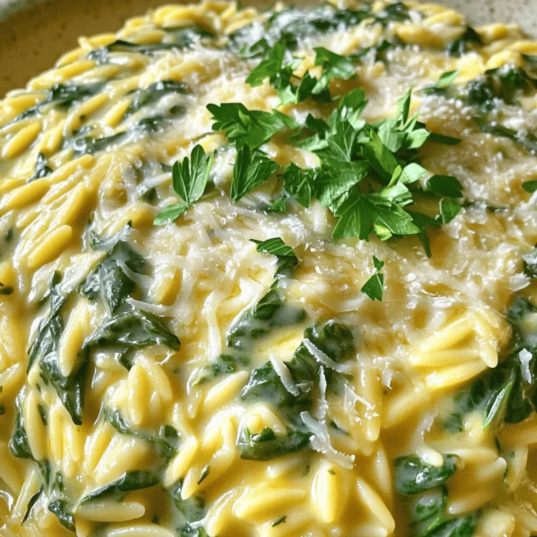 - 1 cup orzo pasta - 2 cups fresh spinach, roughly chopped - 1 cup vegetable broth - 1 cup heavy cream - 1 cup grated Parmesan cheese - 2 cloves garlic, minced - 2 tablespoons olive oil - Salt and pepper to taste - 1/4 teaspoon nutmeg (optional) - Fresh parsley for garnish The ingredients for creamy Parmesan spinach orzo are simple yet flavorful. You need orzo pasta, fresh spinach, and rich Parmesan cheese. The vegetable broth adds depth, while heavy cream creates a smooth texture. Garlic brings warmth, and olive oil helps everything cook nicely. Salt and pepper are key to balancing flavors. Adding nutmeg gives a hint of warmth, which I love! Finally, fresh parsley brightens the dish and adds a pop of color. Gather these ingredients, and you’re ready to make a delightful dinner. This dish not only tastes amazing but also looks great on the table. - Heating olive oil and sautéing garlic Start by heating 2 tablespoons of olive oil in a large pot over medium heat. Once the oil is hot, add 2 cloves of minced garlic. Sauté for about 1 minute. Stir constantly until the garlic is fragrant but not browned. - Toasting orzo pasta Now, it’s time to add 1 cup of orzo pasta to the pot. Toast the orzo by stirring it for 2-3 minutes. You want the orzo to take on a light golden hue. This step really boosts the flavor. - Adding vegetable broth and simmering Gradually pour in 1 cup of vegetable broth. Increase the heat to bring the mix to a boil. Once boiling, reduce the heat. Simmer the orzo for 8-10 minutes, stirring occasionally. Cook until the orzo is al dente and most of the liquid is absorbed. - Incorporating heavy cream and cheese After the simmering, stir in 1 cup of heavy cream. Allow it to warm through and gently simmer. Once heated, add 1 cup of grated Parmesan cheese. Stir well until the cheese melts and blends into a creamy sauce. - Adding spinach and seasoning Next, add 2 cups of roughly chopped spinach. Stir until the spinach wilts and combines with the sauce. Season the dish with salt, freshly ground pepper, and 1/4 teaspoon of nutmeg if you want a hint of warmth. Adjust to your taste. - Resting the dish before serving Finally, remove the pot from the heat. Let the dish rest for 3-5 minutes. This resting time helps the orzo thicken, making it even richer. Serve it warm and enjoy! To make creamy orzo, avoid clumping by stirring often. Stirring keeps the pasta loose and helps it cook evenly. Also, use enough liquid when cooking the orzo. This helps the pasta absorb flavor without sticking together. Let the dish rest for 3-5 minutes after cooking. This time allows the sauce to thicken and coat the orzo. The resting time helps develop the flavors too. You can switch up the flavors by trying different seasonings. Herbs like thyme and basil add fresh notes. Red pepper flakes can bring a spicy kick. For a smoky touch, consider adding smoked paprika. To adjust creaminess, simply add more cream or broth. If you want a lighter dish, use less cream. You can also swap heavy cream for a lighter option like half-and-half. This keeps the dish creamy but lowers the fat content. {{image_4}} You can add protein to your creamy orzo for a heartier meal. Chicken and shrimp are great choices. For chicken, cook it in the pot first. Then, add the garlic and orzo. This way, the chicken flavors the dish. Shrimp cooks quickly, so add it after the broth. Cook until just pink. If you prefer vegetarian options, consider chickpeas or tofu. Both add protein and texture. For chickpeas, drain and rinse a can. Stir them in with the spinach. If using tofu, cube it and sauté with garlic. This gives a nice crunch and flavor. Spinach is a classic in orzo, but you can use other greens. Kale or Swiss chard work well too. Both add great taste and nutrients. Just chop them up and add with the cream. You might also want to use seasonal veggies. In spring, try asparagus or peas. In fall, consider squash or Brussels sprouts. These swaps keep the dish fresh and exciting. If you want a vegan version, you can replace the cream and cheese easily. Use coconut cream or cashew cream. Both give a rich taste without dairy. For the cheese, try nutritional yeast. It adds a cheesy flavor and is vegan-friendly. Don't forget about broth! Use vegetable broth for a plant-based option. This keeps the dish flavorful and rich. To store leftovers, let the orzo cool to room temperature. Then, place it in an airtight container. This keeps it fresh longer. You can store it in the fridge for 3-4 days without losing its creamy goodness. Can you freeze Creamy Parmesan Spinach Orzo? Yes, you can! Freeze it in a sealed container. It stays good for about 2-3 months. When you're ready to eat, thaw it overnight in the fridge. Reheat it on the stove over low heat. Add a splash of cream or broth to revive its creamy texture. Stir often to ensure even heating. Enjoy your delicious orzo again! Can I use a different type of pasta? Yes, you can! You may try using farfalle, penne, or any small pasta. Just adjust the cooking time based on the pasta's package instructions. How can I make this recipe gluten-free? To make this recipe gluten-free, use gluten-free orzo or any gluten-free pasta. Check the labels to ensure no gluten is included. Is there a way to make it lighter in calories? Absolutely! You can use low-fat cream or a plant-based alternative. Reducing the cheese will also lower the calories. What to serve alongside orzo? Creamy Parmesan Spinach Orzo pairs well with grilled chicken or fish. A fresh salad also adds a nice crunch. Consider a side of roasted vegetables for extra flavor. Pairing wines or beverages with the dish A crisp white wine like Sauvignon Blanc complements the dish nicely. For a non-alcoholic option, try sparkling water with a slice of lemon. This blog post guided you through making a creamy Parmesan spinach orzo. You learned about the key ingredients and steps for preparation. I shared tips to enhance flavor and texture. Variations allow for protein or veggie swaps, catering to all diets. Proper storage extends your dish's freshness. Remember, this orzo can please everyone at the table. Enjoy experimenting with flavors as you master this recipe!