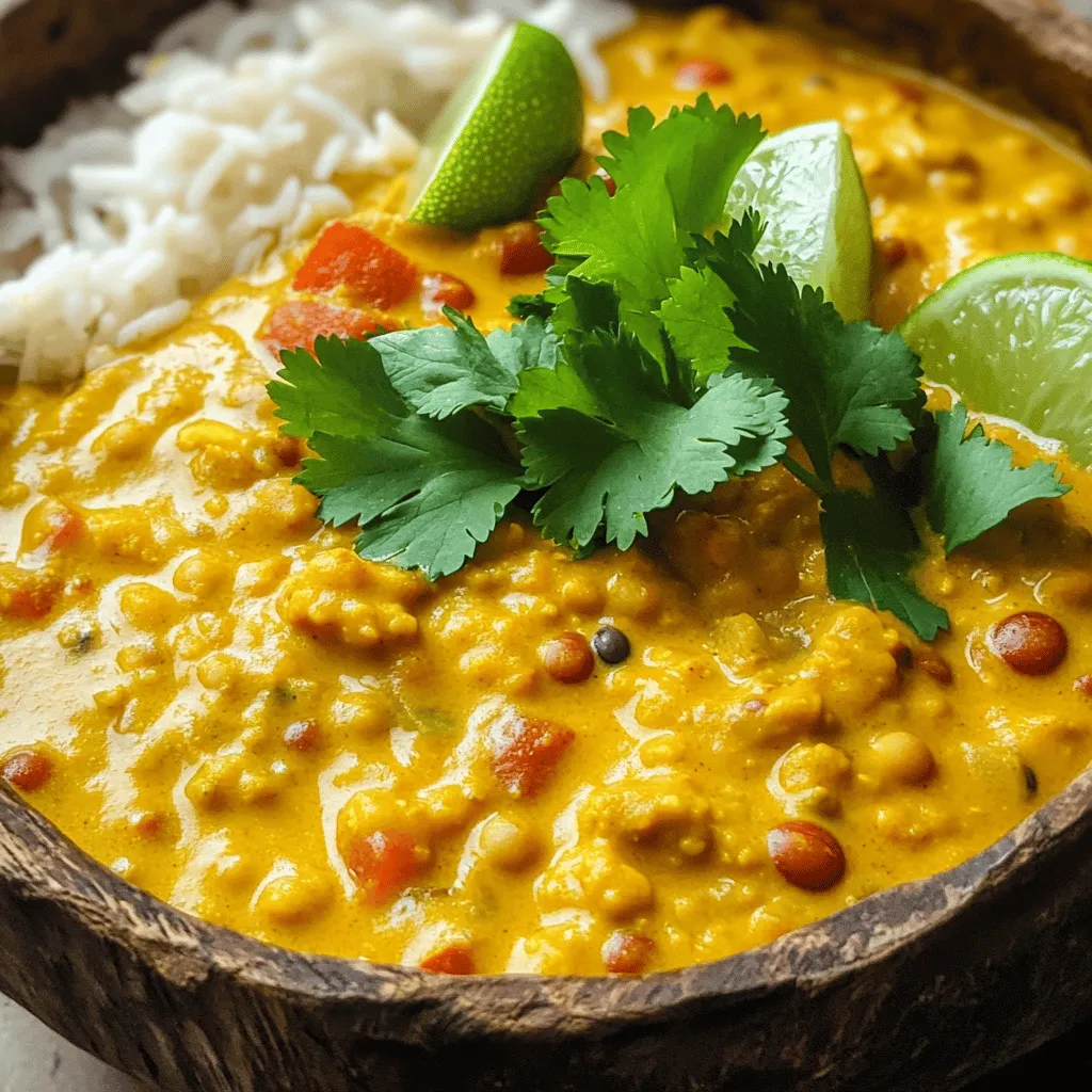- 1 cup red lentils, thoroughly rinsed - 1 can (14 oz) creamy coconut milk - 1 medium onion, finely chopped - 2 garlic cloves, minced - 1-inch piece of fresh ginger, grated - 1 tablespoon mild curry powder - 1 teaspoon ground turmeric - 1 teaspoon cumin seeds - 1 can (14 oz) diced tomatoes, with juices - 2 cups vegetable broth (low-sodium recommended) - 1 cup fresh spinach leaves, roughly chopped - 2 tablespoons coconut oil - Sea salt and black pepper, to taste - Fresh cilantro, roughly chopped, for garnish - Lime wedges, for an invigorating side When choosing coconut milk, look for a can with a high-fat content. This gives the curry a rich, creamy texture. Shake the can before opening to mix the contents well. Fresh spices are key too. Use whole spices when you can. They have more flavor than ground ones. Toast them lightly to make them even better. If you need a different legume, use yellow lentils or chickpeas. They cook well and add protein. For coconut milk, try almond or cashew milk for a lighter option. If you need it to be dairy-free, make sure to choose unsweetened versions. - Rinsing and preparing lentils: Start by rinsing 1 cup of red lentils under cold water. This step removes dust and any impurities. Drain them well, and set aside. - Chopping vegetables and gathering spices: Finely chop 1 medium onion and mince 2 garlic cloves. Grate a 1-inch piece of fresh ginger. Gather your spices: 1 tablespoon of mild curry powder, 1 teaspoon of ground turmeric, and 1 teaspoon of cumin seeds. 1. Sautéing aromatics: In a large, heavy pot, melt 2 tablespoons of coconut oil over medium heat. Once it melts, add the cumin seeds. Sauté them for about 30 seconds until they smell great. 2. Adding onion: Toss in the chopped onion. Cook for 5-7 minutes, stirring often. You want the onion to soften and turn translucent. 3. Mixing in garlic and ginger: Add the minced garlic and grated ginger. Cook them for 1-2 minutes, stirring frequently. The kitchen should start to smell amazing now! 4. Blooming spices: Sprinkle in the curry powder and turmeric. Mix everything well and stir for about 1 minute. This helps the spices release their flavors. 5. Incorporating tomatoes: Pour in a can of diced tomatoes with juices. Cook this mixture for 3-4 minutes. Allow it to thicken and blend the flavors. 6. Adding lentils and liquids: Carefully add the rinsed lentils, 2 cups of vegetable broth, and 1 can of creamy coconut milk. Stir until the lentils are submerged in liquid. 7. Simmering the curry: Increase the heat to bring the mixture to a gentle boil. Once boiling, lower the heat to simmer. Cover the pot and let it cook for 25-30 minutes. Stir occasionally to prevent sticking. - Adjusting seasoning: Before serving, gently stir in 1 cup of roughly chopped spinach. Let it wilt for about 2-3 minutes. Taste the curry and add sea salt and black pepper as needed. - Garnishing: Remove the pot from heat. Allow the curry to cool slightly. Serve it in deep bowls, and top with fresh cilantro. Add lime wedges on the side for a fresh zing. Enjoy your delicious creation! To avoid overcooking lentils, watch the time closely. Red lentils cook fast. Start checking them at the 20-minute mark. They should be soft but not mushy. To ensure the perfect consistency for the curry, stir it often. This keeps the lentils from sticking to the pot. If it seems too thick, add a splash of vegetable broth or water. You can add spices for extra flavor. Try a pinch of cayenne for heat or a dash of cinnamon for warmth. For balancing sweetness and acidity, fresh lime juice works well. Just squeeze some over the curry before serving. This brightens the dish and enhances the coconut flavor. Serve the creamy coconut lentil curry with fluffy rice or warm naan. These pairings soak up the sauce nicely. For stunning presentation, use deep bowls. Garnish with fresh cilantro for a pop of color. Place lime wedges on the side for an added zing. This makes your dish look appealing and taste fresh. {{image_4}} You can easily add protein to your creamy coconut lentil curry. For a heartier dish, try chicken or tofu. Chicken adds a nice texture and flavor. Simply cut chicken into bite-sized pieces and add it after sautéing your onions. Cook until it turns white before adding the spices. Tofu is a great vegetarian option. Use firm tofu and cut it into cubes. Sauté it until golden brown for extra flavor. Both options will enhance nutrition and make the dish more filling. You can control the spice level in this curry. If you prefer a mild dish, use less curry powder. For heat, add chili powder or hot sauce. Start with a little, then taste as you go. Cayenne pepper is another great option to spice it up. Remember, it’s easier to add more spice than to take it out. Enjoy finding the right balance for your taste. Adding seasonal vegetables can boost flavor and nutrition. Fresh spinach is a great choice, but you can also try kale or zucchini. Chop them and add them in the last few minutes of cooking. This keeps them bright and tender. Seasonal veggies provide vitamins and minerals. They also make the dish more colorful and appealing. Think about adding carrots, bell peppers, or even sweet potatoes for variety. After you make your creamy coconut lentil curry, let it cool down. Place any leftovers in an airtight container. This keeps the flavors fresh. The curry lasts about 4 to 5 days in the fridge. Just make sure to store it properly. If you want to save some for later, freezing is a great option. First, let the curry cool completely. Then, pour it into freezer bags or containers. Remove as much air as you can. This helps prevent freezer burn. The curry can last for about 3 months in the freezer. When it's time to eat, thaw it overnight in the fridge. To warm up your curry, use a pot on low heat. Stir it often to keep it smooth. If the curry seems thick, add a splash of water or broth. You can also microwave it. Heat it in short bursts, stirring in between. This helps the curry stay creamy. Enjoy your meal just like the first time! What can I substitute for coconut milk? You can use almond milk or soy milk. These options work well. They may change the flavor a bit. You can also try cashew cream for a richer taste. Can I make this recipe gluten-free? Yes, this recipe is naturally gluten-free. Just make sure your broth is gluten-free. Check labels on all products to ensure no hidden gluten. How long does it take to cook lentils? Red lentils usually take about 25-30 minutes to cook. They become soft and mushy, great for curry. Make sure to stir them occasionally while cooking. Can this recipe be made in a slow cooker? Yes, you can use a slow cooker for this curry. Cook on low for 4-6 hours. Just add the spinach in the last 30 minutes of cooking. What should I do if my curry is too thick? If your curry is too thick, add more vegetable broth. Stir it in slowly until you reach your desired consistency. This will help balance the flavors as well. How to achieve a creamier texture in the curry? To make it creamier, add more coconut milk or a splash of cream. You can also blend part of the curry for a smoother texture. This gives a rich mouthfeel. This blog post covered everything you need for a tasty lentil curry. We explored key ingredients, like red lentils and coconut milk, and discussed their quality. I shared helpful preparation and cooking steps to ensure your dish shines. You learned tips for flavor and serving, plus ideas for variations and storage. Experiment with different proteins and spices to make this your own. Enjoy cooking and sharing this dish with others. It’s simple, healthy, and perfect for any meal!