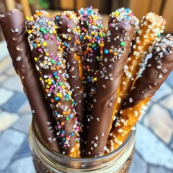 - 12 large pretzel rods - 1 cup semi-sweet chocolate chips - 1 tablespoon coconut oil - 1/2 cup crushed nuts (options: almonds, pecans, or walnuts) - 1/2 cup colorful sprinkles - 1/4 cup sea salt (optional, for topping) To make chocolate covered pretzel rods, you need simple and fun ingredients. First, grab 12 large pretzel rods. These will be the base for our treat. Next, gather 1 cup of semi-sweet chocolate chips. This will add rich flavor. You will also need 1 tablespoon of coconut oil. It helps the chocolate melt smoothly. For toppings, consider 1/2 cup of crushed nuts. You can use almonds, pecans, or walnuts. Each nut adds a unique crunch. Next, have 1/2 cup of colorful sprinkles ready. They will make your pretzels look festive and fun. Finally, you may want 1/4 cup of sea salt. This adds a nice touch of salty flavor that balances the sweet chocolate. With these ingredients, you can create a tasty treat that everyone will love. Start by gathering your ingredients. You need chocolate chips and coconut oil. Place one cup of semi-sweet chocolate chips in a microwave-safe bowl. Add one tablespoon of coconut oil. The oil helps the chocolate melt smoothly. Heat this mixture in the microwave in 30-second bursts. Stir it well after each interval. Keep heating until it is smooth and melted. This process usually takes about one to two minutes. Now, let’s prepare the pretzel rods. Take 12 large pretzel rods from the package. Line a baking sheet with parchment paper. This paper will keep the pretzels from sticking. It also makes cleaning up easier later. Place the pretzel rods on the sheet, ready for dipping. It’s time to dip! Grab a pretzel rod and dip it into the melted chocolate. Make sure to coat at least half of the rod. Allow any extra chocolate to drip back into the bowl. This prevents clumps. While the chocolate is still soft, add toppings. You can sprinkle crushed nuts or colorful sprinkles right away. If you like, add a pinch of sea salt for a sweet and salty mix. Place the dipped pretzel rods back on the parchment paper. Make sure they have some space between them. Repeat this for all 12 rods. Once you finish dipping, put the baking sheet in the fridge. Let the pretzels chill for about 30 minutes. This will help the chocolate set and harden. After that, they are ready to enjoy! To make a smooth chocolate coating, use semi-sweet chocolate chips. Adding coconut oil helps the chocolate melt well. It also gives a nice shine. Microwave the chocolate in short bursts. Stir often to avoid burning. Dip the pretzel rods halfway into the chocolate. Let the extra chocolate drip back into the bowl. This keeps the coating even and neat. For a fun display, stand the finished pretzel rods in a jar. You can also wrap each rod in cellophane. Tie it with a bright ribbon for a gift. This makes your treats look special. If you want, mix and match toppings for a colorful touch. Use nuts and sprinkles in different patterns. Let your creativity shine! Store your chocolate covered pretzel rods in an airtight container. Keep them at room temperature. They stay fresh for up to a week. If you live in a hot area, fridge storage works too. Just remember to let them come to room temp before serving. This keeps the chocolate smooth and tasty! {{image_4}} You can use many types of chocolate for your pretzel rods. Here are some fun choices: - White chocolate: This sweet option adds a nice touch. It looks great and tastes smooth. - Milk chocolate: Classic and creamy, milk chocolate is always a crowd-pleaser. It melts well and coats nicely. - Dark chocolate: For a richer taste, dark chocolate is perfect. It adds depth and pairs well with salty pretzels. Try mixing these chocolates for a fun twist! Toppings can make your pretzel rods pop. Here are some tasty ideas: - Crushed cookies: Oreos or graham crackers can add crunch and flavor. - Coconut flakes: Sweet and chewy, coconut adds a tropical flair. - Colorful sprinkles: These bring joy and fun to your treats. Great for kids! - Crushed nuts: Almonds, pecans, or walnuts add a delightful crunch. They also enhance the flavor. Feel free to combine toppings for even more fun! You can make themed pretzel rods for any occasion. Here are some ideas: - Holidays: For Halloween, use orange and black sprinkles. For Christmas, try red and green. - Birthdays: Customize with sprinkles in the birthday person's favorite colors. - Parties: Match colors to your party theme. Use sprinkles or toppings that fit your style. These themed pretzel rods add a special touch to any event! Chocolate covered pretzel rods make a great snack for parties. They are easy to make and fun to eat. You can serve them at birthday parties, baby showers, or any gathering. They add a sweet and salty crunch that everyone loves. You can set them out on a table or arrange them in jars for a bright display. These treats fit right in during the holidays. You can use festive colors for sprinkles to match the season. For Halloween, use orange and black sprinkles. For Christmas, go for red and green. You can even add holiday-themed toppings, like crushed candy canes for a peppermint twist. They make great snacks for family gatherings or cozy nights at home. Chocolate covered pretzel rods can be lovely gifts. You can wrap each pretzel in clear cellophane bags. Tie them with a colorful ribbon for a nice touch. If you want to make a bigger gift, place them in a decorative jar. They look great and taste even better! Plus, everyone loves a homemade gift. Chocolate covered pretzel rods stay fresh for up to one week. Store them in an airtight container at room temperature. This keeps them crunchy and tasty. Avoid exposing them to heat or humidity, as this can affect their texture. Yes, you can use various pretzels! Try regular pretzel rods, mini pretzels, or even pretzel twists. Each type adds a unique texture and taste. Choosing different pretzel shapes can also make your treats more fun and exciting! You can find pre-made chocolate covered pretzel rods at many stores. Check local grocery stores, candy shops, or specialty sweet shops. Online retailers also offer a variety of options if you prefer shopping from home. Absolutely! You can make these treats a few days in advance. Just store them properly in an airtight container. This makes them a great option for parties or events. Prepare them ahead to save time on the big day! You have learned to make delicious chocolate-covered pretzel rods. We covered the ingredients, from pretzel rods to chocolate options. You saw how to melt the chocolate and prepare the pretzels. I shared tips for perfecting your coating and ideas for serving them. Whether for a party or a gift, these treats are fun and easy to make. Try different toppings and chocolates to create your own style. With these tips, you'll impress everyone with your tasty treats. Enjoy making and sharing!