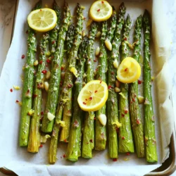 - 1 bunch of fresh asparagus, trimmed - 3 tablespoons extra virgin olive oil - 3 cloves garlic, finely minced - Zest of 1 fresh lemon - Juice of 1 fresh lemon - 1 teaspoon sea salt - 1/2 teaspoon freshly ground black pepper - 1/2 teaspoon red pepper flakes (optional, for a spicy kick) - Grated Parmesan cheese (for serving, optional) - Lemon slices (for garnish) Each of these ingredients plays a role. The asparagus gives texture and taste. Olive oil adds richness. Garlic brings a strong flavor. Lemon zest and juice brighten the dish. Sea salt and black pepper enhance all the flavors. Red pepper flakes can add heat if you like spice. - Balsamic vinegar for a tangy twist - Fresh herbs like parsley or thyme for extra freshness - Toasted nuts like almonds or pine nuts for crunch Feel free to mix in what you love. Adding balsamic vinegar can give a sweet and tangy note. Fresh herbs add a burst of color and flavor. Nuts provide a nice crunch that contrasts the tender asparagus. - Look for bright green color and firm stalks. - Avoid asparagus with soft or wrinkled ends. - Choose thinner stalks for a more tender bite. Fresh asparagus is key to great taste. When choosing asparagus, feel the stalks. They should be firm and not bend easily. The tips should be tightly closed and not mushy. This ensures you get the best flavor and texture in your dish. Start by preheating your oven to 425°F (220°C). This heat helps the asparagus get crispy. Rinse the asparagus under cold water to clean it. Trim about 1-2 inches off the tough ends. Lay the asparagus out on a baking sheet lined with parchment paper. Make sure they are in a single layer for even cooking. In a small bowl, mix 3 tablespoons of extra virgin olive oil, 3 minced garlic cloves, and the zest and juice of 1 lemon. Add 1 teaspoon of sea salt, 1/2 teaspoon of black pepper, and red pepper flakes if you want some heat. Whisk the mixture until it blends well. This marinade adds great flavor to the asparagus. Drizzle the lemon garlic marinade over the asparagus. Toss it gently with your hands to coat every spear. Return the asparagus to the baking sheet in a single layer. Place it in the oven and roast for 15-20 minutes. Watch them closely. They should be tender but still firm, with crispy tips. Once they are ready, take them out and let them cool for a minute. If you like, sprinkle grated Parmesan cheese on top while warm. Serve the asparagus on a platter and add lemon slices for garnish. To get the best texture, cook the asparagus for 15-20 minutes. If you want it more tender, extend the time. If you like it crispier, reduce the time. Keep checking to find your perfect balance. Thin asparagus cooks faster than thick ones. Always watch them closely in the last few minutes. You can boost the flavor with other herbs. Try thyme, oregano, or basil for a new twist. A splash of balsamic vinegar adds depth too. For a kick, add more red pepper flakes. Mixing in some lemon zest right before serving brightens the dish. This makes it taste fresh and lively. To roast evenly, spread the asparagus in a single layer on the baking sheet. Avoid crowding the spears; they need space to cook well. Toss them in the lemon garlic mix until fully coated. This helps each spear absorb the flavors. Turn them halfway through cooking for an even roast. {{image_4}} You can make this dish even more exciting by adding herbs or spices. Fresh herbs like thyme or rosemary work well. You can also try dill for a fresh twist. If you want extra heat, add more red pepper flakes. A pinch of smoked paprika gives a nice flavor too. Feel free to mix and match until you find your favorite combination. If you have dietary needs, this recipe is easy to adapt. For a vegan option, skip the Parmesan cheese or use a dairy-free cheese. If you need a gluten-free version, this dish is naturally gluten-free. You can also use avocado oil instead of olive oil for a different taste. Lemon garlic roasted asparagus pairs well with many dishes. It complements grilled chicken or fish perfectly. You can also serve it with quinoa or rice for a hearty meal. For a light lunch, add it to a salad. Top with sliced almonds for added crunch. The bright flavors of this dish make it a great side for any occasion. To keep your Lemon Garlic Roasted Asparagus fresh, store it properly. Place leftovers in an airtight container. This will help maintain flavor and texture. You can keep it in the fridge for up to three days. Just remember to let it cool before sealing. When you are ready to enjoy your leftovers, reheating is key. Preheat your oven to 350°F (175°C). Spread the asparagus on a baking sheet. Heat for around 10 minutes until warm. This method helps keep the asparagus crispy. Avoid using a microwave, as it may make the asparagus soggy. Freezing can be an option if you have extra asparagus. First, let it cool completely. Then, spread the asparagus on a baking sheet in a single layer. Freeze for about two hours. Once frozen, transfer the spears to a freezer-safe bag. You can store it for up to three months. When ready to eat, thaw in the fridge overnight before reheating. Yes, you can use frozen asparagus. Thaw it first and pat it dry. The texture may be softer, but it will still taste great. You might want to roast it a bit longer to ensure it cooks through. This dish is very versatile. It pairs well with grilled chicken, fish, or pasta. You can also serve it with rice or quinoa for a complete meal. A light salad or crusty bread also makes a great side. To make it vegan, skip the Parmesan cheese. Use nutritional yeast for a cheesy flavor. The rest of the recipe is already dairy-free. Enjoy the bright flavors without any animal products! To make Lemon Garlic Roasted Asparagus, gather your ingredients first. You need: - 1 bunch of fresh asparagus, trimmed - 3 tablespoons extra virgin olive oil - 3 cloves garlic, finely minced - Zest of 1 fresh lemon - Juice of 1 fresh lemon - 1 teaspoon sea salt - 1/2 teaspoon freshly ground black pepper - 1/2 teaspoon red pepper flakes (optional) - Grated Parmesan cheese (for serving, optional) - Lemon slices (for garnish) Start by preheating your oven to 425°F (220°C). This high heat gives the asparagus a nice crisp. Rinse the asparagus under cold water, removing any dirt. Trim off the tough ends to keep it tender. Place the asparagus on a lined baking sheet in a single layer. Next, make the zesty marinade. In a bowl, mix olive oil, minced garlic, lemon zest, lemon juice, sea salt, black pepper, and red pepper flakes if you like heat. Whisk it well. Drizzle this mix over the asparagus. Toss gently to coat each spear. Arrange the asparagus again in a single layer on the baking sheet. Roast them in the oven for about 15-20 minutes. Watch for them to become tender but still slightly firm. The tips should be crispy. Once cooked, take the baking sheet out of the oven. Let it cool for a minute. If you want, sprinkle grated Parmesan cheese over the asparagus. Serve it on a plate with fresh lemon slices for a bright touch. This dish is not just tasty; it’s also healthy! A serving (about 1 cup) of Lemon Garlic Roasted Asparagus has roughly: - Calories: 80 - Fat: 6g - Carbohydrates: 8g - Protein: 2g - Fiber: 4g Asparagus is a great source of vitamins A, C, E, and K. It also provides folate and fiber, making it a nutritious addition to your meals. This recipe serves four people. You can enjoy it as a side dish or a light main course. - Prep Time: 10 minutes - Cook Time: 20 minutes - Total Time: 30 minutes This dish is quick and easy to make, perfect for busy weeknights or special occasions. In this article, we explored how to make Lemon Garlic Roasted Asparagus. You learned about key ingredients, optional mixes, and tips for fresh asparagus. I shared step-by-step instructions, including preheating, marinating, and roasting tips. You also discovered how to adjust cooking times, enhance flavors, and explore variations. Finally, I covered storage methods and answered your common questions. Now, enjoy making this tasty dish your own!