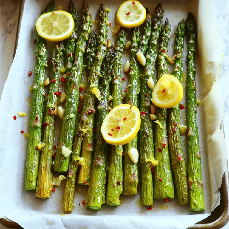 - 1 bunch of fresh asparagus, trimmed - 3 tablespoons extra virgin olive oil - 3 cloves garlic, finely minced - Zest of 1 fresh lemon - Juice of 1 fresh lemon - 1 teaspoon sea salt - 1/2 teaspoon freshly ground black pepper - 1/2 teaspoon red pepper flakes (optional, for a spicy kick) - Grated Parmesan cheese (for serving, optional) - Lemon slices (for garnish) Each of these ingredients plays a role. The asparagus gives texture and taste. Olive oil adds richness. Garlic brings a strong flavor. Lemon zest and juice brighten the dish. Sea salt and black pepper enhance all the flavors. Red pepper flakes can add heat if you like spice. - Balsamic vinegar for a tangy twist - Fresh herbs like parsley or thyme for extra freshness - Toasted nuts like almonds or pine nuts for crunch Feel free to mix in what you love. Adding balsamic vinegar can give a sweet and tangy note. Fresh herbs add a burst of color and flavor. Nuts provide a nice crunch that contrasts the tender asparagus. - Look for bright green color and firm stalks. - Avoid asparagus with soft or wrinkled ends. - Choose thinner stalks for a more tender bite. Fresh asparagus is key to great taste. When choosing asparagus, feel the stalks. They should be firm and not bend easily. The tips should be tightly closed and not mushy. This ensures you get the best flavor and texture in your dish. Start by preheating your oven to 425°F (220°C). This heat helps the asparagus get crispy. Rinse the asparagus under cold water to clean it. Trim about 1-2 inches off the tough ends. Lay the asparagus out on a baking sheet lined with parchment paper. Make sure they are in a single layer for even cooking. In a small bowl, mix 3 tablespoons of extra virgin olive oil, 3 minced garlic cloves, and the zest and juice of 1 lemon. Add 1 teaspoon of sea salt, 1/2 teaspoon of black pepper, and red pepper flakes if you want some heat. Whisk the mixture until it blends well. This marinade adds great flavor to the asparagus. Drizzle the lemon garlic marinade over the asparagus. Toss it gently with your hands to coat every spear. Return the asparagus to the baking sheet in a single layer. Place it in the oven and roast for 15-20 minutes. Watch them closely. They should be tender but still firm, with crispy tips. Once they are ready, take them out and let them cool for a minute. If you like, sprinkle grated Parmesan cheese on top while warm. Serve the asparagus on a platter and add lemon slices for garnish. To get the best texture, cook the asparagus for 15-20 minutes. If you want it more tender, extend the time. If you like it crispier, reduce the time. Keep checking to find your perfect balance. Thin asparagus cooks faster than thick ones. Always watch them closely in the last few minutes. You can boost the flavor with other herbs. Try thyme, oregano, or basil for a new twist. A splash of balsamic vinegar adds depth too. For a kick, add more red pepper flakes. Mixing in some lemon zest right before serving brightens the dish. This makes it taste fresh and lively. To roast evenly, spread the asparagus in a single layer on the baking sheet. Avoid crowding the spears; they need space to cook well. Toss them in the lemon garlic mix until fully coated. This helps each spear absorb the flavors. Turn them halfway through cooking for an even roast. {{image_4}} You can make this dish even more exciting by adding herbs or spices. Fresh herbs like thyme or rosemary work well. You can also try dill for a fresh twist. If you want extra heat, add more red pepper flakes. A pinch of smoked paprika gives a nice flavor too. Feel free to mix and match until you find your favorite combination. If you have dietary needs, this recipe is easy to adapt. For a vegan option, skip the Parmesan cheese or use a dairy-free cheese. If you need a gluten-free version, this dish is naturally gluten-free. You can also use avocado oil instead of olive oil for a different taste. Lemon garlic roasted asparagus pairs well with many dishes. It complements grilled chicken or fish perfectly. You can also serve it with quinoa or rice for a hearty meal. For a light lunch, add it to a salad. Top with sliced almonds for added crunch. The bright flavors of this dish make it a great side for any occasion. To keep your Lemon Garlic Roasted Asparagus fresh, store it properly. Place leftovers in an airtight container. This will help maintain flavor and texture. You can keep it in the fridge for up to three days. Just remember to let it cool before sealing. When you are ready to enjoy your leftovers, reheating is key. Preheat your oven to 350°F (175°C). Spread the asparagus on a baking sheet. Heat for around 10 minutes until warm. This method helps keep the asparagus crispy. Avoid using a microwave, as it may make the asparagus soggy. Freezing can be an option if you have extra asparagus. First, let it cool completely. Then, spread the asparagus on a baking sheet in a single layer. Freeze for about two hours. Once frozen, transfer the spears to a freezer-safe bag. You can store it for up to three months. When ready to eat, thaw in the fridge overnight before reheating. Yes, you can use frozen asparagus. Thaw it first and pat it dry. The texture may be softer, but it will still taste great. You might want to roast it a bit longer to ensure it cooks through. This dish is very versatile. It pairs well with grilled chicken, fish, or pasta. You can also serve it with rice or quinoa for a complete meal. A light salad or crusty bread also makes a great side. To make it vegan, skip the Parmesan cheese. Use nutritional yeast for a cheesy flavor. The rest of the recipe is already dairy-free. Enjoy the bright flavors without any animal products! To make Lemon Garlic Roasted Asparagus, gather your ingredients first. You need: - 1 bunch of fresh asparagus, trimmed - 3 tablespoons extra virgin olive oil - 3 cloves garlic, finely minced - Zest of 1 fresh lemon - Juice of 1 fresh lemon - 1 teaspoon sea salt - 1/2 teaspoon freshly ground black pepper - 1/2 teaspoon red pepper flakes (optional) - Grated Parmesan cheese (for serving, optional) - Lemon slices (for garnish) Start by preheating your oven to 425°F (220°C). This high heat gives the asparagus a nice crisp. Rinse the asparagus under cold water, removing any dirt. Trim off the tough ends to keep it tender. Place the asparagus on a lined baking sheet in a single layer. Next, make the zesty marinade. In a bowl, mix olive oil, minced garlic, lemon zest, lemon juice, sea salt, black pepper, and red pepper flakes if you like heat. Whisk it well. Drizzle this mix over the asparagus. Toss gently to coat each spear. Arrange the asparagus again in a single layer on the baking sheet. Roast them in the oven for about 15-20 minutes. Watch for them to become tender but still slightly firm. The tips should be crispy. Once cooked, take the baking sheet out of the oven. Let it cool for a minute. If you want, sprinkle grated Parmesan cheese over the asparagus. Serve it on a plate with fresh lemon slices for a bright touch. This dish is not just tasty; it’s also healthy! A serving (about 1 cup) of Lemon Garlic Roasted Asparagus has roughly: - Calories: 80 - Fat: 6g - Carbohydrates: 8g - Protein: 2g - Fiber: 4g Asparagus is a great source of vitamins A, C, E, and K. It also provides folate and fiber, making it a nutritious addition to your meals. This recipe serves four people. You can enjoy it as a side dish or a light main course. - Prep Time: 10 minutes - Cook Time: 20 minutes - Total Time: 30 minutes This dish is quick and easy to make, perfect for busy weeknights or special occasions. In this article, we explored how to make Lemon Garlic Roasted Asparagus. You learned about key ingredients, optional mixes, and tips for fresh asparagus. I shared step-by-step instructions, including preheating, marinating, and roasting tips. You also discovered how to adjust cooking times, enhance flavors, and explore variations. Finally, I covered storage methods and answered your common questions. Now, enjoy making this tasty dish your own!