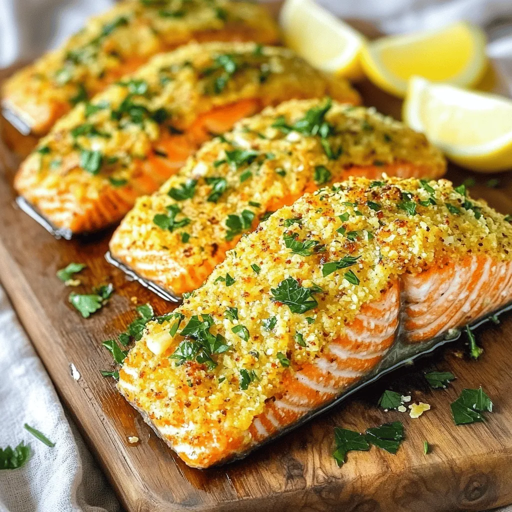 - 4 salmon fillets (approximately 6 oz each) - 1/2 cup finely grated Parmesan cheese - 1/2 cup panko breadcrumbs - 1 tablespoon fresh parsley, finely chopped - 1 teaspoon garlic powder - 1 teaspoon onion powder - 1 teaspoon smoked paprika - Salt and freshly ground black pepper to taste - 2 tablespoons extra virgin olive oil - Lemon wedges for serving Gather these ingredients before you start. You want fresh salmon and quality Parmesan for the best taste. The panko breadcrumbs give the salmon a nice crunch. Fresh parsley adds a pop of color and flavor. The seasonings are key for making your salmon flavorful. Garlic powder and onion powder boost the savory taste. Smoked paprika gives a hint of smokiness. Adjust the salt and pepper to your liking. Don't forget the extra virgin olive oil! It helps the crust stick and adds richness. Lastly, lemon wedges will brighten up each bite. Enjoy this meal, and remember, quality ingredients make all the difference! Preheating the air fryer is key. It helps the salmon cook evenly and get crispy. Set your air fryer to 400°F (200°C). This temperature ensures a nice golden crust. In a medium bowl, combine finely grated Parmesan cheese with panko breadcrumbs. Add fresh parsley, garlic powder, onion powder, smoked paprika, salt, and pepper. Mix well. This blend gives the salmon a great flavor. Start by patting the salmon fillets dry with paper towels. This helps the crust stick well. Drizzle olive oil over the fillets, coating them lightly. Then, press the Parmesan mixture onto the top of each fillet. Make sure each piece is fully covered. Place the coated salmon fillets in the air fryer basket. Keep them in a single layer to allow air to flow around them. Cook for about 8-10 minutes. The crust should turn golden brown, and the salmon should flake easily with a fork. Once cooked, take the salmon out and let it rest for a few minutes. This resting time helps keep the fish moist. Serve with lemon wedges. Squeezing lemon juice over the salmon adds a fresh and bright flavor that pairs perfectly. To get the best crust on your salmon, follow these tips: - Dry the fillets: Use paper towels to pat the salmon dry. This step helps the crust stick better. - Use the right oil: Drizzle extra virgin olive oil on both sides of the fillets. This adds flavor and aids in crisping. - Press firmly: When applying the Parmesan mixture, press it down firmly. This ensures an even coat and a solid crust. For crispy results, make sure: - The air fryer is preheated to 400°F (200°C). This gives the salmon a great start. - You do not overcrowd the air fryer basket. Cook in batches if needed. This promotes even cooking and crispiness. Cooking time can vary based on the thickness of your salmon fillets: - Thin fillets: Cook for about 8 minutes. - Thicker fillets: Aim for 10 minutes. Check for doneness; the salmon should flake easily. Each air fryer model behaves differently. Here’s what to keep in mind: - Familiarize yourself: If you have a new air fryer, test it with other foods first. This helps you understand its cooking style. - Adjust settings: If your model runs hot or cool, adjust the time or temperature to suit your needs. Pair your crispy salmon with tasty side dishes: - Fresh salads: A light salad with lemon vinaigrette balances the richness of the salmon. - Steamed veggies: Broccoli or asparagus add a fresh crunch and color. When plating, consider these techniques for a great presentation: - Use contrasting colors: Place the salmon on a bright plate. Garnish with fresh parsley for a pop of color. - Add lemon wedges: Arrange lemon wedges around the salmon. This not only looks nice but adds flavor when squeezed over the fish. {{image_4}} You can change the herbs for flavor. Try thyme, dill, or basil. Each herb brings a new taste. Adding lemon zest gives extra freshness. It brightens the dish and enhances the salmon's flavor. Use a microplane to finely grate the zest. A little goes a long way! If you want to use different cheeses, consider using pecorino or gouda. Both add unique flavors. For those who prefer vegan options, nutritional yeast works well. It gives a cheesy taste without dairy. You can also try a vegan parmesan made from nuts. This adds depth while keeping it plant-based. You can bake the salmon in the oven instead of using the air fryer. Preheat to 400°F (200°C) and cook for about 12-15 minutes. This method gives a different texture but is still tasty. If you love the outdoors, grilling is an option too. Simply season the salmon and place it on the grill. Cook over medium heat for about 6-8 minutes per side. This adds a wonderful smoky flavor to your meal. To store your leftover salmon, let it cool first. Place the salmon in an airtight container. This keeps it fresh for up to three days. I recommend using glass containers as they seal well and don’t absorb odors. You can also use plastic containers if that’s what you have on hand. Just ensure they are tightly closed. To freeze cooked salmon, wrap it tightly in plastic wrap. Then place it in a freezer-safe bag or container. This method prevents freezer burn and keeps the flavor intact. You can freeze salmon for up to three months. When you are ready to eat, thaw it in the fridge overnight for best taste. Avoid microwaving it directly from the freezer as this can lead to uneven thawing. When reheating salmon, the best method is using the oven. Preheat your oven to 350°F (175°C). Place the salmon on a baking sheet and cover it with foil. Heat for about 10-15 minutes. This keeps the salmon moist and helps maintain the crust's crunch. You can also reheat it in the air fryer for about 5 minutes at 350°F. This method helps revive the crispy texture that makes this dish so delightful. Yes, you can use skin-on salmon fillets. The skin adds flavor and helps keep the fish moist. It also gives you a nice contrast in texture. You will need to adjust the cooking time slightly. The skin will need to crisp up, so make sure to check for doneness. Cooking time depends on the thickness of the salmon. Generally, it takes 8-10 minutes in the air fryer. A thicker fillet may need a bit more time. Always check the salmon with a fork. It should flake easily when done. Yes, you can prepare the crust ahead of time. Combine the cheese, breadcrumbs, herbs, and spices. Store it in an airtight container. Keep it in the fridge for up to two days. When ready to cook, just coat the salmon and air fry. This recipe is great for meal prep. You can make several fillets at once. Pair them with veggies or grains for a complete meal. Store the cooked salmon in the fridge. It stays fresh for up to three days. The best temperature for salmon in an air fryer is 400°F (200°C). This high heat gives you a crispy crust while cooking the fish evenly. Preheat your air fryer to this temperature for the best results. You've learned how to make air-fried salmon with a crispy crust. This dish uses simple ingredients like salmon, cheese, and herbs. The steps include preparing the crust, coating the fillets, and cooking them to perfection. I shared tips for achieving the perfect crust and even cooking. You can play with flavors and methods, too. Whether you store leftovers or prepare meals ahead, this salmon stays tasty. Enjoy this easy and healthy meal anytime!