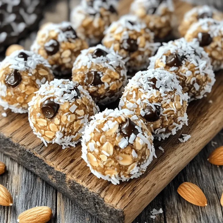 - 1 cup rolled oats - 1/2 cup almond butter - 1/4 cup honey or maple syrup - 1/2 cup shredded coconut - 1/4 cup dark chocolate chips - 1/4 cup whole almonds - 1 teaspoon vanilla extract - 1/4 teaspoon sea salt To make Almond Joy Energy Bites, gather these ingredients first. Rolled oats form the base. Almond butter adds creaminess. Honey or maple syrup gives a sweet touch. Shredded coconut adds texture and flavor. Dark chocolate chips bring a touch of sweetness. Whole almonds add crunch. Vanilla extract enhances the taste. Sea salt balances all the flavors. You can adjust the sweetness by choosing honey or maple syrup. For a twist, use unsweetened coconut. If you want a dairy-free option, pick dairy-free chocolate chips. Each ingredient plays a role in making these bites taste amazing. Using quality ingredients matters. Choose fresh nuts and organic coconut for the best taste. This recipe is simple, and you’ll have a tasty snack ready in no time. - Mixing the Base Ingredients Start by grabbing a large mixing bowl. In it, combine 1 cup of rolled oats, 1/2 cup of almond butter, and 1/4 cup of honey or maple syrup. Use a spatula or spoon to mix these ingredients well. You want them to blend until smooth and creamy. - Adding in Coconut and Chocolate Next, add 1/2 cup of unsweetened shredded coconut, 1/4 cup of dark chocolate chips, 1/4 cup of roughly chopped whole almonds, 1 teaspoon of vanilla extract, and 1/4 teaspoon of sea salt into the bowl. Stir gently, making sure everything is evenly mixed. This is where you get that classic Almond Joy flavor! - Forming the Energy Bites Now it’s time to shape your bites! Scoop out the mixture using your hands. Roll it into small balls, about 1 inch wide. If the mix is too sticky, chill it in the fridge for 10-15 minutes. This makes it easier to handle. - Setting on a Baking Sheet Line a baking sheet with parchment paper. Place the rolled energy bites on the sheet, leaving space between them. This prevents them from sticking together. - Refrigeration Time Chill the bites in the fridge for at least 30 minutes. This helps them set and firm up. After they are nice and firm, you can store them in an airtight container. Enjoy them within a week, or freeze for longer shelf life! - Airtight Container Storage: Once your Almond Joy Energy Bites are set, store them in an airtight container. This keeps them fresh and tasty. You can place them in the fridge for up to a week. - Freezing for Longer Shelf Life: If you want to save some for later, freezing works great. Just place the bites in a single layer on a baking sheet. Freeze them for a few hours, then transfer them to a bag or container. They can stay good for up to three months in the freezer. - Refrigerating the Mixture: If the mixture feels sticky while rolling, pop it in the fridge for about 10-15 minutes. This makes it easier to handle and shape into bites. - Using Wet Hands for Easier Rolling: To prevent sticking, wet your hands with a bit of water before rolling the bites. This simple trick helps the mixture glide right off your hands. {{image_4}} Nut-Free Option If you need a nut-free snack, you can swap almond butter for sun butter. This nut-free option keeps the flavor and texture you love. The other ingredients stay the same. You still get that yummy taste without the nuts. Vegan Version To make a vegan version, use maple syrup instead of honey. This small change makes it plant-based. Also, choose dairy-free chocolate chips to keep it vegan-friendly. With these swaps, you keep the same great taste while meeting your dietary needs. Adding Protein Powder Want a protein boost? Mix in your favorite protein powder. One scoop works well with the other ingredients. This simple step gives your energy bites extra nutrition and helps keep you full longer. Incorporating Different Nuts or Seeds You can switch up the nuts for variety. Try cashews, walnuts, or pecans for a unique twist. If you prefer seeds, sunflower seeds or pumpkin seeds are great choices. Mixing different nuts or seeds adds new flavors and textures to your energy bites. - Calories per Bite: Each Almond Joy Energy Bite has about 100 calories. This makes them a perfect snack when you need a quick boost. - Protein, Fats, and Carbohydrates Overview: Each bite gives you around 3 grams of protein, 5 grams of healthy fats, and 12 grams of carbs. The oats and almonds provide good carbs while almond butter adds healthy fats. - Energy Boosting Qualities: The combination of oats, almond butter, and honey provides lasting energy. This mix helps you stay active throughout the day. Perfect for a pre-workout snack! - Nutritional Value of Almonds and Coconut: Almonds are rich in vitamin E and magnesium. They help with muscle recovery. Coconut adds fiber and aids digestion. Together, they make these energy bites not just tasty but also good for your health. Almond Joy Energy Bites last up to one week in the fridge. Store them in an airtight container. This keeps them fresh and tasty. If you want them to last longer, freeze them. They can stay good for three months in the freezer. Yes, you can use peanut butter instead of almond butter. Both have a similar texture. This swap may change the flavor a bit, but it will still taste great. Just pick the one you like best! Yes, these energy bites are gluten-free. Rolled oats are naturally gluten-free. Just make sure to use certified gluten-free oats if you have a strict gluten allergy. This way, you can enjoy these bites worry-free. To make the bites less sweet, reduce the honey or maple syrup. You can also use less chocolate. Try adding more oats or coconut to balance the flavor. This way, you keep the yummy taste without all the sugar. You now know how to make tasty Almond Joy Energy Bites. We covered the ingredients, steps, and tips to make it easy. I shared fun options for variations and important nutritional facts. These bites are great for energy and taste. Feel free to customize your recipe to suit your needs. Enjoy making these energy bites and sharing them with friends or family!