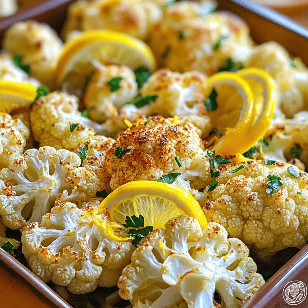 - 1 large head of cauliflower - 4 cloves fresh garlic - 3 tablespoons extra virgin olive oil - Zest and juice of 1 fresh lemon - 1 teaspoon smoky paprika - 1 teaspoon dried oregano - Sea salt and freshly ground black pepper - Fresh parsley - Lemon slices To make Lemon Garlic Roasted Cauliflower, you need fresh and simple ingredients. Start with a large head of cauliflower. Cut it into bite-sized florets. This helps it roast evenly. Fresh garlic adds a strong flavor. Use four cloves, finely minced. Next, you want good olive oil. I suggest using three tablespoons of extra virgin olive oil. This oil has a rich taste and helps the seasoning stick to the cauliflower. Seasoning is key to this dish. Use the zest and juice of one fresh lemon. The lemon gives a bright, zesty taste. Add one teaspoon of smoky paprika for depth. It brings a nice warmth. You also need one teaspoon of dried oregano. This herb adds a lovely aroma. For garnishes, use sea salt and freshly ground black pepper to taste. They enhance all the flavors. Fresh parsley adds color and freshness. Finally, lemon slices brighten your dish. They look pretty and add a nice touch when serving. Gather these ingredients, and you are ready to create a bold flavor dish! - Preheat the oven to 425°F (220°C). - Line a baking sheet with parchment paper. The first step is very important. Preheating the oven helps the cauliflower roast evenly. Lining the baking sheet makes cleaning easy later. - Combine cauliflower florets with garlic. - Add olive oil, lemon zest, and lemon juice. In a big bowl, mix the cauliflower florets and minced garlic. Then, pour in the olive oil and add the lemon zest and juice. This mix gives the cauliflower a fresh taste. You can also add smoky paprika, dried oregano, sea salt, and black pepper for extra flavor. - Toss to coat and spread in a single layer. - Roast for 25-30 minutes, stirring halfway. Now it’s time to coat the florets. Use a wooden spoon or your hands to mix everything well. Spread the coated cauliflower in a single layer on the baking sheet. This helps each piece cook properly. Roast the cauliflower for 25 to 30 minutes. Stir halfway through for an even roast. Look for a golden brown color and a tender texture. After roasting, let it cool slightly. Transfer it to a serving dish and garnish with parsley and lemon slices. Enjoy the bold flavors of this dish! To avoid soggy cauliflower, ensure you cut the florets evenly. This helps them cook at the same rate. Spread the florets in a single layer on the baking sheet. If they overlap, they will steam instead of roast. Adjust the cooking time based on your desired tenderness. For a firmer bite, roast for 25 minutes. If you like it softer, aim for 30 minutes. Stir the florets halfway through cooking. This ensures even browning and tenderness. Lemon Garlic Roasted Cauliflower pairs well with grilled chicken or fish. It also complements quinoa or a fresh green salad. For gatherings, serve it as a colorful side dish. You can also create a veggie platter with dips like hummus or tzatziki. To elevate your dish, consider serving it in a vibrant bowl. Add lemon slices and fresh parsley on top for a pop of color. Your guests will love the bright look and bold flavor. For a personal touch, try adding spices like cumin or chili flakes. These spices can give your dish a unique twist. You can also include add-ins like pine nuts or feta cheese for extra flavor. Balancing acidity is key. The lemon juice adds brightness, but you can mix in a drizzle of honey for sweetness. This will round out the flavors and create a well-balanced dish. {{image_4}} You can easily make this dish vegan. Just stick to the original recipe. All the ingredients are plant-based. For gluten-free diets, this recipe is already safe. Cauliflower, garlic, and olive oil contain no gluten. If you want to mix it up, try other veggies! Broccoli and Brussels sprouts roast well, too. You can also use sweet potatoes for a sweeter taste. For seasoning swaps, add cumin for warmth or chili flakes for heat. These changes can create a new flavor profile. For a Mediterranean twist, add olives or feta cheese. This gives a briny flavor that pairs well. You can also try an Asian-inspired version. Use sesame oil instead of olive oil and add fresh ginger. This will add a nice zing to the dish. Both options will keep the dish exciting and fresh! To store leftovers, place the cauliflower in an airtight container. This keeps it fresh. You can enjoy it for about 3 to 5 days. Always let the dish cool before sealing it. This helps avoid moisture build-up. When you're ready to eat, simply reheat it. To freeze roasted cauliflower, first let it cool completely. Then, spread it on a baking sheet. Freeze for 1 to 2 hours until firm. Once frozen, transfer it to a freezer-safe bag. Squeeze out as much air as possible. This will help prevent freezer burn. For reheating, place the frozen cauliflower on a baking tray. Bake at 400°F (200°C) for about 20 minutes. Stir halfway through to heat evenly. You can also microwave it for a quicker option, but the oven keeps it crispy. Leftover roasted cauliflower is very versatile. You can add it to salads for extra flavor. It also works well in soups or stews. Try blending it into a creamy sauce or dip. Another idea is to mix it into pasta dishes. It adds a nice texture and taste. You can even toss it in a stir-fry for a quick meal. No need to waste any of that deliciousness! You can pair Lemon Garlic Roasted Cauliflower with many dishes. Here are some tasty options: - Grilled chicken or fish for protein. - Quinoa or couscous for a grain side. - A fresh green salad for crunch. - Hummus or tzatziki for a creamy dip. - Whole grain bread for a hearty meal. These pairings make a complete and balanced meal. Yes, you can make this dish ahead of time. Here are some tips: - Roast the cauliflower and let it cool. - Store it in an airtight container in the fridge for up to three days. - Reheat in the oven at 350°F (175°C) until warm. - You can also serve it cold as a salad topping. Meal prepping helps you save time on busy days. Look for these signs of perfectly roasted cauliflower: - The florets should be golden brown. - They should feel tender when pierced with a fork. - The edges should be crispy but not burnt. These signs mean your cauliflower is ready to enjoy! In this blog post, I shared how to make Lemon Garlic Roasted Cauliflower. I covered main ingredients, seasonings, and helpful tips for roasting perfection. I also discussed serving ideas, variations, and storage methods. Remember, this dish is easy to make and can be adapted to fit your tastes. Try it out, and enjoy the fresh flavors. You will find it a flexible side that pairs well with many meals. Explore the options to make it your own and savor every bite!