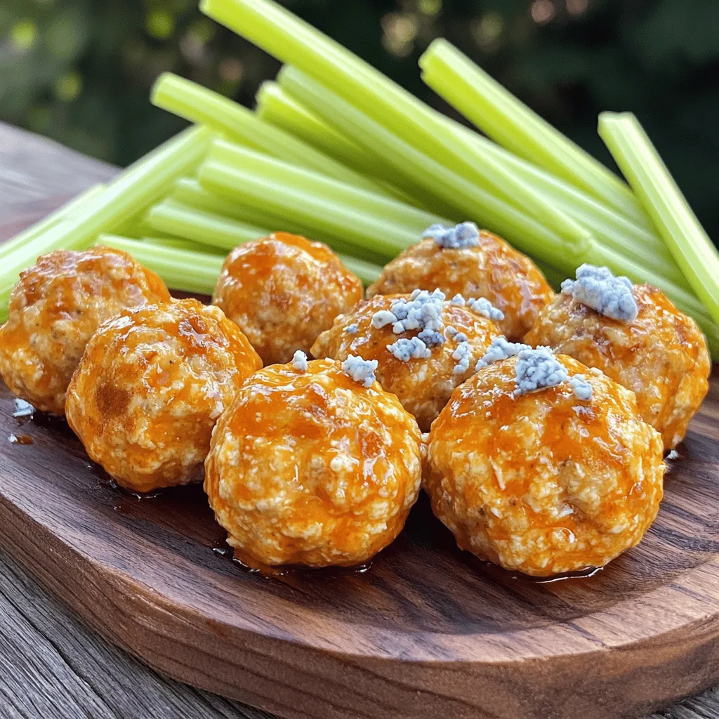 - 1 pound ground chicken - 1/2 cup breadcrumbs - 1/4 cup finely chopped green onions - 1/4 cup grated Parmesan cheese - 2 cloves garlic, minced - 1 large egg The main ingredients create a tasty base for your meatballs. Ground chicken keeps them light and juicy. Breadcrumbs add texture, while Parmesan gives a nice, cheesy flavor. Green onions bring a bit of freshness, and garlic adds depth. - 1 teaspoon onion powder - 1 teaspoon smoked paprika - 1 teaspoon salt - 1/2 teaspoon black pepper - 1/2 cup buffalo sauce (plus extra for tossing) - 1/4 cup blue cheese crumbles (optional) Seasonings make your meatballs pop with flavor. Onion powder gives a savory taste, while smoked paprika adds a hint of smokiness. Salt and black pepper balance the dish. Buffalo sauce gives a spicy kick, and blue cheese crumbles add creaminess if you choose. - Fresh celery sticks - Dipping sauces Serve your meatballs with fresh celery sticks for crunch. Dipping sauces like ranch or extra buffalo sauce enhance the flavor. These simple sides make your snack even better! - Preheat your oven to 400°F (200°C). This step is crucial for that crispy finish. - Line a baking sheet with parchment paper. It helps with easy cleanup and prevents sticking. - In a large bowl, combine the ground chicken, breadcrumbs, and chopped green onions. - Add grated Parmesan cheese, egg, minced garlic, onion powder, smoked paprika, salt, and black pepper. - Mix everything well with a spoon or your hands until it feels consistent. The right texture should be moist but not too wet. - Now, scoop out portions of the mixture. Roll them into balls about 1 to 1.5 inches wide. - You should get around 20 meatballs. Place them on the lined baking sheet, making sure they have space between them. - Bake in the preheated oven for 20-25 minutes. They should turn golden brown and reach 165°F (74°C) inside. To get crispy buffalo chicken meatballs, start with the right baking method. Bake them at 400°F (200°C). This high heat helps achieve that golden, crispy finish we all love. Spacing is key. Make sure the meatballs are not touching each other on the baking sheet. This allows hot air to circulate around each meatball. If they are too close, they will steam instead of crisp. Want to boost the flavor? Consider adding extra seasonings. You can try a pinch of cayenne pepper for heat or a touch of garlic powder for depth. Experiment with smoked paprika to give your meatballs a unique twist. Breadcrumb choice matters too. Regular breadcrumbs work well, but panko breadcrumbs add extra crunch. If you want a different taste, try using Italian-seasoned breadcrumbs. They can add extra flavor without much effort. When it comes to serving, fresh celery sticks are a must. They add a nice crunch and balance the spicy heat of the buffalo sauce. For gatherings, present your meatballs on a large platter. Drizzle extra buffalo sauce over them for a mouthwatering look. If you like, sprinkle blue cheese crumbles on top. This adds flavor and makes your dish look fancy. {{image_4}} You can swap ground chicken for ground turkey or beef. Turkey makes a great, lean choice. Beef will give a richer flavor. If you need a gluten-free option, use gluten-free breadcrumbs. They work well without changing the taste much. Hot sauce is key for flavor, but you can try different brands. Each brand has its own kick. Look for ones that suit your taste. You can also make your own buffalo sauce. Mix melted butter with hot sauce for a simple homemade version. While blue cheese crumbles are a classic topping, you can try other cheeses. Feta or goat cheese adds a nice twist. Fresh herbs like parsley or cilantro can brighten the dish. Just sprinkle some on for extra flavor and a pop of color. You should cool the meatballs before storing them. Place them in a shallow container. Cover them tightly with a lid or plastic wrap. Refrigerate the meatballs for up to four days. To reheat the meatballs, preheat your oven to 350°F (175°C). Place the meatballs on a baking sheet. Heat them for about 10 to 15 minutes. You can also microwave them for 1 to 2 minutes. You can freeze both raw and cooked meatballs. For raw meatballs, place them on a baking sheet and freeze until solid. Then, transfer them to a freezer bag. They last up to three months in the freezer. For cooked meatballs, let them cool completely. Store them in an airtight container. They can freeze for up to three months too. To thaw, place them in the fridge overnight or use the microwave. Crispy buffalo chicken meatballs fit well into meal plans. You can add them to salads, wraps, or pasta dishes. They make a great snack or main dish. Pair them with veggies, rice, or mashed potatoes for a complete meal. Enjoy the flavors while saving time in the kitchen! You can serve these tasty meatballs with several sides. Here are some popular choices: - Fresh celery sticks: They add a crunchy texture and pair well with buffalo sauce. - Carrot sticks: These offer a sweet flavor to balance the heat. - Blue cheese dressing: A classic dip that complements the bold buffalo flavor. - Ranch dressing: Many enjoy this creamy dip with buffalo dishes. - Potato wedges: These crispy treats make a filling side. - Salad: A light, fresh salad can balance the richness of the meatballs. Yes, you can prepare these meatballs ahead of time. Here are some storage tips: - Refrigeration: Store cooked meatballs in an airtight container in the fridge for up to 3 days. - Freezing: Freeze cooked meatballs for up to 3 months. Place them in a single layer on a baking sheet. Once frozen, transfer to a freezer bag. - Reheating: To reheat, bake from frozen at 350°F (175°C) for 15-20 minutes or until heated through. To check if your meatballs are done, look for these signs: - Internal temperature: The meatballs should reach 165°F (74°C) when checked with a meat thermometer. - Color: They should be golden brown on the outside and no longer pink in the center. - Firmness: Press gently; they should feel firm but spring back slightly. Yes, grilling adds a unique flavor. Here’s how to grill them: - Preheat the grill: Set it to medium heat. - Form meatballs: Make the meatballs as you would for baking. - Use skewers: Thread meatballs onto skewers for easy handling. - Grill time: Cook for about 10-12 minutes, turning frequently. Check the internal temperature to ensure they reach 165°F (74°C). - Coat with sauce: Toss the meatballs in buffalo sauce after grilling for extra flavor. This article covered how to make Crispy Buffalo Chicken Meatballs. We discussed the main ingredients, seasonings, and serving ideas. We also detailed step-by-step instructions, plus tips for achieving the best texture. Variations for ingredient swaps and sauce options were included. In summary, you can easily create delicious meatballs with flexible options. Try different spices and sauces to make them your own. Enjoy experimenting and impress your friends with this tasty dish!