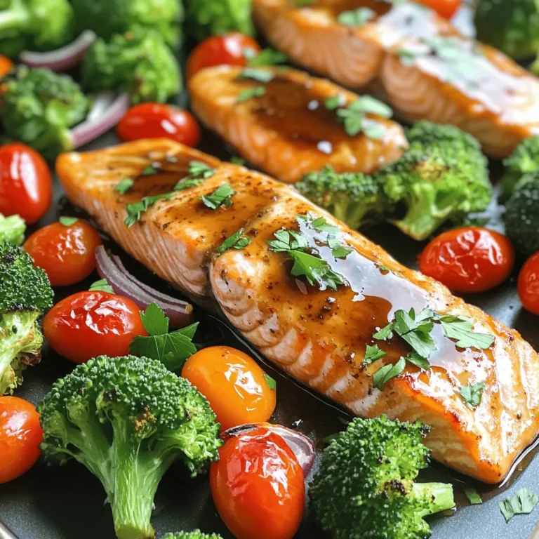 - 4 salmon fillets - 2 cups broccoli florets - 1 red bell pepper, sliced into strips - 1 cup cherry tomatoes, halved - 1 small red onion, thinly sliced - 1/4 cup pure maple syrup - 1/4 cup balsamic vinegar - 3 tablespoons extra virgin olive oil - 2 cloves garlic, finely minced - Sea salt and black pepper to taste - Fresh parsley, finely chopped for garnish I love how simple yet flavorful this dish is. The salmon brings a rich taste, while the veggies add bright colors and crunch. When I go to the market, I always look for fresh salmon fillets. They should smell like the ocean, not fishy. For the veggies, I choose vibrant broccoli, sweet red bell peppers, juicy cherry tomatoes, and mild red onions. They roast well and mix flavors beautifully. The marinade is the star here. Maple syrup adds sweetness, while balsamic vinegar gives a tangy kick. The olive oil brings it all together, making a nice coating for both salmon and veggies. Fresh garlic adds depth and warmth. I love using fresh herbs like parsley to finish the dish. They add color and a fresh taste that brightens every bite. These ingredients come together to create a meal that is not just tasty but also visually appealing. You can serve it right from the sheet pan for a rustic look or plate it for a more formal dinner. Enjoy the vibrant colors and rich flavors! First, preheat your oven to 400°F (200°C). This step helps cook the salmon and veggies evenly. Next, line a large baking sheet with parchment paper. This makes cleanup easy and stops food from sticking. In a small bowl, combine the maple syrup, balsamic vinegar, olive oil, and minced garlic. Mix these ingredients well. This marinade brings sweet and tangy flavors to the dish. Add a pinch of sea salt and black pepper for extra taste. Now, take a big mixing bowl. Add the broccoli florets, red bell pepper strips, halved cherry tomatoes, and sliced red onion. Drizzle half of the marinade over the veggies. Toss them gently to coat every piece. This step ensures the veggies soak up that delicious flavor. Spread the marinated veggies on one side of the lined baking sheet. Make sure they sit in a single layer. This helps them roast nicely. On the other side, lay the salmon fillets, skin-side down. Use a brush or spoon to apply the rest of the marinade on top of the salmon. This adds a tasty glaze. Place the baking sheet in the preheated oven. Bake for about 15-20 minutes. The salmon should flake easily with a fork when it’s done. The veggies will become soft and slightly caramelized. After baking, take the sheet pan out of the oven. Sprinkle freshly chopped parsley over the salmon and veggies. This adds a pop of color and freshness. Now, it’s time to serve and enjoy your meal! When you buy salmon, look for bright, clear skin. The fillets should feel firm and moist. Fresh salmon smells like the sea, not fishy. You can also ask your fishmonger for wild-caught salmon. It often has a richer flavor. If possible, choose salmon with a deep pink color. To get the best texture from your veggies, cut them into even pieces. This helps them cook at the same rate. Broccoli should be in small florets, while bell peppers need thin strips. Toss them in a bit of oil before roasting. This will help them get crispy edges. Make sure not to overcrowd the pan. This allows hot air to circulate for even cooking. To boost flavors in your dish, consider herbs like thyme or rosemary. You can add spices like paprika or chili flakes for heat. Lemon zest can also brighten the dish. If you like a sweet twist, add a splash of orange juice. These additions will make your meal even more delicious. Don't be afraid to try new flavors! {{image_4}} You can switch up the veggies in this dish. Try using: - Asparagus - Zucchini - Carrots - Cauliflower Each of these vegetables brings its own taste and texture. For instance, asparagus adds a nice crunch, while zucchini soaks up the flavors well. If you want to mix things up, try other marinades. Consider: - Soy sauce and honey - Lemon juice and herbs - Mustard and maple syrup These options give your dish a new twist. The sweet and salty combos work well with salmon too. Pair your dish with simple sides. Here are some ideas: - Quinoa or rice - A fresh green salad - Garlic bread These sides add balance to your meal. A nice salad with lemon dressing brightens the plate and palate. To keep your salmon and veggies fresh, use airtight containers. Let them cool first. Place the salmon fillets and veggies separately if possible. This helps keep them from getting soggy. Store them in the fridge for up to three days. Always check for any signs of spoilage before eating. To reheat your leftovers, use the oven for the best taste. Preheat the oven to 350°F (175°C). Place the salmon and veggies on a baking sheet. Heat for about 10-15 minutes or until warm. You can also use a microwave, but it may not keep the texture the same. If using a microwave, cover the dish with a damp paper towel to prevent drying out. You can freeze this dish, but the texture may change. Wrap the salmon and veggies tightly in plastic wrap, then in foil. This helps prevent freezer burn. Label the package with the date. You can freeze for up to three months. Thaw in the fridge overnight before reheating. Yes, you can use frozen salmon. Just remember to thaw it first. Place it in the fridge overnight. If you're short on time, seal it in a bag and run it under cold water. This method works well. Thawed salmon cooks more evenly. Frozen salmon may need a bit more time in the oven. Always check its doneness. You can use many vegetables with this dish. Some great options include: - Asparagus - Zucchini - Carrots - Cauliflower - Brussels sprouts These veggies add different flavors and textures. Choose what you like or what you have on hand. Just make sure they roast well. Cut them into similar sizes for even cooking. To check if the salmon is done, use a fork. Gently flake the thickest part of the fillet. If it flakes easily, it's ready. The inside should be opaque, not translucent. The fish should reach an internal temperature of 145°F (63°C). If you have a meat thermometer, it’s a handy tool for this. In this blog post, we explored a tasty salmon dish with fresh veggies and a sweet marinade. We covered how to prepare the ingredients, make the marinade, and bake it all perfectly. I shared tips to choose the best salmon and variations to switch things up. Remember, you can store leftovers and even freeze them for later. Enjoy trying this simple recipe that is both nutritious and delicious. Cook with confidence and get creative in the kitchen!