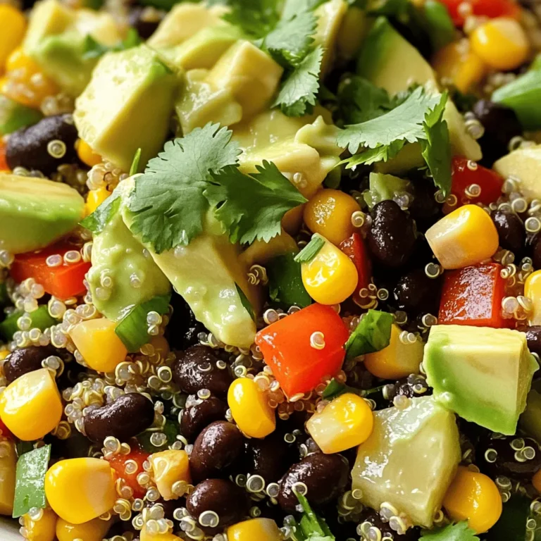 - 1 cup quinoa, rinsed thoroughly - 2 cups vegetable broth or water - 1 can (15 oz) black beans, drained and rinsed - 1 cup corn, fresh or thawed if frozen - 1 medium red bell pepper, diced - 1 small red onion, finely chopped - 1 ripe avocado, diced just before serving - 1/4 cup fresh cilantro leaves, chopped - Juice of 2 limes (about 1/4 cup) - 2 tablespoons extra virgin olive oil - 1 teaspoon ground cumin - 1 teaspoon chili powder - Salt and pepper, to taste - Additional vegetables like diced cucumber or cherry tomatoes - Cheese options like feta or cotija cheese - Protein additions like grilled chicken or shrimp To make the best Southwest Black Bean Quinoa Salad, you need fresh, quality ingredients. Quinoa acts as a great base. It is a protein-packed grain that cooks quickly. Black beans add fiber and a rich taste. Corn brings sweetness and crunch. The red bell pepper and red onion add vibrant colors and sharp flavors. Don’t forget the avocado, which gives creaminess. Fresh cilantro adds a pop of herbaceousness. Lime juice and olive oil create a zesty dressing. Ground cumin and chili powder bring warmth and spice. Adjust salt and pepper to your liking. You can customize this salad with optional add-ins. Add more veggies for extra nutrition. Cheese can add a savory touch. Protein options will make it more filling. Use these ingredients to create a fresh and quick dish that everyone will love! - First, bring 2 cups of vegetable broth or water to a rolling boil in a medium pot. - When the liquid boils, add 1 cup of rinsed quinoa. - Lower the heat to a gentle simmer and cover the pot. - Cook for about 15 minutes until the liquid is fully absorbed. - After cooking, remove the pot from heat. Let it sit covered for 5 minutes. - Finally, fluff the quinoa with a fork to separate the grains. - While the quinoa cooks, grab a small bowl. - Whisk together the juice of 2 limes and 2 tablespoons of extra virgin olive oil. - Add 1 teaspoon of ground cumin and 1 teaspoon of chili powder. - Sprinkle in a pinch of salt and pepper. - Mix until everything blends well. Adjust the taste to your liking. - In a large mixing bowl, combine 1 can of drained black beans, 1 cup of corn, and 1 diced red bell pepper. - Add 1 finely chopped red onion to the mix. - Once the quinoa has cooled slightly, add it to the bowl with the other ingredients. - Pour the dressing over the quinoa salad and gently toss to coat everything evenly. - Just before serving, fold in 1 diced avocado and 1/4 cup of chopped cilantro. - Taste and adjust the seasoning with more salt or pepper if needed. - Serve the salad right away for a fresh crunch or chill it for up to an hour for better flavor. To avoid mushy quinoa, use the right water-to-quinoa ratio. I recommend 2 cups of broth or water for every 1 cup of quinoa. Rinse the quinoa well before cooking. This removes the bitter coating called saponin. When the quinoa cooks, keep the lid on. After 15 minutes, let it sit for 5 minutes. Then, fluff it with a fork to separate the grains. Fluffing helps keep the quinoa light and airy. You can spice up your dressing easily. Try adding a pinch of cayenne pepper for heat. If you want a zesty twist, add some orange juice too. Different oils can change the flavor. Use avocado oil or sesame oil for a unique touch. For vinegars, try apple cider or red wine vinegar. Each option gives a new taste to the dish. This salad is great on its own. You can also pair it with grilled chicken or fish for a full meal. Serve it in colorful bowls to make it pop. Add extra cilantro leaves on top for color. A lime wedge on the side adds a fresh look. Serve it right away for a crunchy texture, or chill it for an hour. Chilling helps the flavors blend together. {{image_4}} The Southwest Black Bean Quinoa Salad is already vegetarian and vegan. To make it even better, you can swap out any animal-based items. Use vegan-friendly ingredients like plant-based cheese or yogurt if you want a creamy texture. This keeps the salad fresh and healthy. This recipe is gluten-free! Just check your ingredient labels. Ensure that the vegetable broth and any canned goods don't have gluten. If you follow these steps, you can enjoy the salad without worry. You can give this salad a fun twist. A Mediterranean version could use chickpeas and cherry tomatoes. Add feta cheese and a touch of oregano for extra flavor. For an Asian-inspired salad, try adding edamame and sesame oil. This adds a unique taste and takes the dish to new heights. To store your leftover Southwest Black Bean Quinoa Salad, place it in an airtight container. Keep the salad in the refrigerator. It will stay fresh for about three to four days. If you want to freeze it, I suggest not adding the avocado until you serve it. The rest of the salad freezes well for up to three months. When you're ready to eat, let it thaw in the fridge overnight. In the fridge, your salad lasts about three to four days. If frozen, it can stay good for three months. After that, the quality may go down. Always check for any odd smells or changes in color before eating. To reheat, gently warm the salad in a microwave. Use low power to avoid cooking it further. If serving cold, just take it out of the fridge. Add a splash of lime juice or olive oil to refresh the flavors. Keep the texture in mind; don't overheat! Yes, you can make this salad in advance. Here are some tips for prepping: - Cook the quinoa a day before. - Mix the salad ingredients, minus the avocado. - Store everything in the fridge. - Add the avocado right before serving. This keeps the avocado fresh and green. If you want to swap quinoa, here are some great options: - Couscous for a softer texture. - Brown rice for a heartier bite. - Farro for a nutty flavor. These grains work well and still keep the salad tasty. To keep your avocado fresh, try these storage tips: - Use lemon or lime juice on the cut surface. - Store it in an airtight container. - Place it in the fridge. These methods help keep the color bright and the flavor fresh. This blog post covered the key ingredients and steps to make a delicious salad. We explored how to cook quinoa, mix a tangy dressing, and combine flavors for the best result. I shared tips for perfecting the dish and offered variations for different diets. In closing, using fresh ingredients and exploring options adds fun to your meal. Enjoy experimenting and creating your own twists on this salad. Embrace the process and savor every bite.