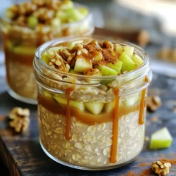 - 1 cup rolled oats - 1 ½ cups almond milk (or preferred milk type) - 1 medium apple, diced (Granny Smith or Honeycrisp recommended) - 2 tablespoons caramel sauce (plus extra for drizzling) - 1 tablespoon chia seeds - 1 teaspoon ground cinnamon - 1 tablespoon pure maple syrup (optional) - ½ teaspoon vanilla extract - Pinch of salt - Chopped nuts (e.g., walnuts or pecans) for topping To make caramel apple overnight oats, you need simple ingredients that pack flavor. Start with rolled oats. They give a nice, chewy base. Almond milk is my go-to for creaminess, but any milk works well. Next, pick a good apple. I love Granny Smith for its tartness, but Honeycrisp adds sweetness. Caramel sauce is a must for that rich taste. Chia seeds add a fun texture and help thicken the oats. Ground cinnamon gives warmth, while maple syrup can sweeten it up if you like. Don’t forget vanilla extract for an extra layer of flavor and a pinch of salt to balance everything out. Top it off with your favorite nuts. Walnuts or pecans give a nice crunch. With these ingredients, you create a tasty morning treat that's easy and fun to prepare. - In a big bowl, combine 1 cup rolled oats and 1 ½ cups almond milk. - Add 1 tablespoon chia seeds, 1 teaspoon ground cinnamon, and a pinch of salt. - If you want extra sweetness, include 1 tablespoon pure maple syrup and ½ teaspoon vanilla extract. - Mix everything well. You want a smooth blend where all the oats soak up the milk. - Now it’s time for the apples! Fold in 1 medium diced apple. - Drizzle in 2 tablespoons caramel sauce and mix gently. - Make sure the apple and caramel are spread evenly throughout the mixture. - Grab some airtight jars or containers. - Portion the mixture into these jars, making sure each has apple chunks. - Seal the jars tightly and place them in the fridge. Let them chill overnight or at least for 5 hours. - When you’re ready to eat, stir the oats well. - If you find it too thick, add a splash of almond milk and mix. - Top your oats with chopped nuts like walnuts or pecans. - Drizzle on more caramel sauce and add a sprinkle of cinnamon for extra flavor. You can make your caramel apple overnight oats unique. Try different types of milk like oat, coconut, or whole milk. Each type adds a special taste. You can also mix in seeds like flax or hemp for more nutrition. Add other fruits like berries or bananas. They bring color and flavor to your dish. Soaking time is key for creamy oats. If you want softer oats, soak them longer. For thicker oats, use less liquid or soak for a shorter time. You can also mix in more chia seeds, which help absorb liquid and thicken your oats. If they are too thick, just add a splash of milk to reach your desired texture. Serving your oats in glass jars makes them look great. You can see the layers of oats and apples. It’s fun to eat from a jar! To make it even better, garnish with fresh apple slices and a sprinkle of nuts on top. This adds crunch and freshness to every bite. {{image_4}} You can make your caramel apple overnight oats even more fun. - Adding chocolate or cocoa powder: Mix in one tablespoon of cocoa powder for a chocolate twist. This adds a rich flavor that pairs well with the sweet apple and caramel. - Incorporating nut butter: Swirl in your favorite nut butter, like almond or peanut butter. This will give your oats a creamy texture and a boost of protein. You can adapt this recipe to fit your needs. - Making it vegan-friendly: Use maple syrup instead of honey. Ensure your caramel sauce is vegan too. This way, everyone can enjoy this tasty treat. - Gluten-free options: Use certified gluten-free oats if you need a gluten-free meal. This keeps the oats safe for those with gluten allergies. You can try different fruits to change up the flavor. - Seasonal fruits to try: In fall, use pears or figs. In spring, add strawberries or blueberries. Each fruit brings its own unique taste. - Alternative fruit toppings: Instead of nuts, top with coconut flakes or seeds like pumpkin or sunflower. They add crunch and nutrition. To keep your caramel apple overnight oats fresh, use airtight containers. Glass jars work great because they seal tightly. This helps to lock in the flavors. You can also use plastic containers if you prefer. Store the oats in the refrigerator. They will last for up to five days. Just make sure to check for any changes before you eat. You can enjoy your oats cold, right from the fridge. Some people like them warm. If you want to heat them, add a splash of almond milk. This keeps them creamy. Place the oats in the microwave for about 30 seconds. Stir and check the warmth. If they need more time, heat in 10-second bursts. Enjoy your delicious oats any way you like! You can store your overnight oats for up to five days. Keep them in airtight containers. This helps to keep them fresh. The oats will soak up the milk and flavors over time. After three days, they may start to lose texture. Always check for any signs of spoilage before eating. You can use quick oats, but the texture will change. Quick oats cook faster and become softer. They may not hold the same structure as rolled oats. If you like a creamier texture, quick oats work well. For a chewier bite, stick with rolled oats. You can use many types of milk. Options include soy milk, oat milk, or cow's milk. Each type brings its own flavor. Almond milk is light and nutty, while oat milk is creamy. If you are lactose intolerant, soy milk is a great choice. Different milks may change the taste and texture, so experiment to find your favorite! This blog post covered how to make tasty overnight oats with simple ingredients. You learned to mix oats, fruits, and flavors easily. We also discussed ways to customize your recipe and the best storage tips. Remember, you can adjust the recipe to match your taste and diet. Make it fun by trying new ingredients! Overnight oats are a healthy choice for breakfast, and they save you time. Enjoy your creations and share the joy with others!