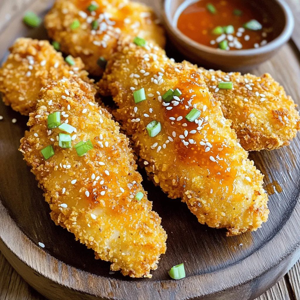 To make these tasty chicken tenders, you need: - 1 pound chicken tenders - 1/2 cup all-purpose flour - 1 large egg, beaten - 1 cup panko breadcrumbs These ingredients create a juicy and crispy base for your dish. Flavor makes all the difference! You will need: - 1 teaspoon garlic powder - 1/2 teaspoon salt - 1/2 teaspoon black pepper These seasonings add a savory touch. The flour helps the chicken stick to the breading. The sauce brings everything together. For the sweet chili sauce, gather: - 1/4 cup sweet chili sauce - 1 tablespoon low-sodium soy sauce - 1 teaspoon sesame oil This mix adds a sweet and spicy kick. Garnish with chopped green onions and sesame seeds for extra flair. First, gather your chicken tenders. You’ll need one pound for this recipe. In a large bowl, mix the all-purpose flour, garlic powder, salt, and black pepper. This blend gives the chicken great flavor. Toss the chicken tenders in the flour mixture until they are coated evenly. This step helps the breading stick well. Now, let’s set up your breading station. You need two bowls. In the first bowl, beat one large egg. This will help the breadcrumbs stick. In the second bowl, pour in one cup of panko breadcrumbs. These breadcrumbs will make the tenders crispy. You’re ready to coat the chicken! Before cooking, preheat your air fryer to 400°F (200°C) for five minutes. This ensures even cooking. Lightly spray the air fryer basket with cooking spray or brush it with oil. Place the breaded chicken tenders in a single layer. They should not touch. This spacing helps them get nice and crispy. Cook for ten minutes. Flip the tenders halfway through to brown both sides. Make sure they reach an internal temp of 165°F (75°C). While the chicken cooks, let’s make the sweet chili sauce. In a small bowl, combine 1/4 cup sweet chili sauce, 1 tablespoon low-sodium soy sauce, and 1 teaspoon sesame oil. Stir this mix until it’s well blended. This sauce adds a sweet and tangy kick to your chicken. When the chicken is done, carefully take it out of the air fryer. Place the tenders in a large bowl and drizzle the sweet chili sauce over them. Toss gently to coat. Transfer the glazed chicken tenders to a serving platter. For a colorful touch, sprinkle sesame seeds and chopped green onions on top. Serve with a small bowl of extra sweet chili sauce for dipping. Enjoy your crispy treats! To get that perfect crunch, follow these tips: - Use panko breadcrumbs for extra texture. - Space the chicken tenders apart in the fryer. - Spray a light coat of oil on the tenders before cooking. - Flip them halfway through cooking for even crispiness. Set your air fryer to 400°F (200°C). Preheat it for about 5 minutes. Cook the chicken tenders for 10 minutes. Flip them at the halfway mark. Make sure they reach 165°F (75°C) inside. This ensures they are cooked through and safe to eat. Avoid these common errors to get the best results: - Don’t overcrowd the basket; this leads to soggy tenders. - Skip the flour coating at your own risk; it helps with crispiness. - Forgetting to preheat can make cooking uneven. - Not checking the internal temperature may lead to undercooked chicken. By keeping these tips in mind, you can make the best air fryer sweet chili chicken tenders. Enjoy the crunch! {{image_4}} You can switch up the sweet chili sauce for different flavors. Here are some ideas: - Buffalo Sauce: For a spicy kick, use buffalo sauce. It adds heat and flavor. - Honey Mustard: Mix honey and mustard for a sweet, tangy sauce. It pairs well with chicken. - Barbecue Sauce: Try your favorite BBQ sauce for a smoky taste. It’s a crowd-pleaser. - Teriyaki Sauce: For a sweeter Asian twist, use teriyaki sauce. It adds a nice glaze. These sauces offer new tastes and keep things fun. Don’t hesitate to mix and match! If you need a gluten-free meal, you can still enjoy these chicken tenders. Here’s how: - Flour: Substitute all-purpose flour with gluten-free flour. Almond flour or coconut flour work great too. - Breadcrumbs: Use gluten-free panko breadcrumbs. They still give that nice crunch. - Soy Sauce: Opt for gluten-free soy sauce. It tastes just as good and keeps the dish flavorful. These swaps help you enjoy the dish without the gluten. You can use different proteins or vegetables to mix it up. Here are some tasty options: - Chicken Breasts: Cut chicken breasts into strips for a thicker tender. - Turkey Tenders: Turkey is a leaner option and still delicious. - Tofu: For a plant-based twist, use firm tofu. It soaks up flavors well. - Vegetables: Try air frying vegetables like zucchini or bell peppers. They turn crispy and tasty. These variations let you explore new flavors while keeping the cooking method fun and easy. You can store leftover sweet chili chicken tenders in the fridge. Place them in an airtight container. They stay fresh for about 3 to 4 days. Make sure to let them cool first. This helps keep them crispy when you reheat. To reheat, I suggest using the air fryer again. Preheat it to 375°F (190°C). Cook the tenders for about 5 to 7 minutes. This method helps restore their crunch. You can also use a microwave, but it may make them soft. If you choose this, cover them with a damp paper towel to keep moisture in. If you want to save some for later, freezing is a great choice. Place the cooked tenders in a freezer-safe bag. Remove as much air as possible before sealing. They last up to 2 months in the freezer. When ready to eat, thaw them overnight in the fridge. Then, reheat in the air fryer for the best results. Cook chicken tenders in the air fryer for 10 minutes at 400°F (200°C). Flip them halfway through for even cooking. Check that the internal temperature reaches 165°F (75°C) for safety. Yes, you can use chicken breasts. Cut them into strips to match the size of tenders. Adjust cooking time slightly, as thicker pieces may need a bit longer to cook through. Serve sweet chili chicken tenders with rice, steamed veggies, or a fresh salad. You can also add a side of extra sweet chili sauce for dipping. This combo makes a tasty meal. Absolutely! These chicken tenders store well. You can make them ahead of time and keep them in the fridge. Reheat them in the air fryer for a quick meal later. You've learned how to make tasty chicken tenders using an air fryer. We covered the key ingredients, how to prepare and cook them, and even shared some helpful tips. Remember to keep an eye on the cooking time for best results. You can use various sauces, and feel free to get creative with ingredients. Enjoy your crispy chicken tenders, and don’t forget to explore different options for sides or storage. A little twist can make your meal more fun and fresh!