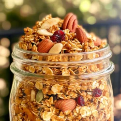 To make my Pumpkin Spice Granola, gather the following ingredients: - 2 cups rolled oats - 1 cup pumpkin puree - 1/2 cup honey or maple syrup - 1/2 cup almonds, roughly chopped - 1/2 cup pecans, roughly chopped - 1/4 cup sunflower seeds - 1/4 cup flaxseeds - 2 teaspoons pumpkin pie spice - 1 teaspoon pure vanilla extract - 1/2 teaspoon sea salt - 1/2 cup raisins or dried cranberries (optional) This mix brings together flavors that warm your soul. The rolled oats provide a hearty base. The pumpkin puree adds a creamy texture and rich taste. Honey or maple syrup sweetens the granola, while nuts and seeds give you crunch. Pumpkin pie spice is key; it adds warmth and sweetness. The vanilla extract rounds out the flavors. Sea salt enhances everything and balances the sweetness. If you want a touch of sweetness, toss in raisins or cranberries. Each ingredient plays a role. Together, they create a tasty, crunchy breakfast you will love. 1. Preheat the oven to 350°F (175°C). This step gets your oven ready for baking. A hot oven helps your granola get that perfect crunch. 2. Prepare the baking sheet with parchment paper. Line your sheet with parchment. This makes cleanup easy and helps the granola not stick. 3. Mix dry ingredients in a bowl. In a large bowl, combine: - 2 cups rolled oats - 1/2 cup almonds, roughly chopped - 1/2 cup pecans, roughly chopped - 1/4 cup sunflower seeds - 1/4 cup flaxseeds - 2 teaspoons pumpkin pie spice - 1/2 teaspoon sea salt Stir them well. You want every piece to be coated in those tasty spices. 4. Combine wet ingredients in a separate bowl. In another bowl, whisk together: - 1 cup pumpkin puree - 1/2 cup honey or maple syrup - 1 teaspoon pure vanilla extract Mix until it is smooth. This creates a sweet and creamy base. 5. Combine wet and dry mixtures. Pour the wet mix into the dry ingredients. Stir gently until everything is well coated. This is where the magic happens! 6. Bake the granola. Spread the mixture evenly on your prepared baking sheet. Bake for 25-30 minutes. Stir halfway through to help it brown evenly. When it turns golden, it’s almost ready. 7. Cool the granola and add optional ingredients. Once baked, take it out and let it cool completely on the sheet. This step is key for crunch. If you like, mix in 1/2 cup raisins or dried cranberries for extra sweetness. 8. Store your granola. After cooling, transfer your granola to an airtight container. This keeps it fresh and delicious for days. By following these steps, you will have a crunchy and flavorful pumpkin spice granola. Enjoy it with yogurt or as a quick snack! - Ensure even coating of the oats and nuts: Start by mixing the dry and wet ingredients well. This step makes sure all the oats and nuts get a nice pumpkin flavor. Use a spatula to mix them. - Importance of stirring halfway through baking: When baking, stir the granola halfway. This helps it brown evenly and prevents burning. Give it a good toss to mix up the layers. - Cooling techniques for maximum crunch: Let the granola cool on the baking sheet after baking. This cooling helps it get crispy. Don't rush this step; it makes a big difference in texture! - Serving suggestions in jars or over yogurt: I love serving granola in clear jars. You can see the beautiful layers. It's also great on yogurt or oatmeal for breakfast. - Garnishing ideas for visual appeal: Add dried fruit or fresh berries on top. This makes your granola look even more inviting. A sprinkle of extra pumpkin spice can add a nice touch, too! {{image_4}} You can easily switch some ingredients in this granola recipe. If you want to use different nuts or seeds, you can. Try walnuts, hazelnuts, or even pumpkin seeds. Each nut adds its own flavor and texture. For sweeteners, honey and maple syrup are both great. Honey gives a rich taste, while maple syrup adds a subtle sweetness. You can also use agave syrup or brown sugar if you prefer. When it comes to spices, pumpkin pie spice is a must, but you can add more. A sprinkle of cinnamon or nutmeg can boost the flavor. Just remember, a little goes a long way! Do you want to make your granola sweeter? Add coconut flakes! They bring a wonderful texture and sweetness. You can also mix in chocolate chips or pieces. This adds a fun treat to your breakfast. Just fold them in after baking for a little indulgence. To keep your pumpkin spice granola fresh, follow these tips: - Use an airtight container: This helps prevent air and moisture from getting in. You can use glass jars, plastic containers, or resealable bags. - Store in a cool, dry place: A pantry or cupboard is perfect. Avoid warm areas like near the stove. - Keep it away from sunlight: Light can make the granola stale faster. Homemade granola can last about two weeks when stored properly. If you like, you can freeze it for longer storage. Just make sure to use an airtight container. It can stay fresh for up to three months in the freezer. If your granola becomes stale, don’t worry! You can easily rejuvenate it. - Spread it on a baking sheet: Preheat your oven to 350°F (175°C). Bake it for about 5-10 minutes. This will help it regain its crunch. - Let it cool: After baking, let it cool before storing again. You can also use leftover granola in various ways. - Sprinkle it on yogurt or oatmeal: This adds flavor and texture. - Mix it into smoothies: It makes a great addition to your morning blend. Enjoy your delicious pumpkin spice granola in new and fun ways! Pumpkin spice granola is a crunchy breakfast mix made with oats, nuts, and pumpkin puree. It has warm spices that give it a cozy, fall flavor. This granola is perfect for adding to yogurt or enjoying with milk. Yes, you can use gluten-free oats! Just check the label to ensure they are certified gluten-free. This way, everyone can enjoy the pumpkin spice goodness. It takes about 40 minutes to make pumpkin spice granola. This includes 10 minutes for prep and 25-30 minutes for baking. You get a tasty breakfast in no time! Absolutely! Pumpkin spice granola is great for meal prep. You can make a big batch and store it in an airtight container. It stays fresh for weeks, making breakfast easy during busy mornings. Here are some fun topping ideas: - Fresh fruit like bananas or berries - A drizzle of yogurt - A sprinkle of chia seeds - A dollop of nut butter Mix and match for your perfect breakfast! Yes, you can freeze granola! Place it in a freezer-safe bag or container. It can last for up to three months in the freezer. Just thaw it in the fridge when you're ready to enjoy it again. You now know how to make delicious pumpkin spice granola. We covered the tasty ingredients, easy steps to prepare it, and helpful tips for great results. You can adjust flavors and store your granola for fresh snacks later. Enjoy your crunchy treat with yogurt or as a topping. Get creative with mix-ins and flavors. Making granola is fun and rewarding. Try making it today!