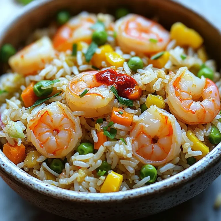 - 1 lb shrimp, peeled and deveined - 2 cups cooked jasmine rice (preferably day-old for best texture) - 4 cloves garlic, finely minced - 2 tablespoons chili paste (adjust to your spice preference) - 2 tablespoons soy sauce - 1 tablespoon oyster sauce (optional for extra depth of flavor) - 1 cup mixed vegetables (such as carrots, peas, and corn) - 2 green onions, finely sliced - 2 large eggs, lightly beaten - 3 tablespoons vegetable oil (divided) - Salt and black pepper to taste Gather all these ingredients before you start. Fresh shrimp adds a nice touch. Day-old jasmine rice gives the best texture. This rice is less sticky, which helps in frying. You can use any mixed vegetables you like. Carrots, peas, and corn work great. Adjust the chili paste to your taste. If you like it spicy, add more. The oyster sauce is optional, but it adds great flavor. Make sure your garlic is minced well to bring out its flavor. This dish also needs green onions for a fresh crunch. Don't forget the eggs; they add richness. Finally, have your vegetable oil on hand for frying. With these ingredients ready, you're set to make a delicious meal. To start, I marinate the shrimp. I mix 1 pound of peeled and deveined shrimp with 2 tablespoons of chili paste. I also add a pinch of salt. I stir it well and let it sit for about 10 minutes. This helps the shrimp soak up all that yummy flavor. Next, I prepare the rice. I use about 2 cups of cooked jasmine rice, which is best if it's day-old. If I don’t have day-old rice, I spread freshly cooked rice on a baking sheet. I fluff it with a fork to cool it down and separate the grains. Now, let’s get cooking! - Sauté the Shrimp: I heat 1 tablespoon of vegetable oil in a large skillet over medium-high heat. I add the marinated shrimp and cook for 2-3 minutes. I stir occasionally until the shrimp turn pink and opaque. Once they are done, I set them aside on a plate. - Scramble the Eggs: In the same skillet, I add a splash more oil if needed. I pour in 2 beaten eggs and scramble them quickly. I cook them for about 1-2 minutes until just set. Then, I move the eggs to a separate plate. - Sauté the Vegetables: Next, I add the remaining oil to the skillet. I toss in 4 minced garlic cloves and sauté for about 30 seconds until fragrant. Then, I add 1 cup of mixed vegetables like carrots, peas, and corn. I stir-fry for about 3-4 minutes until they are tender but still crisp. - Combine All Ingredients: I add the cooled jasmine rice to the skillet, breaking up any clumps. I drizzle in 2 tablespoons of soy sauce, 1 tablespoon of oyster sauce if I want extra flavor, and the remaining chili paste. I stir everything together well. - Reintroduce Shrimp and Eggs: Finally, I fold the cooked shrimp and scrambled eggs back into the rice. I season with salt and black pepper to taste. I stir-fry everything for another 2-3 minutes until heated through. - Finish with Green Onions: To finish, I add 2 finely sliced green onions and mix well. This adds a nice crunch and fresh flavor to the dish. Now, your Chili Garlic Shrimp Fried Rice is ready to serve! - Adjust the chili paste to match your spice level. If you like it hot, add more! - Using day-old rice gives the best texture. It helps keep the rice fluffy and not sticky. - Sauté shrimp quickly over medium-high heat. This keeps them juicy and tender. - When scrambling eggs, use a gentle touch. Cook them just until set to keep them soft. - Serve the fried rice in bright bowls to make it pop. - Top with extra green onions and a sprinkle of sesame seeds for a nice touch. {{image_4}} You can switch up the shrimp for other proteins. Chicken or tofu work great here. Just cut them into small pieces and follow the same steps. You can also mix and match your veggies. Try bell peppers, broccoli, or snap peas for a fresh twist. Want more heat? Add extra chili paste or some red pepper flakes. If you like it milder, use less chili paste. You can also balance spice with a little sugar or honey. This can help tone down the heat while keeping the flavor. If you need gluten-free options, choose tamari instead of soy sauce. Make sure to check the labels. Some oyster sauces are gluten-free too. Always look for brands that cater to your dietary needs to enjoy this dish without worry. Store leftover chili garlic shrimp fried rice in an airtight container. Make sure it cools before sealing. This helps keep the rice fresh. You can keep it in the fridge for up to three days. If you plan to eat it later, label the container with the date. To reheat fried rice, use a skillet over medium heat. Add a splash of water or oil to keep it moist. Stir the rice often to prevent sticking. Heat until it is warm throughout. You can also use the microwave. Cover the rice with a damp paper towel and heat for one to two minutes. To freeze fried rice, let it cool completely first. Then, portion it into freezer-safe bags or containers. Remove as much air as possible to avoid freezer burn. You can freeze it for up to three months. To thaw, place it in the fridge overnight or use the microwave on defrost. Stir well before serving. Yes, you can use frozen shrimp. Just thaw them first. - Tips for using frozen shrimp: - Place the shrimp in cold water for about 15-20 minutes. - Drain and pat them dry before marinating. - Ensure they are peeled and deveined. You can easily make it vegetarian. - Substitute shrimp and adjust sauces: - Use tofu or tempeh instead of shrimp. - Replace soy sauce with a gluten-free option if needed. - Adjust the chili paste for extra flavor. The best rice for fried rice is jasmine rice. - Explanation of rice types: - Jasmine rice has a nice aroma and fluffy texture. - Day-old rice works best since it's less sticky. - Basmati rice is another option for a different flavor. Adding more heat is easy! - Additional methods for enhancing heat: - Increase the amount of chili paste in the recipe. - Try adding sliced fresh chili peppers. - A dash of hot sauce can also boost flavor. This recipe for shrimp fried rice covers all you need. You learn about ingredients, cooking steps, and storage tips. I explained how to make it taste great and look nice. You can also adjust spice levels and choose alternative ingredients. Try making this dish your own with different flavors. Enjoy the fun of cooking and share it with friends!