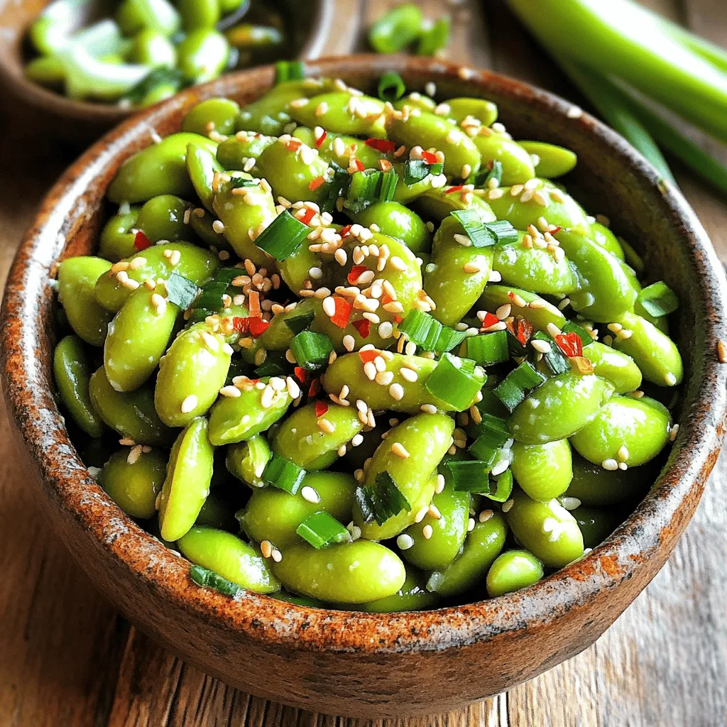 To make Spicy Garlic Edamame, you need a few simple ingredients. Here’s what you will gather: - 2 cups edamame in pods (fresh or frozen) - 3 tablespoons olive oil - 4 cloves garlic, minced - 1-2 teaspoons red pepper flakes (adjust for spice preference) - 1 tablespoon soy sauce - 1 tablespoon sesame oil - 1 teaspoon freshly grated ginger - Salt, to taste - Toasted sesame seeds, for garnish - Chopped green onions, for garnish You can use fresh or frozen edamame for this recipe. Fresh edamame pods are often sweeter and have a nice crunch. They also take a bit longer to prepare. You just rinse them under cold water and dry them off. Frozen edamame is super convenient. It cooks quickly and is usually just as tasty. If you choose frozen, boil them for about 4-5 minutes. This gives you the tender texture we want without losing the flavor. The seasonings give the edamame a bold kick. Olive oil is the base for sautéing garlic. Garlic adds a rich flavor that pairs well with the heat from red pepper flakes. Soy sauce brings a salty depth. Sesame oil adds a nutty aroma. Freshly grated ginger gives a nice zing. For garnishes, toasted sesame seeds add crunch. Chopped green onions bring freshness and color. These toppings not only look great but also enhance the dish's flavor profile. To start, if you choose frozen edamame, boil a large pot of salted water. Add the edamame pods to the boiling water. Cook them for about 4-5 minutes until they feel tender yet firm. Drain the edamame in a colander and set them aside. If you use fresh edamame, just rinse the pods under cold water and pat them dry. Next, grab a large skillet or frying pan. Heat 3 tablespoons of olive oil over medium heat. Once the oil is hot, add 4 minced garlic cloves. Sauté for 1-2 minutes, stirring often. You want the garlic to be fragrant and light golden. Be careful; burnt garlic will ruin the taste. Now, add the cooked edamame pods to the skillet. Sprinkle in 1-2 teaspoons of red pepper flakes, 1 tablespoon of soy sauce, 1 tablespoon of sesame oil, and 1 teaspoon of freshly grated ginger. Use a spatula to mix everything well. Cook for another 2-3 minutes so the flavors blend nicely. Taste the mix and add salt as needed. If you want more heat, add more red pepper flakes. Once seasoned, take the skillet off the heat. Transfer the spicy garlic edamame into a large serving bowl. Make sure to scrape up all the flavorful bits from the skillet. Before serving, top with toasted sesame seeds and chopped green onions. This adds a nice crunch and extra flavor. Enjoy this bold snack! When choosing edamame, look for bright green pods. They should feel firm and plump. Avoid any that look yellow or shriveled. Fresh edamame has a crisp texture and a sweet taste. Frozen edamame is also a great option if fresh is not available. Just check the packaging for quality. To change the heat, start with one teaspoon of red pepper flakes. You can always add more if you like it spicy. If you want less heat, use fewer flakes. Taste the dish before serving. This helps ensure it suits your taste. Remember, you can always adjust after cooking. You can prepare the edamame in advance. Cook the pods and mix them with the sauce. Store them in an airtight container in the fridge. When you're ready to eat, heat them in a skillet. This keeps them fresh and tasty. Enjoy them warm for the best flavor! {{image_4}} You can make spicy garlic edamame heartier by adding protein. Try throwing in cooked shrimp or grilled chicken. The protein pairs well with the spicy garlic flavor. For a vegetarian option, add cubes of firm tofu. Simply sauté the tofu until golden before mixing it with the edamame. This recipe is already mostly vegetarian and vegan. Just ensure your soy sauce is vegan. You can use tamari as a gluten-free option. If you want a unique twist, add some cooked lentils or chickpeas. This will boost the protein and fiber content while keeping it plant-based. Want to spice things up even more? Add a splash of fresh lime juice before serving. The citrus brightens the dish. You can also toss in some toasted nuts, like cashews or almonds, for extra crunch. They add great texture and flavor to the overall dish. To keep leftover edamame fresh, let it cool first. Use an airtight container. Store it in the fridge for up to three days. This keeps the flavor and texture nice. If you find it too cold, let it sit out for a bit before eating. When ready to eat, you can reheat your edamame easily. The best way is to use a skillet. Heat it on low and add a splash of water. Stir occasionally until it warms through. You can also microwave it. Just put it in a bowl with a little water. Cover it and heat for about one minute. Freezing edamame is a great option too. After cooking, let it cool completely. Place it in a freezer bag or container. Remove as much air as possible before sealing. This way, it can last up to three months in the freezer. When you need it, just thaw it in the fridge overnight. Then, reheat it as you like! Edamame are young soybeans in pods. They are tasty and packed with nutrients. These little green gems provide protein, fiber, vitamins, and minerals. One cup of cooked edamame has about 17 grams of protein. They are low in calories, making them a great snack. Edamame also contains antioxidants, which can help fight free radicals in the body. Eating edamame can support heart health and aid digestion. If you prefer not to use the stovetop, you can cook edamame in the microwave. Place the edamame pods in a microwave-safe bowl. Add a splash of water and cover the bowl with a plate. Microwave for about 3-5 minutes. Check for doneness; they should be tender yet firm. You can also steam them in a steamer basket. Just make sure to keep an eye on the time to avoid overcooking. Yes, you can use garlic powder instead of fresh garlic. Garlic powder offers a different flavor, but it works well in this recipe. Use about 1 teaspoon of garlic powder for every clove. Adjust to your taste, as garlic powder can be less intense than fresh. However, fresh garlic gives a more robust flavor and aroma. I recommend trying both to see which you prefer! Yes, spicy garlic edamame can be gluten-free. Just make sure to choose gluten-free soy sauce. Many brands offer gluten-free options. The main ingredients, edamame, olive oil, garlic, and spices, are naturally gluten-free. This dish is a great choice for those with gluten sensitivities. Always check the labels to be sure your ingredients are safe! In this post, we explored how to make delicious spicy garlic edamame. We covered ingredients, preparation, and tips for selecting the best edamame. You can adjust spice levels and add protein for extra flavor. Storing leftovers and reheating is easy, so you can enjoy them later. If you try this dish, you’ll enjoy a tasty and healthy snack. Keep experimenting with flavors and ingredients to make it your own!