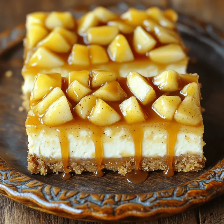 - 1 ½ cups graham cracker crumbs - ½ cup unsalted butter, melted - ¼ cup granulated sugar The crust is the base of the bars. It is easy to make. You need graham cracker crumbs, melted unsalted butter, and granulated sugar. Mix these three well. This makes a sweet, crunchy layer. Press the mixture into your pan. Bake it for about 8-10 minutes. It should look golden and set. - 16 oz cream cheese, softened to room temperature - ¾ cup granulated sugar - 2 large eggs, at room temperature - 1 tsp vanilla extract - 1 tsp ground cinnamon For the cheesecake layer, soft cream cheese is key. Mix it with sugar until smooth. Add eggs one at a time. This helps keep it creamy. Stir in vanilla and cinnamon for flavor. This layer is rich and creamy, bringing balance to the sweet crust. - 2 cups apples (Granny Smith or Honeycrisp), peeled and diced - ¼ cup brown sugar - 1 tsp ground cinnamon - ½ tsp ground nutmeg - 2 tablespoons fresh lemon juice The apple topping adds freshness. Choose Granny Smith or Honeycrisp apples. They add a nice tartness. Mix diced apples with brown sugar, cinnamon, nutmeg, and lemon juice. This will coat the apples in a sweet, spicy mix. It makes each bite juicy and flavorful. - Store-bought or homemade caramel sauce The caramel drizzle is the final touch. You can use store-bought or make your own. It adds sweetness and richness. Drizzle it over the bars before serving for a delicious finish. This makes the dessert look and taste gourmet. - Preheat your oven to 325°F (163°C). This helps the crust bake evenly. - In a medium bowl, mix 1 ½ cups of graham cracker crumbs, ½ cup of melted unsalted butter, and ¼ cup of granulated sugar. Stir until it looks like wet sand. - Press the mixture firmly into a 9x9 inch baking pan. Bake for 8-10 minutes or until lightly golden. This creates a solid base for our bars. - In a large bowl, beat 16 oz of softened cream cheese with ¾ cup of sugar. Use an electric mixer for a smooth mix. - Add in 2 large eggs, one at a time. Mix well after each egg. Then, stir in 1 tsp of vanilla extract and 1 tsp of ground cinnamon. This gives the cheesecake its rich flavor. - Pour the cheesecake batter over the cooled crust. Spread it evenly with a spatula. - In a separate bowl, mix 2 cups of diced apples, ¼ cup of brown sugar, 1 tsp of ground cinnamon, ½ tsp of ground nutmeg, and 2 tablespoons of fresh lemon juice. Toss the apples to coat well. - Spread the apple mix evenly over the cheesecake layer. Press down lightly to help the apples stick. - Bake the assembled cheesecake bars for 40-45 minutes. Look for lightly golden edges. The center can jiggle but will set as it cools. - After baking, let them cool at room temperature for at least 30 minutes. Then, refrigerate for 2 hours. This step is crucial for easy slicing. To get the right texture, soften the cream cheese well. Take it out of the fridge an hour before you start. This step makes it easier to mix. If your cream cheese is too cold, lumps will form. Mix the cream cheese and sugar until it is very smooth. This will help your cheesecake layer be creamy and soft. When making the cheesecake layer, mix well after adding each egg. This ensures a uniform batter. The vanilla and cinnamon should blend in completely. Arranging the cheesecake bars is key for a great look. Cut them into even squares for nice portions. Place them on a pretty plate to impress your guests. For a lovely finish, dust the tops with powdered sugar. A light sprinkle of cinnamon adds a warm touch. Drizzle some extra caramel on top for that wow factor. This makes the bars look as good as they taste. To bake your cheesecake bars perfectly, check your oven’s temperature. An oven thermometer can help you ensure it is accurate. If your oven runs hot or cold, adjust the time. Keep an eye on your bars as they bake. They should have golden edges and a slight jiggle in the center. Each oven bakes a bit differently. If your oven is slower, you might need to bake a little longer. {{image_4}} You can add fun flavors to your cheesecake bars. One easy way is to mix in chocolate chips. They bring a rich taste that pairs well with the apple and caramel. You can use dark, milk, or even white chocolate chips. Just fold them into the cheesecake batter before pouring it over the crust. Another option is swapping vanilla extract for other extracts. Almond extract gives a nice twist to the flavor. You can also try maple or hazelnut extracts for something different. Just remember to use these extracts sparingly. A little goes a long way. If you want to change up the fruit, you can use different apple varieties. Try Fuji or Gala apples for a sweeter taste. Honeycrisp apples are also crunchy and sweet. They can add a unique texture to your bars. You can also incorporate pears or berries. Sliced pears add a soft and sweet flavor. If you like berries, try mixing in blueberries or raspberries. These fruits can bring a fresh and bright taste to the dish. For those who need gluten-free options, you can easily modify the crust. Instead of graham cracker crumbs, use gluten-free cookie crumbs. Almond flour or gluten-free oats can work too. Just make sure the ingredients are certified gluten-free. You may also need to adjust your ingredient sourcing. Check that your sugar and other items are gluten-free. This way, everyone can enjoy these delicious cheesecake bars without worry. To keep your warm caramel apple cinnamon cheesecake bars fresh, store them in the fridge. Place them in an airtight container. This helps them last longer. When you close the container, make sure it seals well. This prevents moisture from getting in. Moisture can ruin the texture of the bars. When you want to serve the bars warm, use the oven. Preheat it to 350°F (175°C). Place the bars on a baking sheet. Heat for about 10 minutes. This method keeps them from getting soggy. You want them warm but not wet. If you want to freeze the cheesecake bars, it’s easy! First, let them cool completely. Then, cut them into squares. Wrap each square in plastic wrap. Place wrapped bars in a freezer bag. Make sure to remove as much air as you can. When you’re ready to eat them, take them out to thaw. Let them sit in the fridge overnight before serving. Yes, you can use coconut sugar instead of regular sugar. Coconut sugar has a lower glycemic index and adds a slight caramel flavor. You can swap it in a one-to-one ratio. This change can make your bars taste even richer. When stored properly, these cheesecake bars can last up to five days in the fridge. Keep them in an airtight container to maintain freshness. This way, you can enjoy them multiple times! Absolutely! You can prepare these cheesecake bars a day before. Just bake them, cool, and refrigerate. This helps the flavors meld together. Simply drizzle with caramel before serving for a fresh touch. Look for the edges to be lightly golden. The center should still have a slight jiggle. It will firm up as it cools. This ensures a creamy and smooth texture in every bite. This blog gave you everything to make delicious cheesecake bars. You learned about the crust, cheesecake filling, and apple topping. Each step, from mixing ingredients to baking, helps you succeed. Plus, I shared tips for perfect texture and fun variations. Your dessert can be a hit at any gathering. Remember to store and reheat them right, too. Enjoy each tasty bite! You have the tools to impress and satisfy everyone with these cheesecake bars.