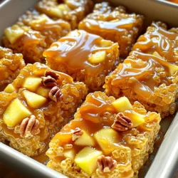 - 4 cups Rice Krispies cereal - 1 cup mini marshmallows - 1/2 cup unsalted butter - 1 cup caramel sauce (store-bought or homemade) - 1 large Granny Smith apple, diced - 1/2 teaspoon ground cinnamon - 1/2 teaspoon pure vanilla extract - 1/4 cup chopped pecans (optional) - A pinch of fine sea salt Each ingredient in Caramel Apple Rice Krispie Treats has a special job. The Rice Krispies cereal gives a nice crunch and texture. Mini marshmallows add sweetness and help hold everything together. Unsalted butter adds richness and creaminess to the mix. Caramel sauce brings that sweet, gooey flavor we all love. The Granny Smith apple adds a tart bite that balances the sweetness. Ground cinnamon adds warmth and spice. Pure vanilla extract enhances the overall flavor. Pecan pieces can add a nice crunch and nutty taste, but they are optional. Finally, a pinch of sea salt brightens the flavors and cuts through the sweetness. You can change things up a bit with different ingredients. Try adding nuts like almonds or walnuts for extra crunch. You might also swap in dried fruit like cranberries or raisins for a chewy texture. For a chocolate twist, mix in some mini chocolate chips. If you want a fall flavor, add pumpkin spice instead of cinnamon. The fun is in mixing and matching to make these treats your own! 1. Prepare the Pan: Grease a 9x13 inch baking dish with butter or spray. Set it aside. 2. Melt Butter and Marshmallows: In a large saucepan, melt 1/2 cup of unsalted butter over medium-low heat. This takes about 2 minutes. Once melted, add 1 cup of mini marshmallows. Stir constantly until melted and smooth, about 3 to 4 minutes. 3. Infuse with Flavor: Remove the pan from heat. Stir in 1/2 teaspoon of pure vanilla extract, a pinch of fine sea salt, and 1/2 teaspoon of ground cinnamon. Mix well. 4. Mix in Rice Krispies: Gradually fold in 4 cups of Rice Krispies cereal. Use a gentle stirring motion until all pieces are coated. This should take about 2 minutes. 5. Fold in Apple and Caramel: Carefully add 1 diced Granny Smith apple and 3/4 cup of caramel sauce. If using, add 1/4 cup of chopped pecans. Fold gently to mix. 6. Transfer to the Baking Pan: Pour the mixture into the greased dish. Press it down evenly with a spatula or your hands. 7. Add the Final Touch of Caramel: Drizzle the remaining 1/4 cup of caramel sauce on top. Use a spatula to swirl it into the mixture gently. 8. Cool and Set: Allow the treats to cool at room temperature for about 30 minutes. For faster cooling, refrigerate for around 15 minutes. 9. Cut and Serve: Once set, slice into squares or rectangles. Enjoy your treats! - Use fresh marshmallows for the best gooeyness. - Do not overheat the marshmallows. They should melt, not brown. - Press the mixture firmly into the pan for a good shape. - Allow the treats to cool fully for a firm texture. - When melting butter, it should become completely liquid with no bubbles. - The marshmallow mixture should be smooth and glossy without lumps. - The Rice Krispies should be evenly coated, looking shiny but not wet. - After cooling, the treats should feel firm to the touch and hold their shape when cut. When making caramel apple Rice Krispie treats, avoid overcooking the marshmallows. They should melt but not brown. If they brown, your treats may taste burnt. Also, don’t skip the salt; it enhances the flavor. If you overload the caramel, it makes the treats too sticky and hard to cut. To mix well, fold the Rice Krispies gently into the melted marshmallows. Use a spatula for even mixing. Press down the mixture firmly in the pan, but don’t squish it. This keeps the treats light and airy. Use a piece of wax paper to help spread the mixture evenly without it sticking to your hands. To get that perfect gooey texture, use fresh mini marshmallows. They melt better and provide a softer bite. Adding the diced Granny Smith apple gives a nice tartness, balancing the sweetness of the caramel. For extra flavor, sprinkle cinnamon on top before serving. A drizzle of caramel adds both beauty and a delightful taste. {{image_4}} You can change the flavor of these treats for each season. For fall, try adding pumpkin spice. Just add one teaspoon of pumpkin spice to the butter and marshmallows. This gives the treats a warm, cozy flavor that fits right in with autumn. If you need gluten-free treats, use gluten-free Rice Krispies. They taste great and keep the same crunch. You can also swap the butter with coconut oil for a dairy-free version. This keeps the treats soft and tasty. Boost the flavor with fun add-ins. Try adding chocolate chips or toffee bits for extra sweetness. You can mix in 1/2 cup of either when you add the Rice Krispies. This adds a nice crunch and makes the treats even more fun. You can also toss in dried fruit like raisins or cranberries for a fruity twist. To keep your Caramel Apple Rice Krispie Treats fresh, store them in an airtight container. This helps prevent them from getting hard or stale. Place a piece of parchment paper between layers if they are stacked. This will keep them from sticking together. You can also wrap them in plastic wrap for extra protection. These treats stay fresh for about 3 to 5 days at room temperature. If you place them in the fridge, they can last up to a week. However, they may become a bit firmer when chilled. If you want to keep them longer, freezing is a good option. If your treats get a bit hard, you can refresh them easily. Just place a damp paper towel on top and microwave them for 10-15 seconds. This will help soften the marshmallow again. Be careful not to overheat, or they may melt too much. Enjoy them warm or at room temperature for the best taste! Yes, you can use store-bought caramel sauce. It saves time and tastes great. Just pour it over your treats as directed. If you want a homemade touch, you can make your own. You can use any puffed cereal. Crisped rice, corn puffs, or even granola work well. Each option gives a different taste and crunch. Yes! You can freeze these treats. Wrap them tightly in plastic wrap and store in an airtight container. They stay fresh for about two months. To reduce stickiness, butter your hands when pressing the mixture into the pan. You can also add a bit more cereal to the mix. Absolutely! You can make them a day or two ahead. Just store them in an airtight container to keep them fresh. Enjoy whenever you want! In this blog post, we explored key ingredients and their roles, plus steps for perfect treats. You learned tips to avoid mistakes and ways to keep the texture just right. We also discussed fun variations and storage methods. Each point shows you how to make tasty treats easier and more enjoyable. Remember, the best treats come from following the steps and thinking outside the box. Enjoy creating your version!