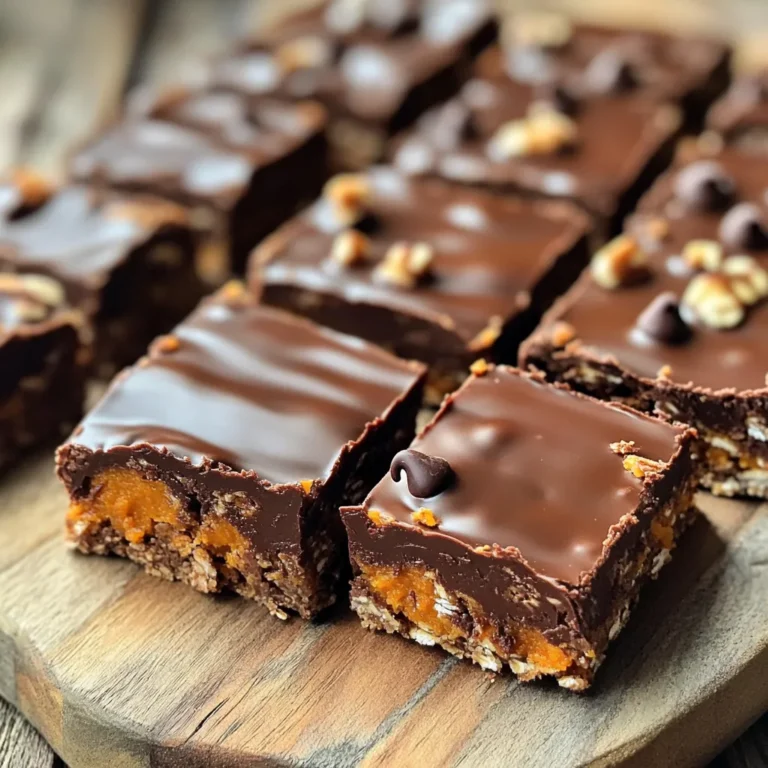 To make these tasty bars, you need a few key ingredients: - 1 cup rolled oats - 1/2 cup pumpkin puree - 1/2 cup almond butter (or your favorite nut butter) - 1/4 cup honey or maple syrup - 1/4 cup unsweetened cocoa powder - 1/2 teaspoon vanilla extract - 1/4 teaspoon ground cinnamon - 1/4 teaspoon salt - 1/4 cup chocolate chips (or dark chocolate chunks) - 1/4 cup chopped nuts (optional, like walnuts or pecans) Each ingredient plays a big role. The oats give structure, while pumpkin adds moisture and flavor. The nut butter binds everything together, and the cocoa powder makes it chocolatey. You can customize this recipe by swapping nut butters and sweeteners. Here are some ideas: - Use peanut butter or sunflower seed butter instead of almond butter. - Swap honey for agave syrup if you want a vegan option. - Maple syrup can replace honey for a different flavor. These swaps keep the bars tasty and fit your diet needs. Want to add more flair to your bars? Try these fun mix-ins: - Chopped dried fruits like cranberries or apricots for sweetness. - Seeds like chia or flaxseeds for extra crunch. - A pinch of sea salt on top for a sweet and salty kick. These options not only add flavor but also give the bars a fun texture. Experiment to find your favorite combination! Start by gathering your ingredients. In a large bowl, mix together: - 1 cup rolled oats - 1/2 cup pumpkin puree - 1/2 cup almond butter - 1/4 cup honey or maple syrup - 1/4 cup unsweetened cocoa powder - 1/2 teaspoon vanilla extract - 1/4 teaspoon ground cinnamon - 1/4 teaspoon salt Stir all these ingredients well. You want a thick, sticky mixture that looks like cookie dough. It should be smooth and well combined. This base is where the magic begins. Next, you can add some fun extras! If you want, fold in: - 1/4 cup chocolate chips - 1/4 cup chopped nuts like walnuts or pecans Mix them gently. This step adds a nice crunch and extra flavor. Make sure the chocolate and nuts are spread out evenly. This way, every bite is a treat. Now, prepare your baking dish. Line an 8x8 inch dish with parchment paper. Leave some paper hanging over the sides. This helps with easy removal later. Pour your mixture into the dish. Press it down firmly with your hands or a spatula. Make sure it is nice and even. Place the dish in the fridge. Let it chill for at least 2 hours. This helps the mixture set and firm up. After that, you can slice it into bars. Enjoy your tasty snack! To get the best texture for your Chocolate Pumpkin Oat Bars, mix the ingredients well. You want a thick, sticky dough that holds together nicely. If it feels too dry, add a little more pumpkin puree or nut butter. If it’s too wet, sprinkle in a bit more oats or cocoa powder. Press the mixture firmly into the pan. This helps the bars hold their shape when you cut them. Chilling the bars for at least 2 hours is key. Cold helps them firm up and makes cutting easier. Keep your bars fresh by storing them in an airtight container. They will last about one week in the fridge. For longer storage, freeze them in single portions. Wrap them in plastic wrap, then place them in a freezer bag. This way, you can grab a bar whenever you want a snack. Just let it sit at room temperature for a few minutes to soften. When serving these bars, cut them into fun shapes or sizes. You can slice them into squares, rectangles, or even fun shapes with cookie cutters. For a nice touch, wrap each bar in parchment paper and tie a string around it. This makes them look great for sharing. Pair them with a glass of milk or a warm cup of tea for a delightful treat. Enjoy them as a quick breakfast, an afternoon snack, or a sweet dessert! {{image_4}} To make these bars vegan, swap honey for maple syrup. This change keeps the sweetness while being plant-based. For a gluten-free option, ensure your oats are certified gluten-free. Most rolled oats are safe, but checking the label is a smart step. You can also use sunflower seed butter instead of almond butter if you have nut allergies. This maintains the creamy texture without the nuts. Spices can elevate these bars. Try adding a pinch of nutmeg or ginger for warmth. A splash of almond or coconut extract adds a new flavor twist, too. For a richer chocolate taste, increase the cocoa powder to 1/3 cup. This makes the bars even more decadent and chocolatey. Don’t hesitate to experiment with mix-ins like dried fruit or seeds for a unique touch. If you want more bars, double the recipe. Use a 9x13 inch pan for a larger batch. Just remember to chill them longer if the mixture is thicker. For fewer bars, halve the ingredients and use a smaller dish. Adjust the chilling time as needed, making sure they set firmly. This flexibility makes these bars easy to fit into any occasion! Each bar contains about 150 calories. This means you can enjoy a sweet treat without guilt. The bars are made with healthy ingredients, so they provide good energy. - Rolled oats: These are great for your heart and give you fiber. - Pumpkin puree: This adds vitamins A and C, plus antioxidants. - Almond butter: Rich in healthy fats, it helps keep you full. - Honey or maple syrup: These natural sweeteners provide energy without refined sugar. - Cocoa powder: This offers antioxidants and may boost your mood. These ingredients work together to support your health and taste great too. - Swap almond butter for peanut butter if you prefer. - Use agave syrup instead of honey for a vegan option. - Try adding chia seeds for extra fiber and Omega-3s. - Use dark chocolate chips for less sugar and more antioxidants. These simple swaps keep your bars delicious and nutritious! You can store Chocolate Pumpkin Oat Bars in an airtight container. They stay fresh for up to one week in the refrigerator. If you want them to last longer, keep them in a cool, dry place. Always check for any signs of spoilage before eating. Yes, you can freeze these bars for later use. Wrap each bar in plastic wrap or parchment paper. Place them in a freezer-safe bag or container. They can last up to three months in the freezer. When you're ready to eat one, just take it out and let it thaw. These bars pair well with a variety of drinks and snacks. Here are some great suggestions: - A glass of cold almond milk or regular milk. - A cup of hot tea or coffee for a cozy snack. - Fresh fruit, like apple slices or banana, for a balanced treat. - Yogurt, which adds creaminess and extra protein. Feel free to mix and match these pairings to find your favorite! In this blog post, we explored how to make chocolate pumpkin oat bars. We discussed the main ingredients and shared options for nut butters and sweeteners. I provided step-by-step instructions to prepare and chill your mixture. You learned tips for perfect texture and storage. We also covered variations to fit different diets and tastes. These bars are a tasty treat packed with nutrition. They are easy to customize and perfect for any occasion. Enjoy making them your own and savor every bite!