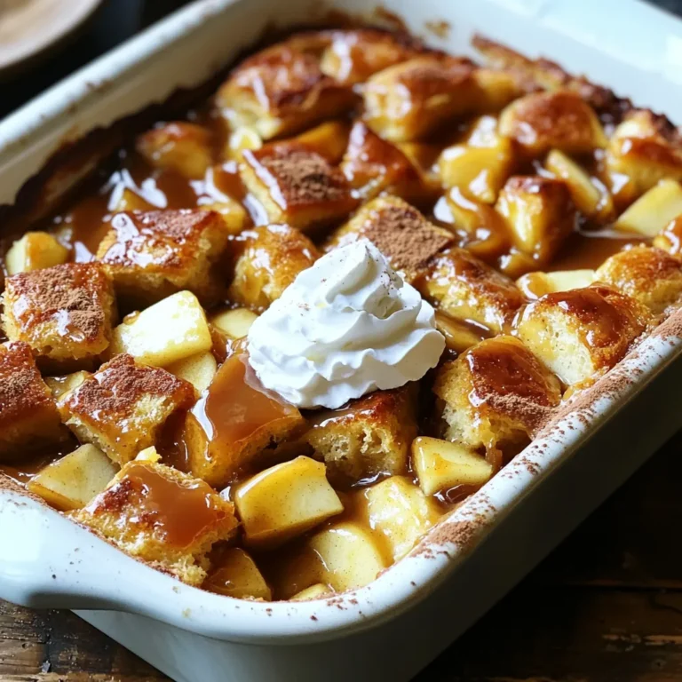 For this caramel apple bread pudding, you will need: - 6 cups of day-old bread (brioche or challah works best), cut into cubes - 3 medium apples (Granny Smith or Honeycrisp), peeled, cored, and diced - 1 cup granulated sugar - 1 cup whole milk - 1 cup heavy cream - 4 large eggs - 1 teaspoon pure vanilla extract - 1 teaspoon ground cinnamon - 1/2 teaspoon ground nutmeg - 1/4 teaspoon salt - 1 cup caramel sauce (store-bought or homemade) The key flavors come from the apples, spices, and caramel. - Apples: They add sweetness and a tart bite. Granny Smith gives a punch while Honeycrisp adds a juicy crunch. - Spices: Ground cinnamon and nutmeg bring warmth and depth. These spices make every bite cozy and inviting. - Caramel Sauce: Drizzling caramel on top finishes the dish. It creates a rich layer of sweetness that ties everything together. You can add more fun to your bread pudding with these options: - Nuts: Walnuts or pecans add crunch. Toast them first for even more flavor. - Chocolate Chips: Add semi-sweet or dark chocolate for a sweet twist. - Dried Fruit: Raisins or cranberries can bring extra sweetness and chewiness. These add-ins can make your dessert even more special! Customize it to fit your taste. First, preheat your oven to 350°F (175°C). This step is key for baking. Next, grease a 9x13 inch baking dish with butter or cooking spray. This helps prevent sticking. In a large bowl, add 6 cups of day-old bread cut into cubes. I prefer brioche or challah for the best texture. Then, add 3 medium apples that are peeled, cored, and diced. Toss the bread and apples gently to mix. Now, transfer this mixture into the prepared baking dish. Spread it evenly across the bottom. In another bowl, whisk together 1 cup of granulated sugar, 1 cup of whole milk, 1 cup of heavy cream, and 4 large eggs. Add 1 teaspoon of pure vanilla extract, 1 teaspoon of ground cinnamon, 1/2 teaspoon of ground nutmeg, and 1/4 teaspoon of salt. Whisk until smooth. Pour this custard mixture over the bread and apple mix. Make sure to coat the bread well. Press down with a spatula so all the bread absorbs the liquid. Let it sit for 15-20 minutes to soak. Now, drizzle half of the 1 cup of caramel sauce over the top of the soaked mix. Use a spatula to swirl the caramel in gently. This adds a nice flavor. Place the baking dish in your preheated oven. Bake for 40-45 minutes. You want the top to be golden-brown and the pudding fully set. When it’s done baking, take the dish out of the oven. Let it cool for about 10 minutes. This helps the texture set. Serve the bread pudding warm. Add an extra drizzle of caramel sauce on top. If you like, you can also add whipped cream for a rich finish. For a fun twist, serve in individual ramekins or on dessert plates. A sprinkle of cinnamon or a few apple slices on top makes it even prettier! For this recipe, I recommend using brioche or challah. These breads have a rich flavor and soft texture. They soak up the custard well, making the pudding creamy. Avoid using very dry bread, as it will not absorb the liquid properly. Day-old bread works best because it is firmer and less soggy. Soaking the bread is key to great bread pudding. After mixing the bread and apples, pour the custard over it. Press the bread down gently with a spatula. This helps each piece soak up the liquid. Let it sit for 15 to 20 minutes before baking. If time allows, soak it longer for a richer flavor. If your bread pudding comes out too dry, it likely did not soak long enough. Next time, allow more time for the bread to absorb the custard. If it is too wet, you may have added too much liquid. Make sure to measure your ingredients carefully. Lastly, if the top burns before the inside sets, cover it with foil during baking. This protects the top while the center cooks through. {{image_4}} You can mix up the fruit in this recipe. Pears work well, too. They add a sweet and juicy flavor. You might also try berries like blueberries or raspberries for a fun twist. Each fruit gives a new taste and texture. So, feel free to experiment and find your favorite! Want to add a bit of crunch? Toss in some chopped nuts. Walnuts or pecans bring a nice texture. You can also add chocolate chips for a sweet touch. Dark, milk, or white chocolate all make great choices. Just sprinkle them on top before baking for extra flavor. Change the spices for the season! In fall, add more cinnamon or swap in pumpkin spice. In winter, try ginger or even a hint of peppermint. Each season brings its own flavors, so use them to inspire your dessert. Adjusting these flavors keeps the dish fresh and exciting! To store your caramel apple bread pudding, let it cool first. Once cool, cover it tightly with plastic wrap or foil. You can also place it in an airtight container. Keep it in the fridge for up to three days. This keeps it fresh and tasty. When you're ready to enjoy leftovers, preheat your oven to 350°F (175°C). Place the pudding in an oven-safe dish. Add a splash of milk or cream to keep it moist while reheating. Bake for about 15-20 minutes until hot. You can also use the microwave. Heat in short bursts of 30 seconds, checking often. You can freeze caramel apple bread pudding for later. After it cools, cut it into portions. Wrap each piece in plastic wrap, then place in a freezer bag. Remove as much air as possible. It can stay in the freezer for up to three months. To eat, thaw overnight in the fridge before reheating. Yes, you can make this recipe ahead of time. Prepare the bread pudding up to the soaking step. Cover it well and chill it in the fridge for up to 24 hours. When you are ready to bake, just take it out and let it sit at room temperature for about 30 minutes. Then, pour on the caramel sauce and bake as directed. If you need a substitute for heavy cream, use whole milk or half-and-half. You can also blend milk with a tablespoon of butter for a similar effect. This will change the texture a bit, but it still works well in this recipe. To check if your bread pudding is done, look for a golden-brown top. The edges should puff up, and the center should not jiggle. You can also insert a knife in the center. If it comes out clean, your pudding is ready. If not, give it a few more minutes in the oven. This blog post guides you through making a delicious bread pudding. We covered the main ingredients, key flavors, and optional add-ins. I walked you through detailed steps for prep, baking, and serving. You learned tips for choosing the best bread and troubleshooting common issues. We explored fun variations and storage methods for leftovers, too. Try this recipe and enjoy a comforting treat. With these tips, you can create the perfect bread pudding every time.