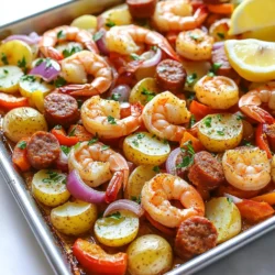 To make this dish, gather these key ingredients: - 1 pound large shrimp, peeled and deveined - 1 pound Andouille sausage, cut into 1/2-inch rounds - 2 cups baby potatoes, halved - 1 bell pepper (any color), sliced into strips - 1 red onion, thinly sliced - 4 cloves garlic, minced - 2 tablespoons Cajun seasoning - 2 tablespoons olive oil - Sea salt and freshly cracked black pepper, to taste Each ingredient adds its own flavor. The shrimp brings sweetness, and the sausage gives a nice spice. The veggies add color and texture. While the dish is tasty on its own, a few garnishes can enhance it: - Fresh parsley, roughly chopped (for garnish) - Lemon wedges (for serving) The parsley adds a touch of freshness. Squeezing lemon over the dish brightens the flavors. To make cooking easy, use these tools: - Large baking sheet - Mixing bowl - Sharp knife and cutting board - Spoon or spatula for mixing Having the right tools helps in mixing and baking. It makes the cooking process smooth and fun. First, preheat your oven to 400°F (200°C). A hot oven is key for roasting. While it heats, gather your ingredients. You need shrimp, sausage, potatoes, bell pepper, onion, garlic, olive oil, Cajun seasoning, salt, and pepper. Make sure your shrimp are peeled and deveined. Cut the sausage into 1/2-inch rounds. Halve the baby potatoes and slice the bell pepper and onion. In a large mixing bowl, combine the shrimp, sausage, halved potatoes, bell pepper, onion, and minced garlic. Drizzle the olive oil over everything. Sprinkle the Cajun seasoning, salt, and pepper. Use your hands or a big spoon to mix it well. You want every piece to be coated in oil and seasoning. This step is crucial for flavor. Now, spread the mixture on a large baking sheet. Make sure there is space between the pieces. This helps everything cook evenly. Slide the baking sheet into your hot oven. Bake for 20 to 25 minutes. Stir halfway through to ensure even cooking. The shrimp should turn pink and the potatoes should be tender. Once cooked, take the baking sheet out of the oven. Let it cool for a few minutes. Before serving, sprinkle fresh parsley over the top. This adds a nice pop of color. Serve with lemon wedges on the side for a zesty touch. Enjoy the flavors and the fun of this dish! To make a great Cajun seasoning, mix equal parts paprika, garlic powder, and onion powder. Add cayenne pepper for heat, and dried thyme and oregano for depth. Adjust to your taste. You can also try adding smoked paprika for a unique twist. This blend adds a bold flavor to your shrimp and sausage. To ensure even cooking, cut all your ingredients into similar sizes. This way, they cook at the same rate. Spread them out on the baking sheet. Avoid overcrowding, as this can lead to steaming instead of roasting. Stir halfway through cooking for best results. If you like it mild, start with less Cajun seasoning. You can always add more later. For more heat, mix in extra cayenne or use spicy sausage. Remember, flavors can develop during cooking, so taste as you go. Use fresh lemon juice at the end to balance the heat and brighten the dish. {{image_4}} You can switch shrimp for chicken or firm fish. Chicken thighs work well and stay juicy. For fish, try salmon or cod. Both options soak up the Cajun flavors nicely. You could also use tofu for a meatless option. Just make sure to cut it into cubes for even cooking. Feel free to change up the veggies. Instead of bell peppers, try zucchini or asparagus. Carrots add a nice sweetness too. You can even toss in some corn or cherry tomatoes for a pop of color. Each swap brings new tastes and textures that make the dish unique. Make this dish keto-friendly by using cauliflower instead of potatoes. Cauliflower rice can also replace the baby potatoes if you want a lighter option. Use turkey sausage instead of Andouille for fewer carbs. This way, you still enjoy the rich flavors without adding extra carbs. To keep your leftover Cajun shrimp and sausage bake fresh, store it in an airtight container. Make sure to let it cool to room temperature before sealing. You can keep it in the fridge for up to three days. If you want to keep it longer, freezing is a better option. When it's time to eat your leftovers, reheat them in the oven for the best taste. Preheat your oven to 350°F (175°C). Place the dish on a baking sheet and cover it with foil. Heat for about 15-20 minutes, or until it’s warm. This helps keep the shrimp tender and the sausage juicy. You can also use a microwave, but the oven gives a better texture. If you want to freeze the dish, first let it cool completely. Then, portion it into freezer-safe bags or containers. Squeeze out as much air as possible before sealing. You can freeze it for up to three months. When you are ready to enjoy it, thaw it in the fridge overnight before reheating. Yes, you can use frozen shrimp. Just make sure to thaw them first. Place them in a bowl of cold water for about 15-20 minutes. Once thawed, pat them dry with a paper towel. This step ensures they will cook evenly in the oven. You can serve this dish with several sides. Here are a few ideas: - Warm crusty bread to soak up the juices. - A simple green salad for a fresh crunch. - Steamed rice or quinoa to add some grain. - Coleslaw for a cool, creamy side. For smaller shrimp, reduce the baking time to about 15-20 minutes. For larger shrimp, you may need to bake them for 25-30 minutes. Always check the shrimp for a pink color and firm texture to confirm they are cooked. Yes, you can make a vegetarian dish by swapping shrimp and sausage for plant-based options. Use veggies like mushrooms, zucchini, or eggplant. Add a protein like tofu or chickpeas for a hearty meal. Just season them with Cajun spices and follow the same baking process. This blog post covered how to make a delicious Sheet Pan Cajun Shrimp Sausage Bake. We discussed the must-have ingredients, along with fun garnishes. I shared tips on preparing and baking your dish for the best taste. You learned about spice adjustments and different variations you can try. Lastly, I provided storage tips to keep your leftovers fresh. With these insights, you can enjoy a tasty meal that fits your style. Happy cooking!