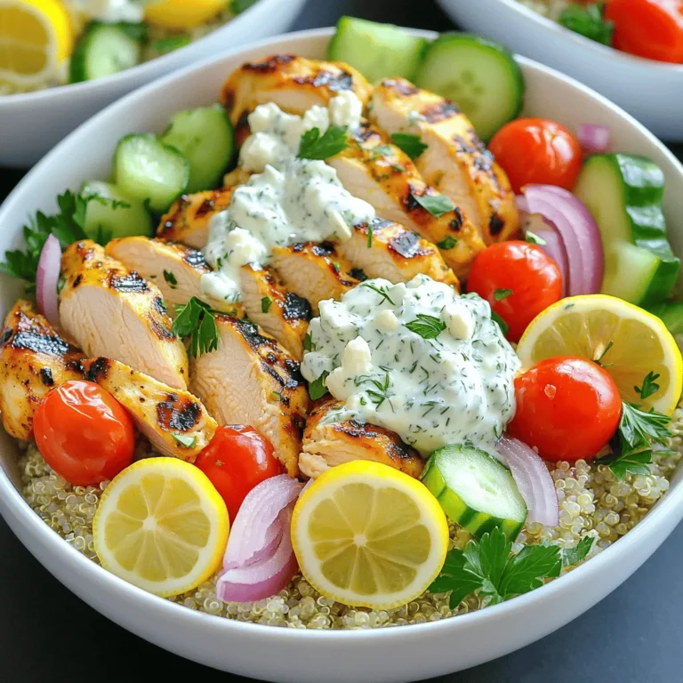 To make Greek Chicken Gyro Bowls, gather these key ingredients: - 2 boneless, skinless chicken breasts - 2 tablespoons extra virgin olive oil - 3 cloves garlic, minced - 2 teaspoons dried oregano - 1 teaspoon smoked paprika - Salt and freshly ground black pepper, to taste - 1 lemon, zested and juiced - 1 cup cooked quinoa (white or tri-color) - 1 cup cherry tomatoes, halved - 1 medium cucumber, diced - ½ red onion, thinly sliced - 1 cup plain Greek yogurt - 1 tablespoon fresh dill, finely chopped - ½ teaspoon garlic powder - Feta cheese, crumbled, for topping - Fresh parsley, chopped, for garnish These ingredients combine to create a fresh and tasty meal. The chicken gives protein, while quinoa offers fiber. Vegetables add crunch and color. You can elevate your bowls with these optional garnishes: - Olives for a briny kick - Sliced avocado for creaminess - Extra lemon wedges for brightness - More herbs like mint or cilantro These additions can enhance flavor and texture. Choose what you love most to make your bowl special. Selecting quality ingredients is key for great flavor. Here are some tips: - Chicken: Look for fresh, organic chicken for the best taste. - Olive Oil: Choose extra virgin olive oil for its rich flavor. - Herbs and Spices: Use fresh herbs for a vibrant taste. If using dried, check the expiration date. - Vegetables: Pick ripe, firm vegetables for the best crunch. - Yogurt: Select whole-milk Greek yogurt for a creamy sauce. When you use fresh, high-quality ingredients, your Gyro Bowls will shine. Enjoy the process of picking out your ingredients and let your meal reflect your tastes. First, we make a tasty marinade. In a medium bowl, mix these ingredients: - 2 tablespoons extra virgin olive oil - 3 cloves garlic, minced - 2 teaspoons dried oregano - 1 teaspoon smoked paprika - Salt and freshly ground black pepper - Zest and juice of 1 lemon Add the chicken breasts to the bowl. Make sure they are well coated. Cover the bowl and let it sit for at least 30 minutes. You can also refrigerate it for up to 2 hours. This will help the flavors soak in. Next, we cook the chicken. Preheat your grill or a large skillet over medium-high heat. When it’s hot, place the marinated chicken on it. Cook for about 6-7 minutes on each side. Make sure the chicken reaches 165°F (75°C) inside. This ensures it’s safe to eat. Once done, take it off the heat. Let the chicken rest for 5 minutes before slicing it into strips. Now, let’s make the tzatziki sauce. Grab a small bowl and mix together: - 1 cup plain Greek yogurt - 1 tablespoon fresh dill, finely chopped - ½ teaspoon garlic powder - A pinch of salt - A squeeze of fresh lemon juice Stir until it’s smooth. Taste it and adjust the seasoning if needed. Set it aside for the flavors to blend nicely. Now it’s time to build your bowls! Start with a base layer of cooked quinoa. You’ll need about 1 cup for four bowls. Then, add the sliced grilled chicken on top. Next, layer in: - 1 cup cherry tomatoes, halved - 1 medium cucumber, diced - ½ red onion, thinly sliced Make it colorful and fun! Finally, let’s finish the bowls! Drizzle the tzatziki sauce generously over each one. Then, sprinkle crumbled feta cheese on top. Add some fresh parsley for a nice touch. Serve your Greek Chicken Gyro Bowls right away. They taste best fresh! If you have leftovers, store them in airtight containers in the fridge for later. To get juicy chicken, marinate it well. Use a mix of olive oil, garlic, and spices. Let the chicken rest in the marinade for at least 30 minutes. This will help the flavors soak in. When cooking, make sure your grill or skillet is hot. Cook each side for about 6-7 minutes. Always check the chicken's internal temperature. It should be 165°F (75°C). Rest the chicken after cooking. This keeps it juicy and tender. For a tastier tzatziki sauce, use fresh ingredients. Start with plain Greek yogurt for creaminess. Add finely chopped dill for that unique flavor. A squeeze of lemon juice brightens the sauce. For some extra zing, try adding a bit of grated cucumber. This adds crunch and freshness. Mix all the ingredients well and let it sit. This waiting time helps the flavors blend together nicely. Taste it before serving, and adjust the seasoning if needed. To make your gyro bowls look great, start with a base of quinoa. Use a mix of white and tri-color quinoa for a pop of color. Layer the sliced chicken on top. Then add vibrant cherry tomatoes, cucumbers, and red onions. Drizzle the tzatziki sauce generously over the top. Finish with crumbled feta cheese and chopped parsley. You can also add lemon wedges on the side. This brightens the dish and adds a fresh touch. A well-presented bowl makes every bite more enjoyable. {{image_4}} You can easily change the protein in your gyro bowl. Try using grilled shrimp or lamb instead of chicken. Both options add great taste. For a quick meal, shredded rotisserie chicken works well too. Just warm it up and add to your bowls. If you want a veggie-friendly version, use chickpeas or lentils. They add protein and flavor. For a vegan option, replace Greek yogurt with a plant-based yogurt. Tofu marinated in the same spices as chicken is a tasty choice too. Just grill or sauté it until golden. Switching up your veggies keeps things exciting. In summer, add ripe bell peppers or zucchini. In fall, roasted sweet potatoes or butternut squash work well. Seasonal ingredients not only taste better but also support local farmers. Always look for fresh herbs like basil or mint to brighten your dish. To keep your Greek Chicken Gyro Bowls fresh, store them in airtight containers. This helps lock in flavor and moisture. Let the bowls cool to room temperature first. Then, divide them into single servings for easy access. You can store them in the fridge for up to four days. If you notice any signs of spoilage, like an off smell or texture, toss them out. When you’re ready to enjoy leftovers, reheating is key. For the best taste, use the stove or oven. Heat the chicken on medium until warmed through. If using a microwave, heat in short bursts to prevent drying out. Add a splash of water or olive oil to keep moisture. The tzatziki sauce is best served cold, so add it fresh after reheating. Meal prep makes busy days easier. Prepare your Greek Chicken Gyro Bowls ahead of time. Store each component separately. Keep the quinoa, chicken, and veggies in one container. Place the tzatziki sauce in a small jar. This way, you can mix and match for lunch or dinner. You can also freeze cooked chicken for up to three months. Just thaw and reheat when you’re ready to eat! You can use brown rice or couscous as a great substitute for quinoa. Both grains add a nice texture. If you want something lower in carbs, try cauliflower rice. It’s light and absorbs flavors well. Greek Chicken Gyro Bowls can stay fresh in the fridge for up to four days. Make sure to store them in airtight containers. This keeps the chicken and veggies from getting soggy. Yes, you can freeze Greek Chicken Gyro Bowls! Just make sure to leave out the fresh toppings like tomatoes and cucumbers. Freeze the chicken and quinoa together for up to three months. Thaw in the fridge before reheating. Gyro bowls go well with many sides. Try a Greek salad for a fresh crunch. Hummus and pita bread make a tasty combo too. Roasted vegetables add a warm touch to your meal. Greek chicken gyro bowls are full of flavors and fun. We covered key ingredients, marinating chicken, and making tzatziki sauce. I shared tips for cooking and plating your bowls for the best look. You can even try different proteins or make vegetarian options. Remember to store leftovers right to keep them fresh. With these steps, you can enjoy delicious and healthy meals at home. Try making these bowls this week and impress everyone at your table.