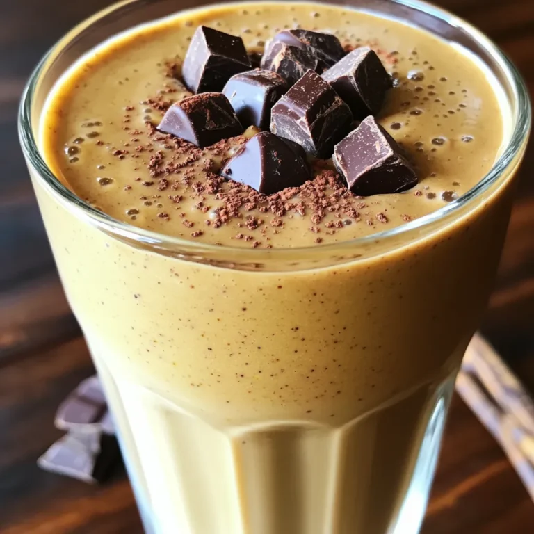 To make the High-Protein Chocolate Chunk Banana Smoothie, gather these items: - 2 ripe bananas, peeled and frozen - 1 cup unsweetened almond milk (or your preferred milk alternative) - 1 scoop chocolate protein powder - 2 tablespoons natural almond butter (or creamy peanut butter) - 1 tablespoon unsweetened cocoa powder - 1 tablespoon chia seeds - 1 tablespoon honey or maple syrup (optional) - 1/4 cup dark chocolate chunks - Ice cubes (optional) - Bananas: They give natural sweetness and potassium for energy. - Almond Milk: This is low in calories and dairy-free. It keeps the smoothie light. - Chocolate Protein Powder: This adds protein, helping with muscle recovery. - Almond Butter: It offers healthy fats and keeps you full longer. - Cocoa Powder: This adds rich flavor and is high in antioxidants. - Chia Seeds: They are packed with fiber and omega-3 fatty acids for heart health. - Honey or Maple Syrup: These sweeten the drink naturally and add some vitamins. - Dark Chocolate Chunks: They provide a tasty burst of flavor and antioxidants. - Ice Cubes: They help thicken the smoothie and make it cold and refreshing. You can switch ingredients based on your taste or needs: - Use Greek yogurt instead of almond milk for extra creaminess and protein. - Swap almond butter for peanut butter if you prefer a different nut flavor. - Replace chia seeds with flaxseeds for a different source of healthy fats. - Choose any protein powder you like, such as vanilla or plant-based. - For a vegan option, stick with maple syrup and plant-based protein. - If you want a sweeter smoothie, use dates or agave syrup instead of honey. To start, gather your ingredients. You will need: - 2 ripe bananas, peeled and frozen - 1 cup unsweetened almond milk - 1 scoop chocolate protein powder - 2 tablespoons natural almond butter - 1 tablespoon unsweetened cocoa powder - 1 tablespoon chia seeds - 1 tablespoon honey or maple syrup - 1/4 cup dark chocolate chunks - Ice cubes (optional) Ensure your bananas are ripe for added sweetness. Freezing them makes the smoothie creamy. If you prefer, you can use regular milk or other milk alternatives. Now it’s time to blend! First, place the frozen bananas in your blender. Add the almond milk, chocolate protein powder, almond butter, cocoa powder, chia seeds, and honey or maple syrup. Blend on high speed until the mix is smooth and creamy. If you like your smoothie thick, add a few ice cubes. Blend again until smooth. This will give your smoothie a nice, frosty texture. Once your smoothie is silky, stop the blender. Carefully fold in the dark chocolate chunks with a spoon. This creates delightful pockets of chocolate in each sip. If you want more sweetness, taste your smoothie. Add a little more honey or maple syrup and pulse for a few seconds to mix. Serve your smoothie in a tall glass or a bowl. To make it look fancy, sprinkle a little cocoa powder or add extra chocolate chunks on top. Enjoy your tasty treat! To get a creamy texture, use ripe bananas. Frozen bananas work best. They give a thick, smooth base. Add your choice of milk slowly. Start with one cup and blend. If it feels too thick, add a bit more milk. For an extra boost of creaminess, add almond butter. It blends well and adds a nice flavor. Sweetness can vary by preference. Start with one tablespoon of honey or maple syrup. Blend the smoothie and then taste it. If it needs more sweetness, add a little more. Blend again for a few seconds. This way, you get the perfect taste every time. Remember, the chocolate chunks also add some sweetness. Serve your smoothie in a tall glass or bowl. This makes it look extra special. For a fun twist, top it with a sprinkle of cocoa powder or chocolate chunks. Pair your smoothie with a handful of nuts or whole-grain toast. This adds protein and fiber, making it a great meal. Enjoy it as a quick breakfast or a tasty snack! {{image_4}} You can add spinach to this smoothie for a green twist. Spinach is full of vitamins and minerals. It blends well and tastes great. Just toss in a handful of fresh spinach with the bananas. You won't even notice it! This addition boosts the nutrition without changing the taste. You get more fiber and iron, making your smoothie even healthier. If you prefer a vegan option, it's easy to adapt. Use plant-based protein powder and almond milk. Replace honey with maple syrup for sweetness. This keeps the smoothie creamy and delicious. You won’t lose any flavor or protein. It's a great choice for vegan diets, and it still tastes amazing! Not all protein powders are the same. You have many choices! You can use whey, pea, or hemp protein. Each gives a different flavor and texture. Whey protein makes the smoothie creamy. Pea protein is great for vegans. Hemp protein adds a nutty flavor. Choose what you like best and adjust the amount as needed. This way, you can enjoy your smoothie just how you want it! If you have leftover smoothie, store it right away. Pour it into a container. Seal the container tightly to keep it fresh. Place it in the fridge. Drink it within one day for the best taste. Smoothies can separate, so shake or stir before drinking. Freezing is a smart way to save your smoothie. Pour your leftover smoothie into ice cube trays. Once frozen, transfer the cubes into a freezer bag. This method lets you use small portions later. When you want a smoothie, blend a few cubes with some milk. It’s quick and easy! Use glass jars or BPA-free plastic containers. They keep your smoothie fresh and safe. Choose containers with tight lids to prevent spills. If you freeze, ensure the container can handle low temperatures. This way, you can enjoy your smoothie whenever you like! A high-protein smoothie offers many health benefits. First, it helps build and repair muscles. Protein supports your body after exercise. It also keeps you full longer, which helps with weight control. The bananas provide potassium, which is good for your heart. Almond butter adds healthy fats and fiber, promoting good digestion. Chia seeds bring omega-3 fatty acids, great for brain health. Overall, this smoothie packs a nutritional punch that fuels your day. Yes, you can make this smoothie ahead of time. Just blend all the ingredients, then pour it into a jar. Seal it tightly and store it in the fridge. It stays fresh for up to 24 hours. If the smoothie thickens in the fridge, simply stir or shake it well before drinking. However, for the best taste and texture, I recommend enjoying it right after blending. You can customize this smoothie with many extra ingredients. Here are some ideas: - Spinach or kale for a boost of greens. - Flaxseeds for more fiber and healthy fats. - Oats for added carbohydrates and energy. - Greek yogurt for extra protein and creaminess. - Berries for a touch of sweetness and antioxidants. Feel free to mix and match based on your taste and nutrition needs! In this blog post, we covered key ingredients for a delicious smoothie. Each ingredient offers unique health benefits. I shared tips on prepping, blending, and achieving the perfect consistency. Different variations cater to all diets. Plus, I included storage tips to keep leftovers fresh. Smoothies are easy, tasty, and healthy. You can customize them to fit your needs. Enjoy experimenting with new flavors and ingredients. Your smoothie journey starts now!