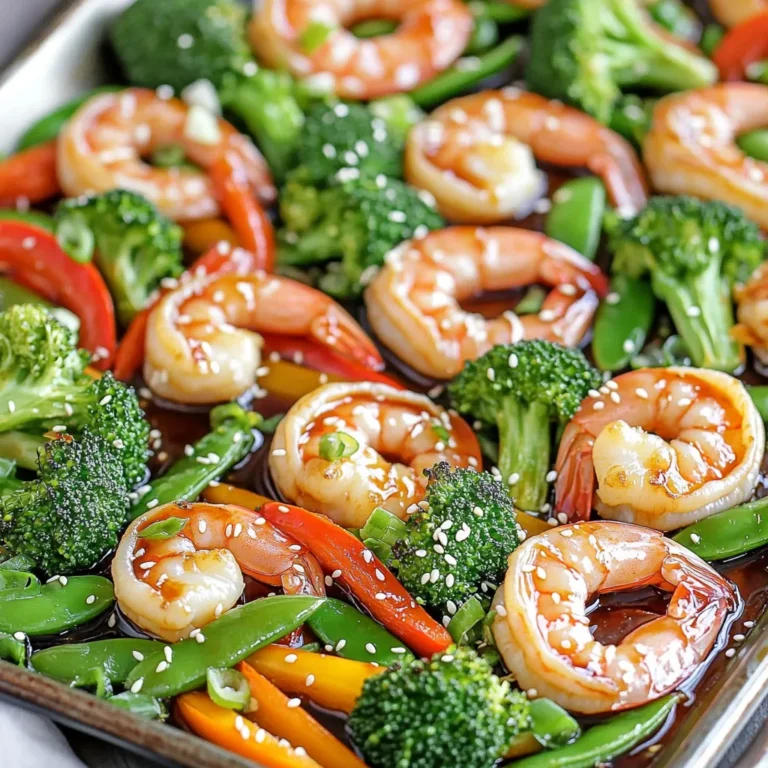 - 1 pound large shrimp, peeled and deveined - 2 cups fresh broccoli florets - 1 bell pepper, sliced (you can choose red, yellow, or green for color) - 1 cup snap peas, trimmed - 2 medium carrots, cut into thin rounds - 1/4 cup high-quality teriyaki sauce - 2 tablespoons extra virgin olive oil - 2 teaspoons fresh ginger, finely minced - 2 cloves garlic, finely minced When I make this dish, I love using fresh, colorful veggies. They add great taste and look lovely on the plate. Shrimp is the star here. It cooks fast and soaks up all the flavors from the teriyaki sauce. - Toasted sesame seeds, for garnish - Fresh green onions, thinly sliced, for garnish - Lime wedges These garnishments take your meal to the next level. The toasted sesame seeds add crunch, and the green onions bring a fresh taste. A squeeze of lime brightens everything up. You can serve these on the side or sprinkle them right on top before serving. 1. Preheat the Oven: Start by preheating your oven to 400°F (200°C). This heat will help cook the shrimp and veggies just right. 2. Mix the Marinade: In a bowl, whisk together 1/4 cup of teriyaki sauce, 2 tablespoons of olive oil, 2 teaspoons of minced ginger, and 2 cloves of minced garlic. Make sure it blends well. 3. Marinate the Shrimp: Add 1 pound of peeled and deveined shrimp to the marinade. Coat them evenly and let them sit for 15 minutes. This step brings out the flavors. 4. Prepare the Vegetables: On a large baking sheet, place 2 cups of broccoli florets, 1 sliced bell pepper, 1 cup of trimmed snap peas, and 2 sliced carrots. Drizzle with olive oil and sprinkle with salt and pepper. Toss everything to coat. 1. Add the Shrimp: Once marinated, place the shrimp on top of the seasoned vegetables. Spread them out to ensure even baking. 2. Bake the Dish: Put the sheet pan in the oven and bake for 12-15 minutes. Watch the shrimp; they should turn pink and opaque. The veggies should be tender-crisp. 3. Garnish and Serve: Take the sheet pan out of the oven. Sprinkle toasted sesame seeds and sliced green onions on top for extra crunch and flavor. This easy recipe makes a colorful and tasty meal. Enjoy your delicious sheet-pan teriyaki shrimp and veggies! To make your sheet-pan teriyaki shrimp and veggies shine, follow these tips: - Ensure Even Baking: Spread the shrimp and veggies in a single layer on the pan. This allows hot air to circulate and cook everything evenly. - Use Fresh Ingredients: Fresh shrimp and crisp vegetables give the best flavor. Look for vibrant colors and firm textures. - Proper Seasoning: Don’t skimp on the salt and pepper. This boosts the dish's overall taste. Season both the shrimp and veggies before baking. Presentation can elevate your meal: - Rustic Look: Serve directly from the sheet pan. It looks cozy and inviting. - Elegant Touch: Plate the shrimp and veggies individually. Drizzle with extra teriyaki sauce for a refined look. - Add Lime Wedges: A wedge of lime on the side adds a fresh zing when squeezed over the dish. If you want to explore more, consider pairing this dish with steamed rice or a light salad for a complete meal. {{image_4}} You can easily change up the veggies in this dish. Try adding zucchini, asparagus, or even mushrooms. Each vegetable brings a unique taste and texture. If you want to swap the shrimp, chicken and tofu work great too. Chicken gives a heartier bite, while tofu adds a nice plant-based option. Just remember to adjust cooking times for these substitutes. Spice it up with a pinch of red pepper flakes or a dash of cayenne. This will add a kick to your teriyaki shrimp. You can also try different sauces. For instance, use a spicy garlic sauce or a sweet chili sauce for a new twist. Mixing flavors keeps the meal exciting and fresh each time you make it. To keep your delicious sheet-pan teriyaki shrimp and veggies fresh, store leftovers in the fridge. Use airtight containers for the best results. Glass containers work well, but plastic ones are fine too. Make sure to cool the dish before sealing it to avoid condensation. This will help keep the shrimp and veggies tasty for up to three days. When it's time to enjoy your leftovers, reheating them properly is key. You can use the oven or a microwave. If you choose the oven, preheat it to 350°F (175°C). Place the shrimp and veggies on a baking sheet. Heat them for about 10 minutes. This keeps the shrimp juicy and the veggies crisp. If using a microwave, heat on medium power for 1-2 minutes. Stir halfway to ensure even warming. Enjoy your meal! Bake your sheet-pan teriyaki shrimp for 12 to 15 minutes. Check for doneness when the shrimp turn pink and opaque. The veggies should be tender but still crisp. If they need more time, you can leave them in for a few extra minutes. Just avoid overcooking, which can make shrimp tough. Yes, you can use frozen shrimp! Just thaw them in cold water before marinating. Drain them well to avoid excess water in your dish. Fresh shrimp will cook faster, but frozen shrimp work fine. Just make sure they are peeled and deveined. Great choices include broccoli, bell peppers, snap peas, and carrots. These veggies add color and crunch. You can also try zucchini, asparagus, or mushrooms for a twist. Mixing different textures and flavors makes the dish even better! This blog post covered how to make sheet-pan teriyaki shrimp. We discussed main ingredients like shrimp and fresh vegetables. You learned important tips for preparation and cooking. We also explored variations to suit your taste and storage tips for leftovers. In conclusion, this dish is easy to make and customizable. Enjoy experimenting with flavors and ingredients. Your kitchen can turn into a flavorful space with just a few steps. Happy cooking!