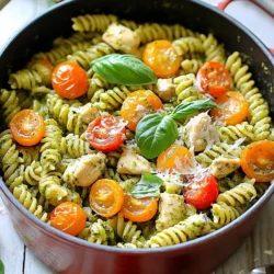 To make One-Pot Creamy Pesto Chicken Pasta, you will need: - 2 cups pasta (fusilli or penne recommended) - 1 pound boneless, skinless chicken breast, diced into bite-sized pieces - 2 tablespoons extra virgin olive oil - 3 cloves garlic, minced finely - 1 ½ cups low-sodium chicken broth - 1 cup heavy cream - ¾ cup basil pesto (store-bought or homemade) - 1 cup cherry tomatoes, halved - ½ cup freshly grated Parmesan cheese - Salt and pepper to taste - Fresh basil leaves for garnish I suggest using fusilli or penne for this dish. Both shapes hold sauce well. Fusilli's twists catch the creamy sauce perfectly. Penne's tubes allow sauce to slide in and coat each bite. Feel free to experiment with your favorite pasta, but these two work best for this recipe. To make your dish pop, add fresh basil leaves on top. They add a lovely color and fragrance. You can also sprinkle more grated Parmesan for extra flavor. If you like a bit of heat, add some red pepper flakes. To start, heat 2 tablespoons of extra virgin olive oil in a large pot over medium heat. Once hot, add 1 pound of diced chicken breast. Season the chicken with salt and pepper to taste. Cook it for 5 to 7 minutes. Stir it occasionally. You want it golden brown and fully cooked. Once done, take the chicken out and set it aside on a plate. Next, in the same pot, add 3 finely minced cloves of garlic. Cook the garlic for about 1 minute. Stir it constantly until you smell that wonderful garlic scent. It should be fragrant and just starting to turn golden. Be careful not to burn it. Burnt garlic can ruin the flavor of your dish. Now, pour in 1 ½ cups of low-sodium chicken broth. Turn up the heat until it boils. Once it's bubbling, add 2 cups of pasta, like fusilli or penne. Stir it occasionally to keep it from sticking. Lower the heat and cover the pot. Let it simmer for 10 to 12 minutes. The pasta should be al dente and soak up most of the broth. To make a creamy sauce, use heavy cream. It blends well with pesto. Stir the cream in after cooking the pasta. This helps the sauce thicken nicely. Keep the heat low when mixing in the cheese. This prevents the sauce from breaking. Add Parmesan slowly for the best texture. To avoid overcooked pasta, check for doneness often. Cook it until it's al dente, meaning firm to the bite. Stir the pasta gently while it cooks. This helps keep it from sticking. Once the pasta absorbs most of the broth, it’s ready. Remove it from heat right away to stop the cooking process. To enhance flavors, add fresh herbs like basil or parsley. A squeeze of lemon juice brightens the dish. Cherry tomatoes add sweetness and color. You can also sprinkle in some red pepper flakes for heat. Don’t forget to taste as you go. Adjust salt and pepper to your liking. These small tweaks make a big difference! {{image_4}} You can switch up the protein in this dish. Instead of chicken, use shrimp or diced turkey. For a fun twist, try Italian sausage. Just make sure to cook it fully before adding it to the pasta. If you prefer a vegetarian meal, skip the meat. You can use mushrooms or chickpeas for protein. Tofu works great too! Just sauté them until golden before adding them to the pasta. Incorporating seasonal vegetables can elevate your dish. Think about adding spinach, zucchini, or bell peppers. You can toss them in with the garlic. This adds color and nutrients to your creamy pesto chicken pasta. To keep your One-Pot Creamy Pesto Chicken Pasta fresh, store it in an airtight container. Let it cool to room temperature before sealing. This helps avoid moisture buildup. You can store it in the fridge for up to three days. Always label your container with the date. This way, you can track how long it stays fresh. When you're ready to enjoy your leftovers, reheat them on the stove. Pour the pasta into a pot and add a splash of chicken broth or water. Heat it over medium-low heat. Stir often to ensure the pasta warms evenly. If you prefer using a microwave, place it in a microwave-safe bowl. Cover it with a damp paper towel to keep moisture in. Heat for about 2-3 minutes, stirring halfway through. If you want to save some for later, freezing is a great option. Let the pasta cool completely. Then, portion it into freezer-safe bags or containers. Remove as much air as possible to prevent freezer burn. Label the bags with the date. You can freeze the pasta for up to three months. When ready to eat, thaw it overnight in the fridge before reheating. Yes, you can use homemade pesto! It adds a fresh taste. Just blend fresh basil, garlic, nuts, cheese, and olive oil. Adjust the flavors to your liking. Homemade pesto can make your dish even more special. If you need a substitute for heavy cream, try using half-and-half or milk mixed with butter. This will give you a creamy texture. You can also use coconut cream for a dairy-free option. This keeps the dish rich and tasty. To make this dish gluten-free, simply use gluten-free pasta. Many brands offer great options that cook well. Check the cooking times, as they may vary from regular pasta. Enjoy your creamy pesto chicken pasta without worry! In this blog post, we explored how to create a delightful pasta dish. We covered essential ingredients, recommended pasta types, and optional garnishes. I shared step-by-step instructions for sautéing chicken, cooking garlic, and boiling pasta with broth. You learned tips for a creamy sauce and how to avoid overcooked pasta. We examined variations, including protein options and vegetarian choices. Finally, I provided storage tips for leftovers and answered common FAQs. Cooking can be fun and easy. Enjoy making this dish and share it with friends!