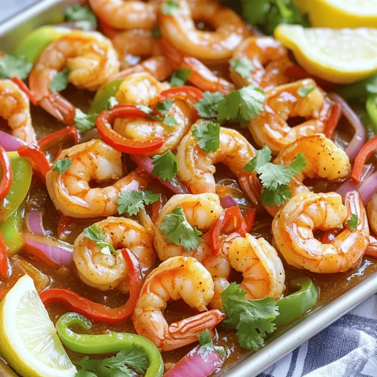 - Large shrimp (1 pound, peeled and deveined) - Honey (1/4 cup) - Minced garlic (3 cloves) - Soy sauce (1 tablespoon, preferably low sodium) - Sriracha sauce (1 tablespoon, adjust spice level) - Olive oil (1 tablespoon) - Ground ginger (1 teaspoon) - Paprika (1 teaspoon) - Salt and black pepper - Sliced bell peppers (red and green) - Sliced red onion - Fresh cilantro or parsley for garnish - Lemon wedges for serving The key to this dish is fresh, high-quality shrimp. I like to use large shrimp for a satisfying bite. You’ll also want the honey to be pure and not a blend. It gives the dish a sweet touch that balances the heat from the sriracha. Minced garlic adds a strong flavor, so be sure to use fresh cloves. For the soy sauce, I recommend low sodium to keep the dish balanced. Adjust the sriracha to make it as spicy as you like. Using colorful bell peppers not only adds taste but also makes the dish look bright and appealing. The red onion gives a nice crunch and sweetness. When garnishing, fresh herbs like cilantro or parsley add a pop of color and fresh taste. Lastly, lemon wedges serve as a zesty finish. Squeeze them over the dish before eating to enhance the flavors. - Preheat the oven to 400°F (200°C) and line a sheet pan with parchment paper. - In a medium bowl, mix honey, minced garlic, soy sauce, sriracha, olive oil, ginger, paprika, salt, and black pepper. This creates a tasty marinade. - Add the shrimp to the marinade. Make sure each piece is coated well. Let it sit for 15-20 minutes. This helps the shrimp soak up all the flavors. - While the shrimp marinates, slice your vegetables. Place the bell peppers and red onion on the sheet pan. Drizzle with olive oil and sprinkle salt and black pepper. Toss to coat them evenly. - Once the shrimp finish marinating, arrange them over the veggies on the sheet pan. Don’t crowd the shrimp; this helps them cook better. - Bake everything in your oven for 10-12 minutes. The shrimp should be pink and opaque, and the veggies should be tender yet crisp. Enjoy the wonderful smells as it cooks! - Ensure shrimp are not overcrowded on the sheet pan for even cooking. This way, they cook well without steaming. - Adjust sriracha for desired heat level. If you want it spicy, add more. For less heat, use less. - Serve directly from the sheet pan or transfer to a serving platter. Both options look great! - Drizzle leftover sauce over the dish. This adds flavor and makes it look nice. - Sprinkle with sesame seeds for a crunchy finish. It adds a lovely touch! {{image_4}} You can make this dish your own with simple swaps. Try using scallops or firm fish instead of shrimp. This keeps the dish fresh and fun. For a vegan option, swap honey for maple syrup. It adds sweetness and works well with the spices. Want more heat? Experiment with different hot sauces. You can try a smoky chipotle sauce or even a classic cayenne pepper. Each option brings its own flavor. Adjust the spice to what you like best. Feel free to add more veggies for flavor and crunch. Zucchini, asparagus, or snap peas will work great. They cook quickly and add nice texture. You can mix and match to find your favorite combination. Store your leftovers in an airtight container. You can keep them in the refrigerator for up to 2 days. This keeps the shrimp and veggies fresh. Just make sure to let them cool down before sealing the container. When you're ready to eat, you can reheat them in a pan or microwave for a quick meal. If you want to save some for later, freeze portions in a freezer-safe container. This dish freezes well for up to 3 months. Be sure to label the container with the date. When you're ready to enjoy, thaw in the fridge overnight. Reheat on the stove or in the microwave, and they will taste almost as good as fresh. Look for shrimp that are opaque and pink in color. This change means they are cooked through. The shrimp should curl into a nice "C" shape. If they form an "O," they may be overcooked. Keep an eye on them while baking to get the best result. Yes, just make sure to thaw and drain excess moisture before marinating. Frozen shrimp can work well. Place them in the fridge overnight or in cold water for a faster thaw. Once thawed, pat them dry. This helps the marinade stick better and prevents a watery dish. Serve with rice, quinoa, or a fresh salad for a complete meal. These sides soak up the spicy honey garlic sauce nicely. You can also add some crusty bread to mop up the sauce. For a lighter option, a simple green salad adds freshness and crunch. This blog post covers how to make a tasty sheet pan spicy honey garlic shrimp meal. We discussed ingredients, preparation steps, and cooking tips. You can swap ingredients or adjust spice levels to suit your taste. Remember, avoiding overcrowding on the sheet pan ensures even cooking. Whether you keep leftovers a few days or freeze for later, this dish is easy to store and reheat. Enjoy this flavorful, simple meal that brings fun to your kitchen. Now grab your ingredients and start cooking!
