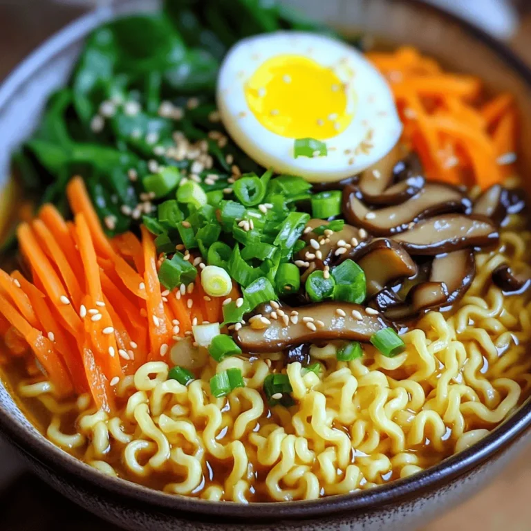 - 2 packs of instant ramen noodles (omit the flavor packets) - 4 cups vegetable broth - 4 cloves garlic, finely minced - 1-inch piece ginger, finely grated - Soft-boiled eggs (1 per serving) - Sesame seeds, for garnish - 2 tablespoons soy sauce - 2 tablespoons sriracha (adjust to desired heat level) When I make Spicy Garlic Ramen Bowls, I start with instant ramen noodles. They cook fast and taste great. I skip the flavor packets because I want to make my own broth. For the base, I use vegetable broth. It’s healthy and tasty. Next, garlic and ginger bring a bold flavor. I finely mince four cloves of garlic. Then, I grate a one-inch piece of ginger. Together, they make the broth aromatic. For extra richness, I use soy sauce and sriracha. The soy sauce adds depth, while sriracha gives it heat. I love the balance of flavors in this dish. You can add soft-boiled eggs for protein. They also make the bowl look fancy. A sprinkle of sesame seeds on top adds a nice crunch. These ingredients come together to create a warm, comforting meal. They are easy to find at any grocery store. Gather these items, and you’re ready to cook! To start, heat 1 tablespoon of sesame oil in a large pot over medium heat. Once it’s hot, add 4 cloves of minced garlic and 1 inch of grated ginger. Sauté these for about 1 minute. You want them fragrant, but not burnt. Next, pour in 4 cups of vegetable broth, 2 tablespoons of soy sauce, and 2 tablespoons of sriracha. Stir well and bring the mix to a gentle simmer. Now it’s time to add some good stuff! Toss in 1 cup of thinly sliced shiitake mushrooms and 1 medium julienned carrot into the broth. Let everything simmer for about 5 minutes. You want the vegetables to be tender but still bright. While the veggies cook, grab 2 packs of instant ramen noodles. Prepare them according to the package instructions. Once cooked, drain the noodles and set them aside. Keep them nearby; you will add them back to the pot soon! To make your ramen just right, you can adjust the spice level with sriracha. Start with two tablespoons for a good kick. If you want it milder, use less. You can always add more later! If you want to switch things up, try other ingredients. For example, use tamari instead of soy sauce for a gluten-free option. You can also add miso paste for a deeper flavor. For perfect soft-boiled eggs, cook them for 6 to 7 minutes. This will give you a nice runny yolk. After cooking, place the eggs in an ice bath. This cools them down fast and makes peeling easier. Be gentle when you peel them to keep the egg intact. A beautiful bowl of ramen starts with how you arrange the noodles. Place the noodles neatly in the bowl. Then, pour the hot broth over them. This helps the noodles soak up the flavor. Next, add the veggies and egg on top. Finish with chopped green onions and a sprinkle of sesame seeds. This makes a tasty and pretty dish! {{image_4}} If you want to make this dish vegetarian, adding tofu is a great choice. Tofu gives protein and a nice texture. Use firm or extra-firm tofu for the best results. Simply cube it and toss it in the broth while it simmers. You can also swap in different vegetables. Try bell peppers, bok choy, or snow peas. These options add color and crunch. Just remember to adjust cooking times so they stay crisp. Not everyone likes the same heat. If sriracha is too spicy, use less or try another sauce. Chili paste or hot sauce can also work well. For those who love heat, add more sriracha or sprinkle in red pepper flakes. Just taste as you go to find your perfect balance. While vegetable broth is tasty, you can switch it up. Chicken or beef broth adds rich flavor. This change makes it hearty and filling. If you want a homemade broth, simmer vegetables, herbs, and spices in water. This method takes a bit longer, but the taste is worth it. Use onion, garlic, and carrots for a base. Then, strain and use it in your ramen! To store your Spicy Garlic Ramen Bowls, first, let them cool. Place the ramen in an airtight container. This keeps moisture out and helps maintain freshness. Refrigerate them right away. They stay good for about 3 days. To reheat, use a pot on the stove. Add a splash of broth or water to help steam the noodles. Heat on low and stir gently. This keeps the noodles from getting mushy. If you made soft-boiled eggs, add them fresh before serving. You can freeze the soup and veggies, but not the noodles. Noodles don’t freeze well. For best results, freeze the broth and veggies separately. Use freezer-safe bags for easy storage. When ready to eat, thaw in the fridge overnight and reheat as mentioned above. To make great ramen noodles, start with water. Boil a pot of water. Add the noodles and cook for 3-4 minutes. Stir the noodles gently. This keeps them from sticking. When done, drain the noodles. Rinse them under cold water. This helps stop the cooking process. Now your noodles are ready for the spicy garlic broth. Yes, you can meal prep these ramen bowls! Cook the broth and vegetables first. Store them in the fridge for up to three days. Cook the noodles fresh when you are ready to eat. This helps keep the noodles from getting soggy. If you want to make it even easier, you can store the broth and veggies separately. If you need a soy sauce substitute, try tamari. It’s gluten-free and tastes great. You can also use coconut aminos. This option is lower in sodium and works well. Another choice is making a mix of broth with a bit of vinegar. This gives a similar salty taste. This article explored how to make delicious Spicy Garlic Ramen. We covered key ingredients like instant noodles and vegetable broth. You learned to create a flavorful broth with garlic and ginger and how to cook the noodles perfectly. There are tips for adding soft-boiled eggs and customizing flavors. Don't forget about storage and reheating for leftovers. Enjoy experimenting with different vegetables and spice levels in your ramen. You now have everything you need to create your perfect bowl!