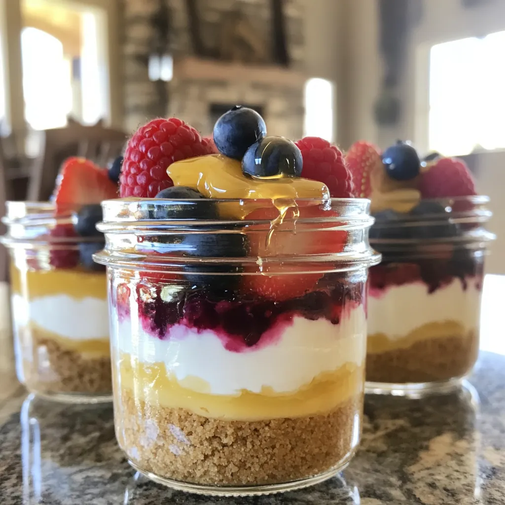 To make Greek yogurt cheesecake jars, you need a few key ingredients. Here’s what you will need: - 2 cups Greek yogurt (preferably full-fat for an ultra-creamy texture) - 8 oz cream cheese, softened at room temperature - 1/2 cup honey or maple syrup (adjust based on your sweetness preference) - 1 teaspoon pure vanilla extract - 1 tablespoon freshly squeezed lemon juice - 1/4 teaspoon fine sea salt - 1 cup graham cracker crumbs - 1/4 cup unsalted butter, melted and slightly cooled - Fresh berries (such as strawberries, blueberries, or raspberries) for topping Each ingredient plays a role in making the cheesecake creamy and tasty. Greek yogurt adds protein and tang. Cream cheese gives it richness. Honey or maple syrup sweetens it just right. Vanilla extract and lemon juice add depth. The graham cracker crumbs and butter create a crunchy base. Finally, fresh berries add color and flavor. - Mixing Graham Cracker Crumbs with Butter In a medium bowl, mix 1 cup of graham cracker crumbs with 1/4 cup of melted butter. Stir until the crumbs soak up the butter. This mixture should feel sandy. - Pressing Down the Crust in Jars Take about 2 tablespoons of the crumb mixture for each jar. Press it down firmly with the back of a spoon. You want a nice, compact layer at the bottom of each jar. - Beating Cream Cheese until Smooth In a large bowl, beat 8 oz of softened cream cheese with an electric mixer. Mix until it’s smooth and creamy. This step is key for a good texture. - Incorporating Greek Yogurt Next, add 2 cups of Greek yogurt to the cream cheese. Keep mixing until they blend well. The filling should be velvety and thick. - Layering the Cheesecake Filling Spoon the cheesecake filling over the crust in each jar. Fill them about three-quarters full. Make sure the filling is even across all jars. - Tips for Even Distribution Use the back of a spoon to smooth the top of the filling. This helps with presentation. Clean edges make the jars look more appealing. - Refrigeration Time for Proper Setting Place the jars in the fridge for at least 2 hours. This helps the cheesecake set well. If you can wait longer, it will taste even better. - Final Touches with Fresh Berries Before serving, add a handful of fresh berries on top. Strawberries, blueberries, or raspberries work great. This adds color and a burst of flavor to your jars. Using full-fat Greek yogurt is key. It gives your cheesecake jars a rich and creamy texture. Low-fat yogurt can make the filling runny. Always choose full-fat for the best results. For a creamy cheesecake filling, make sure your cream cheese is at room temperature. This step helps blend it smoothly with the yogurt. Beat the cream cheese first until it is silky. Then, add the yogurt slowly, mixing well. This way, you avoid lumps for a perfect texture. To tailor sweetness levels, taste as you mix. Start with half of your sweetener and add more if needed. Honey and maple syrup work well, but they can vary in sweetness. Use your preference to find the right balance. If you seek alternative sweeteners, consider options like agave syrup or stevia. These can provide sweetness with fewer calories. Just remember to adjust the amount, as some are sweeter than honey. For visual appeal, clear jars are ideal. They show off the layers of crust and filling beautifully. Choose jars that are tall and narrow for a stunning look. Garnish your cheesecake jars with fresh berries. Strawberries, blueberries, or raspberries add color and flavor. You can also place a mint sprig on top for an extra touch. This adds freshness and makes your dessert pop! {{image_4}} You can change up the flavor of your Greek yogurt cheesecake jars easily. Try adding different extracts. Almond or coconut extracts can create a nice twist. Just a few drops can give your cheesecake a new taste. You can also use fruit purees in the filling. Think about blending in strawberry or raspberry puree. This adds color and a fruity punch. You can adjust the sweetness to match the fruit. Want a gluten-free option for the crust? Use gluten-free graham cracker crumbs. They taste great and keep the recipe simple. You still get that crunchy texture. If you're looking for a vegan version, swap out the cream cheese. Use soaked cashews or silken tofu instead. Blend them until smooth. You can still use Greek yogurt alternatives made from almond or coconut milk for creaminess. Seasonal fruits make great toppings for your jars. In summer, try fresh peaches or blackberries. In fall, use sliced apples and a sprinkle of cinnamon. For holidays, get creative with themed garnishes. Add crushed peppermint for winter or edible flowers for spring. These small touches can make your dessert feel special and festive. - How to Store Leftover Cheesecake Jars To store leftover cheesecake jars, cover each jar tightly with a lid or plastic wrap. This helps keep air out and prevents drying. Place the jars in the fridge right away. They can stay fresh for later enjoyment. - Keeping Toppings Fresh To keep toppings fresh, add berries just before serving. If you must store them, place any extra berries in a separate container. This way, they won’t get mushy or spoil the cheesecake. - Duration for Refrigerated Storage These cheesecake jars last up to five days in the fridge. After that, the texture and taste may change. Always check for freshness before eating. - Signs of Spoilage Look for changes in color or smell. If the cheesecake looks off or smells sour, it’s best to toss it. Safety first! - Can You Freeze the Cheesecake Jars? Yes, you can freeze the cheesecake jars. This is a great way to save leftovers. Just ensure they are sealed tightly. - How to Properly Freeze and Thaw To freeze, wrap the jars in plastic wrap and then aluminum foil. This prevents freezer burn. When ready to eat, move the jars to the fridge for several hours to thaw. Avoid using the microwave as it can ruin the texture. Yes, you can use low-fat Greek yogurt. However, full-fat yogurt makes a creamier cheesecake. The texture may change slightly, but the taste will still be good. If you want a lighter option, go ahead with low-fat. Chill the jars for at least 2 hours. This time helps the cheesecake set properly. If you can, chill them longer. Overnight is best for a firmer texture. You can use ricotta cheese or mascarpone. Both will give a rich flavor. For a dairy-free option, try cashew cream. Just blend soaked cashews until smooth for a creamy texture. Absolutely! You can make the jars a day or two ahead. Just store them in the fridge. This not only saves time but also allows the flavors to meld beautifully. Yes, store-bought graham cracker crust works well. It saves time and effort. Just spoon the cheesecake filling on top and enjoy! Making cheesecake jars is simple and fun. You start with quality ingredients like Greek yogurt and cream cheese. Then, follow the steps to prepare the crust, mix the filling, and assemble the jars. Remember to chill them for the perfect texture. You can customize your desserts with different flavors, sweeteners, or toppings. For best results, use fresh ingredients and store them properly. Enjoy every bite of your creamy treat!