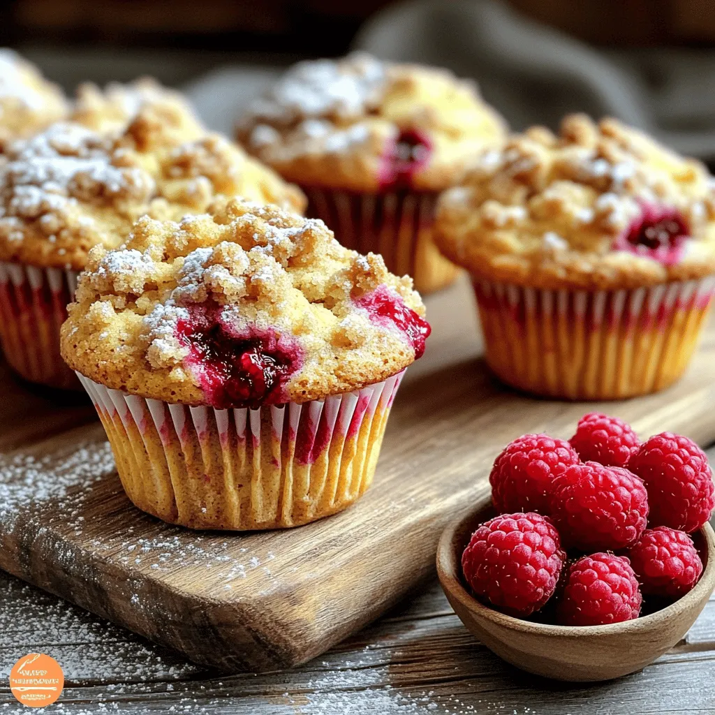 - 2 cups all-purpose flour - 1 cup granulated sugar - 2 large eggs - 1 cup buttermilk - 1 1/2 cups fresh raspberries - 1/2 cup all-purpose flour - 1/4 cup packed brown sugar - 1/4 teaspoon ground cinnamon - 1/4 cup cold unsalted butter, cubed - Vanilla extract - Additional fruits or nuts The main ingredients of the Raspberry Streusel Muffins make them soft and tasty. The all-purpose flour gives structure. The sugar adds sweetness, while eggs help bind the mix. Buttermilk adds moisture and a slight tang. Fresh raspberries give a juicy burst in every bite. The streusel topping adds a crunchy layer. It combines flour, brown sugar, and cinnamon. The cold butter creates a crumbly texture that contrasts the soft muffin. You can enhance the flavor with vanilla extract. You might also add extra fruits or nuts. Blueberries or walnuts work well. This makes each muffin special and unique. These ingredients come together to create a delightful treat. You can enjoy them fresh out of the oven or later. Either way, they are sure to please! - Preheat oven to 375°F (190°C). - Line muffin tin with paper liners or grease lightly. - In a large bowl, combine 2 cups of flour, 1 cup of sugar, 2 1/2 teaspoons of baking powder, 1/2 teaspoon of baking soda, and 1/2 teaspoon of salt. - Mix these dry ingredients well. This step ensures every muffin has even flavor. - In another bowl, whisk together 1/2 cup of melted butter, 1 cup of buttermilk, 2 large eggs, and 1 teaspoon of vanilla extract. - Make sure this mixture is smooth and well combined. - Gently pour the wet mixture into the dry ingredients. - Stir with a spatula until just combined. - Carefully fold in 1 1/2 cups of fresh raspberries. - Avoid overmixing to keep the muffins fluffy. - In a small bowl, mix 1/2 cup of flour, 1/4 cup of packed brown sugar, and 1/4 teaspoon of ground cinnamon. - Add 1/4 cup of cold, cubed butter. - Use your fingers or a fork to mix until it looks like coarse crumbs. - Evenly distribute the batter into the lined muffin cups. - Fill each cup about two-thirds full. - Sprinkle the streusel topping over the batter. - Bake in the preheated oven for 18 to 20 minutes. - Check for doneness with a toothpick. If it comes out clean, the muffins are ready! - Avoid overmixing: Mix until just combined. Overmixing makes muffins dense. - Allow ingredients to come to room temperature: This helps the batter mix better and rise well. - Use cold butter for clumpiness: Cold butter creates nice, crunchy lumps in your streusel. - Customize with nuts or oats: Add chopped nuts or oats for extra crunch and flavor. - Serve on a rustic wooden board: A wooden board looks great and adds charm. - Garnish with powdered sugar and fresh raspberries: This makes your muffins look extra special and inviting. {{image_4}} You can change the fruit in your muffins for new tastes. Here are two great ideas: - Blueberry Streusel Muffins: Swap out raspberries for fresh blueberries. Blueberries add a sweet burst to your muffins. They also keep a nice texture when baked. - Mixed Berry Muffins: Combine raspberries, blueberries, and strawberries. This mix gives a fun flavor and bright colors. You can use equal parts of each berry for balance. Making muffins for everyone is easy with some swaps: - Gluten-free flour substitution: Use a gluten-free flour mix instead of all-purpose flour. Make sure it has a binding agent like xanthan gum. This keeps your muffins fluffy and tasty. - Vegan alternatives for eggs and buttermilk: Replace eggs with flaxseed meal or applesauce. For buttermilk, mix plant-based milk with a bit of vinegar or lemon juice. This keeps the muffins moist and fluffy. Adding flavors can make your muffins unique: - Citrus zest for brightness: Add a teaspoon of lemon or orange zest. This gives a refreshing kick and brightens the flavor. - Chocolate chips for a sweet twist: Stir in some chocolate chips before baking. This adds a rich, sweet surprise in each bite. Store your muffins at room temperature for up to three days. Place them in an airtight container. This keeps them soft and fresh. You can also use a zip-top bag. If you live in a humid area, add a paper towel inside. This helps absorb excess moisture. For longer storage, freeze your muffins. Wrap each muffin in plastic wrap. Then, place them in a freezer bag. Squeeze out the air to prevent freezer burn. They stay fresh for up to three months. When ready to eat, just thaw them in the fridge overnight. To enjoy your muffins warm again, preheat the oven to 350°F (175°C). Place the muffins on a baking sheet. Heat them for about 10 minutes. This warms them up nicely without drying them out. You can also use the microwave. Heat each muffin for about 15-20 seconds. Enjoy them fresh! Yes, you can use frozen raspberries. They work well in muffins. However, frozen berries can change the texture. They might make the batter a bit wetter. This can lead to muffins that are less fluffy. The flavor may also be slightly less bright than fresh raspberries. If you use frozen berries, do not thaw them first. Mix them in directly from the freezer. To check if your muffins are done, use a toothpick. Insert it into the center of a muffin. If it comes out clean, the muffins are ready. If it has wet batter on it, bake longer. Also, look for a golden color on top. The edges should pull away from the muffin tin slightly. To keep muffins moist, use buttermilk in your recipe. Buttermilk adds moisture and flavor. Avoid overmixing the batter, as this can dry them out. Mix until just combined. Adding melted butter also helps keep them soft. You can include extra fruit or a splash of oil for more moisture. In this blog post, you learned how to make delicious raspberry streusel muffins. We covered the key ingredients, step-by-step instructions, and helpful tips to ensure great results. Don't forget the optional ingredients to customize flavors! Also, explore variations and storage tips for perfect muffins every time. Remember, baking is a fun adventure, and you can always try new twists. Enjoy your baking journey, and savor each tasty bite!