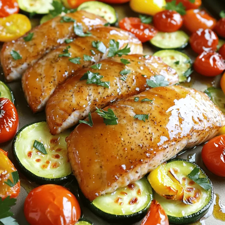 For this dish, you need simple, fresh ingredients. Here’s what to gather: - 4 trout fillets - 1 zucchini, sliced into half-moons - 1 bell pepper (any color), sliced into strips - 1 cup cherry tomatoes, halved - Salt and freshly ground pepper to taste The maple glaze adds a sweet and savory touch. Gather these ingredients: - 1/4 cup pure maple syrup - 2 tablespoons Dijon mustard - 2 tablespoons low-sodium soy sauce - 1 teaspoon garlic powder - 1 teaspoon ginger powder To elevate the dish, consider these options: - 1 tablespoon olive oil for vegetables - Fresh parsley, chopped (optional, for garnish) These ingredients ensure your sheet pan maple glazed trout and veggies are a hit. They bring flavor and color to your plate. Enjoy the balance between the sweet glaze and the fresh veggies for a wonderful meal! First, you need to preheat your oven to 400°F (200°C). This step is key for even cooking. While the oven heats, gather your trout fillets and veggies. You will also need a large sheet pan and parchment paper for easy clean-up. Parchment paper helps prevent the trout from sticking. For the glaze, take a small bowl. Add 1/4 cup of pure maple syrup, 2 tablespoons of Dijon mustard, and 2 tablespoons of low-sodium soy sauce. Then, sprinkle in 1 teaspoon of garlic powder and 1 teaspoon of ginger powder. Use a whisk to blend it all until the mixture is smooth. This glaze gives the trout a sweet and tangy flavor. Now, place the trout fillets on the lined sheet pan, skin-side down. Pat them dry with a paper towel to remove any excess moisture. Next, sprinkle salt and freshly ground pepper on both sides of each fillet. For the veggies, slice 1 zucchini into half-moons and 1 bell pepper into strips. In a bowl, toss the sliced zucchini, bell pepper, and 1 cup of halved cherry tomatoes with 1 tablespoon of olive oil, salt, and pepper. Arrange the seasoned veggies around the trout fillets on the sheet pan. This colorful mix will roast nicely together. Pour half of the maple glaze over the trout, making sure to coat them well. Place the sheet pan in the oven and bake for about 15-20 minutes. The trout is ready when it flakes easily with a fork. The veggies should be tender and vibrant. During the last 5 minutes of baking, brush the remaining glaze over both the trout and veggies. This makes them sticky and shiny, enhancing their flavors. Once done, take the sheet pan out of the oven. If you like, sprinkle some chopped fresh parsley on top for a pop of color. Serve immediately for a delightful meal. To cook trout just right, keep a few key points in mind. First, use fresh trout fillets for the best taste. Make sure your oven is hot at 400°F (200°C) before baking. This helps the trout cook quickly and evenly. Check the trout around the 15-minute mark. It should flake easily with a fork. If you notice it is still a bit raw, give it a couple more minutes. Remember, overcooking can make the fish dry. For bright and tasty veggies, cut them evenly. This helps them cook at the same time. I like to slice zucchini into half-moons and bell peppers into strips. Cherry tomatoes can be halved for a burst of flavor. Drizzle the veggies with olive oil. This adds flavor and helps them roast well. Mix them with salt and pepper for taste. Toss them gently so every piece is coated. You can boost the flavor of this dish with simple extras. Try adding a sprinkle of lemon juice before serving. It adds a nice zing! Fresh herbs like dill or chives can also enhance the taste. If you want a spicy kick, add a pinch of red pepper flakes to the glaze. This gives a fun twist to the sweet maple flavor. Don't be afraid to experiment! Each change can make this dish your own. {{image_4}} If you want to change things up, try using salmon or cod. Both fish have a nice flavor and cook well. Salmon adds richness, while cod is light and flaky. Adjust the cooking time based on thickness. Always check for doneness by using a fork. Mix in different veggies for variety. Asparagus, broccoli, or carrots all work well. You can also use snap peas or Brussels sprouts. Just remember to cut them into even pieces. This ensures they cook at the same rate. Experimenting with colors makes your dish more fun. Feel free to try new glaze flavors. Add a splash of lemon juice for brightness. Or mix in some honey for extra sweetness. You could even use a spicy sauce if you like heat. Think about adding herbs like thyme or rosemary for a fresh twist. The key is to balance the flavors. After you enjoy your meal, store any leftovers safely. Place the trout and veggies in an airtight container. This keeps them fresh for later. They last up to three days in the fridge. Make sure to cool them down to room temperature before sealing. To reheat, use an oven for the best results. Preheat your oven to 350°F (175°C). Place the trout and vegetables on a baking sheet. Cover them with foil to keep moisture in. Heat for about 10-15 minutes or until warm. This helps maintain their texture and flavor. You can freeze leftovers for a longer shelf life. Wrap each trout fillet tightly in plastic wrap. Place the veggies in a separate airtight container. They can stay in the freezer for up to three months. When ready to eat, thaw them in the fridge overnight. Then, reheat as mentioned above for a tasty meal. You can tell trout is cooked when it flakes easily with a fork. The flesh should also look opaque and have a light pink color. Use a food thermometer if you want to be exact. The ideal internal temperature is 145°F (63°C). This way, you ensure the fish is both safe to eat and delicious. Yes, you can prepare this dish ahead of time. You can season the trout and veggies and store them in the fridge for up to 24 hours. Just keep the maple glaze separate until you are ready to bake. This saves time and allows the flavors to blend. Great sides for sheet pan trout include: - Quinoa or rice for a filling base - A fresh green salad for crunch - Garlic bread for a comforting touch - Roasted potatoes for heartiness These sides complement the flavors of the trout and veggies, making for a balanced meal. To adjust the recipe, simply multiply the ingredients by the number of servings you want. For example, if you want to serve eight, double all ingredients. Use a larger sheet pan or two pans to make sure everything cooks evenly. Just keep an eye on the cooking time, as it may vary with more food. In this blog post, I shared how to prepare a delicious trout dish. We covered the ingredients like fresh trout, seasonal veggies, and a tasty maple glaze. I detailed steps for cooking and serving, plus useful tips for perfect results. You can try different fish, tweak veggies, or even swap glazes. Proper storage helps keep leftovers fresh. Remember, cooking should be fun and simple. With practice, you'll impress everyone with your skills. Enjoy your time in the kitchen, and happy cooking!