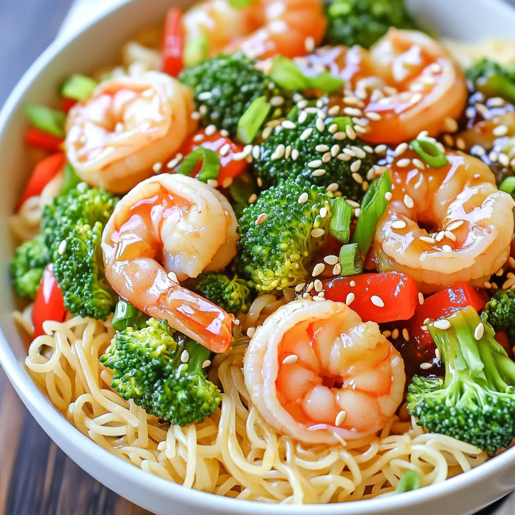 - 8 oz rice noodles - 1 lb large shrimp, peeled and deveined - 1 cup broccoli florets - 1 cup snap peas, trimmed - 1 red bell pepper, thinly sliced - 2 green onions, chopped - 3 tablespoons teriyaki sauce - 1 tablespoon sesame oil - 1 tablespoon fresh ginger, grated - 1 garlic clove, minced - 1 tablespoon sesame seeds for garnish - Salt and pepper to taste Rice noodles cook fast. Check the package for the best cooking time. Shrimp gives great flavor. Make sure they are peeled and deveined. Fresh veggies add color and crunch. Broccoli, snap peas, and bell pepper work well together. Teriyaki sauce adds a sweet and savory taste. You can use store-bought or homemade. Sesame oil brings a nice nutty flavor. Use fresh ginger and garlic for the best taste. They boost the dish with their strong flavors. Each serving contains about 350 calories. You get protein from shrimp and vitamins from the veggies. This dish is low in fat and high in flavor. It is also a good source of fiber, thanks to the vegetables. The teriyaki sauce adds some sugar, so be mindful if you watch your sugar intake. Enjoy this meal as a fresh and healthy option! Cook the rice noodles according to the package directions. This usually takes about 5-7 minutes. Once they are soft, drain the noodles well. To avoid sticking, rinse them with cold water. Set the noodles aside for later use. In a large skillet or wok, heat 1 tablespoon of sesame oil over medium-high heat. Add 1 minced garlic clove and 1 tablespoon of grated ginger. Sauté for around 30 seconds. You want the mix aromatic and slightly golden, not burnt. This step adds great flavor to your dish. Next, add 1 pound of peeled and deveined shrimp to the skillet. Cook the shrimp for 2-3 minutes. Stir occasionally until they turn pink and opaque. Lightly season with salt and pepper. This step makes the shrimp flavorful and juicy. Now it’s time to add color! Introduce 1 cup of broccoli florets, 1 cup of snap peas, and 1 thinly sliced red bell pepper to the skillet. Stir well and cook for an additional 3-4 minutes. You want the veggies to be tender but still crisp. This keeps them fresh and crunchy. Drizzle 3 tablespoons of teriyaki sauce over the shrimp and veggies. Stir gently to coat everything well. This step is key to bringing all the flavors together. Let it heat for about 1 minute. The sauce should make the dish shiny and flavorful. Carefully add the cooked rice noodles to the skillet. Mix all the ingredients well, ensuring the noodles are evenly coated in the teriyaki sauce. This step ties everything together, making each bite delicious. Remove the skillet from the heat. Top the dish with chopped green onions and a sprinkle of sesame seeds. This adds a nice crunch and color. Serve the noodle bowls right away for the best taste and texture. Enjoy this fresh and easy meal! To make your Minute Teriyaki Shrimp Noodle Bowls shine, focus on fresh ingredients. Use large, juicy shrimp for the best taste and texture. Cook the rice noodles just until tender. Drain them well to avoid clumping. Sauté the garlic and ginger until they smell great, but don't let them burn. That step builds flavor for your dish. Timing is key in this quick meal. Start by cooking the rice noodles first. While they cook, heat your skillet. This way, you save time. When the noodles are done, move to the shrimp. Cook the shrimp for just a few minutes. Then, add the veggies and teriyaki sauce. Everything cooks fast, so keep an eye on it. This helps you serve a warm dish. Presentation makes meals more inviting. Use deep bowls for serving. The colors of the shrimp, veggies, and noodles look great together. Top your bowls with green onions and sesame seeds. For a fun touch, drizzle more teriyaki sauce on top. This not only adds flavor but also makes your dish pop visually. Serve right away for the best taste! {{image_4}} You can switch the shrimp for other proteins. Chicken, tofu, or beef work well. If you use chicken, slice it thinly. Cook it until it is no longer pink. For tofu, use firm tofu for the best texture. Press it to remove extra moisture before cooking. This will help it absorb flavors better. Feel free to mix in your favorite vegetables. Carrots, bell peppers, or zucchini add nice color and crunch. You can also use kale or spinach for added nutrients. Just remember to adjust the cooking time so they stay crisp. The goal is to keep all veggies fresh and vibrant. To make this dish gluten-free, choose rice noodles that are certified gluten-free. You can also replace teriyaki sauce with a gluten-free version. For a vegan option, swap shrimp for chickpeas or extra firm tofu. Both options provide protein and pair well with the sauce. Enjoy experimenting to find your perfect bowl! Store any leftover Minute Teriyaki Shrimp Noodle Bowls in an airtight container. Make sure the dish cools to room temperature first. This helps keep the noodles from getting too soggy. Place the container in the fridge if you plan to eat it within a few days. To reheat, transfer the noodles to a skillet. Add a splash of water or extra teriyaki sauce to keep it moist. Heat over medium heat until warm. Stir often to heat evenly. You can also use a microwave, but cover the bowl to avoid drying out the dish. The noodles can last in the fridge for up to three days. If you want to freeze them, do so right after cooking. Place the dish in a freezer-safe container. It can stay frozen for up to three months. To enjoy later, thaw in the fridge overnight and reheat as mentioned above. Yes, you can use frozen shrimp. Just thaw them before cooking. This makes meal prep easy. To thaw, place shrimp in a bowl of cold water for about 15 minutes. This helps keep the shrimp juicy and tender. To lower the calories, try these tips: - Use less teriyaki sauce. - Swap rice noodles for zucchini noodles or a lower-calorie option. - Add more vegetables like spinach or mushrooms to bulk it up without extra calories. These swaps keep the dish tasty and healthy. If you don’t have teriyaki sauce, try these options: - Soy sauce mixed with a bit of honey or brown sugar. - A mix of soy sauce and rice vinegar for tang. - Make a quick sauce with hoisin and soy sauce. These options give a similar flavor. This dish takes about 20 minutes total. You spend 10 minutes prepping and cooking. This makes it a great weeknight meal when you're short on time. This guide walked you through making a tasty teriyaki shrimp dish. We covered ingredients, cooking steps, and helpful tips. You learned how to add your favorite veggies or switch proteins. We also shared storage tips and answered common questions. Now, you have all the tools to make this dish shine. Enjoy creating your flavorful masterpiece!