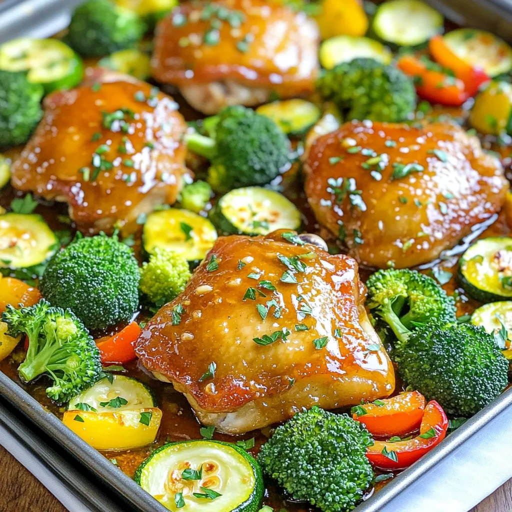 - 1 lb boneless, skinless chicken thighs - 2 tablespoons honey - 3 cloves garlic, finely minced - 2 tablespoons soy sauce - 1 tablespoon extra-virgin olive oil - 1 medium zucchini, sliced into half-moons - 1 bell pepper, cut into bite-sized pieces - 1 cup fresh broccoli florets To make the Honey Garlic Chicken Veggie Sheet Pan, start with boneless, skinless chicken thighs. They stay juicy and tender during cooking. Honey gives a sweet touch, while garlic adds depth. Soy sauce brings umami, and olive oil keeps everything moist. For veggies, I love using zucchini, bell pepper, and broccoli. They not only taste great but also add color. - 1 teaspoon dried thyme - 1 teaspoon smoked paprika - Salt and black pepper to taste - Fresh parsley, finely chopped, for garnish For seasonings, I use dried thyme and smoked paprika. Thyme has a lovely, earthy flavor. Smoked paprika adds a slight smokiness. Use salt and black pepper to taste. Fresh parsley brightens up the dish. It adds a pop of color and freshness. This mix of flavors makes each bite special. 1. Preheat your oven to 400°F (200°C). This ensures even cooking. 2. Line a large baking sheet with parchment paper. This helps with easy cleanup. 3. In a bowl, mix together 2 tablespoons honey, 3 minced garlic cloves, 2 tablespoons soy sauce, 1 tablespoon olive oil, 1 teaspoon dried thyme, 1 teaspoon smoked paprika, salt, and black pepper. Whisk until smooth. 4. Add 1 pound of chicken thighs to the bowl. Coat each piece well. For the best flavor, let the chicken marinate for 15 minutes. If you have more time, marinate for up to 2 hours in the fridge. 1. While the chicken marinates, prepare your veggies. Start with slicing 1 medium zucchini into half-moons. 2. Cut 1 bell pepper into bite-sized pieces. 3. Wash and break 1 cup of broccoli into florets. 4. Arrange the zucchini, bell pepper, and broccoli on the baking sheet. 5. Drizzle a little olive oil over the veggies. Season with salt and pepper. Toss them well to coat evenly. 1. After marinating, place the chicken thighs on the baking sheet. Arrange them among the veggies. 2. Drizzle leftover marinade over both the chicken and veggies for more flavor. 3. Bake everything in the preheated oven for 25-30 minutes. 4. Check the chicken; it should reach an internal temperature of 165°F (75°C). The veggies should be tender and bright. 5. Once done, take the sheet pan out of the oven. Let it rest for about 5 minutes. 6. Before serving, sprinkle freshly chopped parsley on top for a fresh touch. For the best flavor, marinate chicken for at least 15 minutes. If you have more time, marinate overnight in the fridge. This step makes a big difference. The longer the chicken soaks, the better it tastes. To make sure chicken cooks evenly, cut thighs into similar sizes. This helps them cook at the same rate. For veggies, check their texture. They should be tender but still bright and crisp when done. For a fun presentation, serve the dish straight from the pan. It looks great and saves on cleanup. You can also plate individual servings. Add a sprinkle of sesame seeds or extra parsley for color. Pair this meal with rice or a light salad for a complete dining experience. {{image_4}} You can switch chicken thighs for many other proteins. Tofu works well for a plant-based option. Firm tofu holds its shape and absorbs flavors nicely. You can also use fish, like salmon or tilapia. They cook quickly and add a different taste. For veggies, choose what’s in season. You can use asparagus in spring or sweet potatoes in fall. Carrots and snap peas are great choices year-round. Mix and match to find your favorite combinations. If you need a gluten-free meal, use tamari instead of soy sauce. This keeps all the flavor without gluten. You can also skip the soy sauce entirely and add more honey for sweetness. For a low-carb or keto-friendly dish, swap out the honey for a low-carb sweetener like erythritol. Replace the zucchini with cauliflower for a veggie that’s lower in carbs. This keeps the meal tasty and fits your diet. To keep your Honey Garlic Chicken Veggie Sheet Pan fresh, follow these steps: - Allow the dish to cool completely after cooking. - Transfer leftovers into airtight containers. - Store in the fridge for up to 3 days. - For longer storage, freeze in a freezer-safe container for up to 3 months. Using glass containers helps retain heat and flavor. They also make it easy to see what’s inside. To enjoy this dish again, follow these reheating methods: - For best results, reheat in the oven at 350°F (175°C) for 15-20 minutes. - You can also use a microwave. Heat in 30-second intervals until warm. - Add a splash of water in the microwave to keep veggies from drying out. These methods help maintain the chicken's flavor and the veggies' crispness. Enjoy your meal just like when it was fresh! Yes, you can make this recipe ahead of time. Marinate the chicken in the fridge for up to 2 hours. You can also chop the veggies and store them in the fridge. When you're ready, just bake everything together. Yes, you can freeze this dish. Assemble the chicken and veggies, then place them in a freezer bag. Remove as much air as possible before sealing. You can freeze it for up to 3 months. Thaw it overnight in the fridge before baking. To adjust the recipe, simply halve the ingredients. Use ½ lb of chicken and reduce the veggies accordingly. Keep the marinade ratios the same for the best flavor. You can always save some for later! This dish pairs well with rice or quinoa. You could also serve it with a fresh salad or crusty bread. For a light touch, add a side of fruit. Enjoy exploring different combinations! You now have a clear guide to making a tasty Honey Garlic Chicken Veggie Sheet Pan meal. We covered choosing fresh ingredients, marinating chicken, and preparing colorful veggies. Cooking tips help ensure everything tastes great. Don’t be afraid to swap proteins and veggies to fit your taste. Proper storage keeps leftovers fresh, and reheating methods help maintain flavor. Enjoy this easy, healthy dish that can impress at any meal. Think of all the fun and tasty options you can create!