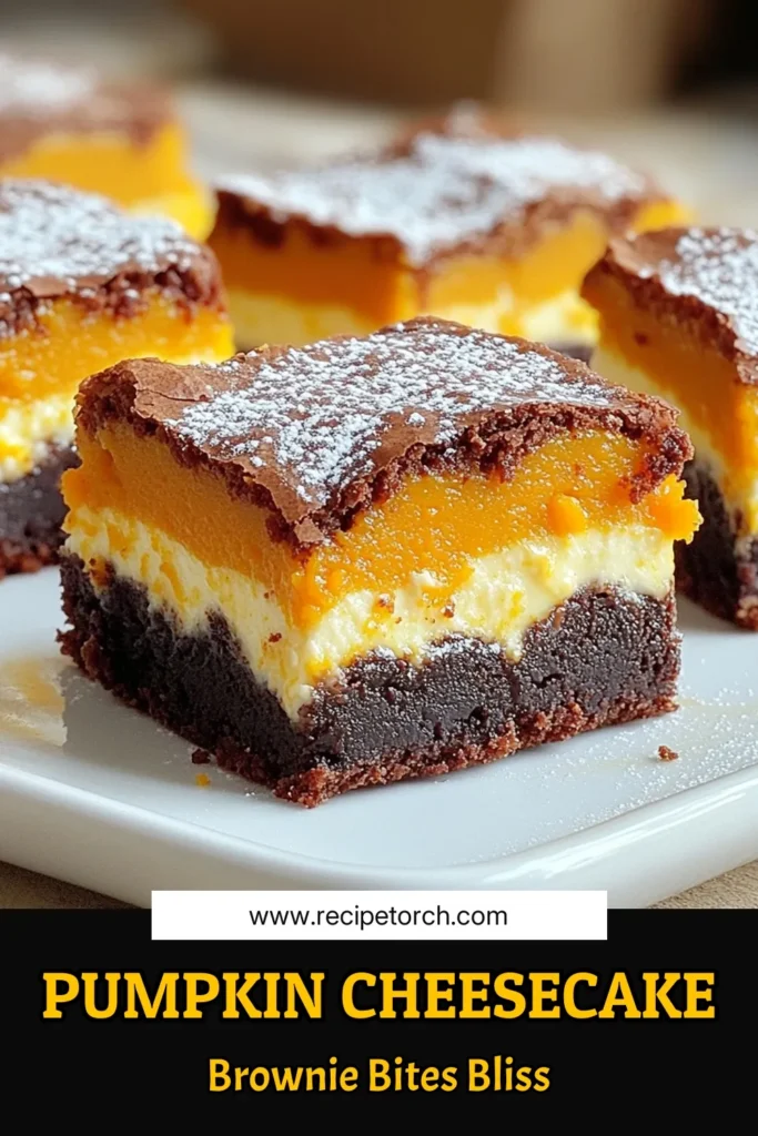 Indulge in the ultimate fall treat with these Pumpkin Cheesecake Brownie Bites! These delicious bites combine creamy pumpkin cheesecake and rich brownie layers for a delightful dessert. Perfect for sharing at gatherings or enjoying yourself, they're easy to make and irresistible! Discover the full recipe and impress your friends with this seasonal favorite. Click through now to get started! #PumpkinCheesecake #FallBaking #DessertRecipes #Brownies