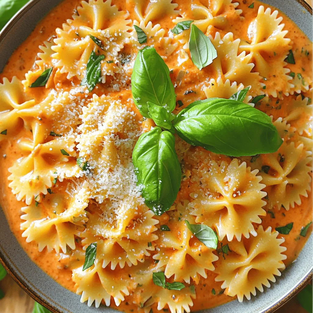 To make this creamy roasted red pepper pasta, gather these items: - 12 oz pasta (farfalle or penne work wonderfully) - 2 large, ripe red bell peppers - 1 small onion, finely chopped - 3 cloves garlic, minced - 1 cup vegetable broth - 1 cup heavy cream (or a non-dairy alternative for a vegan option) - 1 teaspoon smoked paprika - 1 teaspoon dried Italian herbs (like basil and oregano) - Salt and freshly cracked pepper, to taste - 2 tablespoons extra virgin olive oil If you need to swap ingredients, consider these options: - Use whole wheat pasta for added fiber. - Swap red bell peppers with yellow or orange for a different flavor. - Replace heavy cream with coconut milk for a dairy-free choice. - Use vegetable stock instead of broth for a lighter taste. - Garlic powder can stand in for fresh garlic if needed. For a delightful touch, try these garnishes: - Fresh basil leaves add color and aroma. - Grated Parmesan cheese or a vegan alternative enhances richness. - A drizzle of olive oil gives a shiny finish. - Crushed red pepper flakes can add a spicy kick. To start, preheat your oven to 425°F (220°C). This heat helps roast the peppers well. Cut the red bell peppers in half. Remove the seeds and stems. Place the halves cut-side down on a baking sheet. Drizzle one tablespoon of olive oil over them. Make sure they are well coated. Roast these in the oven for about 20-25 minutes. You want the skins to get charred and blistered. While the peppers roast, heat one tablespoon of olive oil in a large pot. Use medium heat for this step. Add the finely chopped onion and minced garlic to the pot. Sauté them until the onion turns translucent. This should take about 3-4 minutes. The smell will be amazing as they cook! When the peppers are done, let them cool for a minute. Carefully peel off the charred skins. Place the roasted peppers into a blender. Add the sautéed onions and garlic, vegetable broth, and heavy cream. Also, include smoked paprika, dried Italian herbs, and a pinch of salt and pepper. Blend until everything is smooth and creamy. This sauce is the heart of your pasta dish. Pour your vibrant sauce back into the pot. Bring it to a gentle simmer over medium heat. Stir occasionally to let the flavors mix well. Now, add the uncooked pasta to the pot. Make sure it's fully submerged in the sauce. Cover the pot and cook for about 12-15 minutes. Stir it now and then. The pasta should become al dente and soak up most of the sauce. If it gets too thick, you can add a bit of water or more vegetable broth. After cooking, taste the pasta. Adjust with more salt or pepper if needed. Serve your creamy pasta hot, topped with fresh basil and some grated cheese. Roasting bell peppers brings out their natural sweetness. Here’s how to do it right: - Choose ripe peppers: Look for bright red, firm peppers without blemishes. - Cut them evenly: Halve the peppers lengthwise and remove seeds and stems. - Use enough oil: Drizzle them with olive oil. This helps the skin blister. - Roast at high heat: Set your oven to 425°F (220°C) and roast for 20-25 minutes. - Watch for charring: The skin should be charred and blistered. This adds smoky flavor. Let them cool slightly before peeling off the skins. This step is key for a smooth sauce. Choosing the right pasta makes a big difference. Here are my top picks: - Farfalle: The bow-tie shape holds sauce well. - Penne: The tubes trap the creamy sauce inside. - Fusilli: The spirals catch every bit of flavor. Feel free to experiment with your favorite pasta. Just keep in mind the cooking time. You can customize how creamy your dish is. Here are some tips: - Use heavy cream for richness: This makes the sauce very smooth. - Try non-dairy milk: Almond or oat milk can work well for a lighter version. - Add more broth: If the sauce is too thick, a splash of vegetable broth helps. Taste as you go. Adjust the creaminess to suit your preference. Enjoy the process! {{image_4}} You can easily make this creamy pasta vegan. Swap heavy cream for a non-dairy option. Use coconut cream or cashew cream for a rich taste. You can also use almond milk, but it will be lighter. Look for vegan cheese to sprinkle on top. This small change keeps the dish creamy and delicious. Want to add protein? Chicken, shrimp, or tofu are great choices. For chicken, cook bite-sized pieces in the pot until golden. Shrimp cooks quickly, just add it in the last few minutes. If using tofu, try firm tofu. Sauté it until crispy for the best texture. Each protein option adds flavor and makes the dish heartier. To boost flavor, add spices and fresh herbs. Try a pinch of red pepper flakes for heat. Fresh basil, parsley, or thyme can brighten the dish. You can also mix in sun-dried tomatoes or olives for a twist. These additions create new taste experiences without much effort. Experimenting is fun and helps you find your favorite flavor! To keep your leftover creamy roasted red pepper pasta fresh, store it in an airtight container. Make sure to let the pasta cool to room temperature before sealing it. This helps prevent condensation and keeps the pasta from getting soggy. The pasta will stay good in the fridge for up to three days. When you’re ready to enjoy your leftovers, reheat the pasta gently. Place it in a pot over low heat. Add a splash of water or vegetable broth to help loosen the sauce. Stir often until it’s warmed through. You can also use the microwave. Heat in short bursts, stirring in between. This keeps the pasta creamy and tasty. If you want to save the pasta for later, you can freeze it. Divide the cooled pasta into portions and place them in freezer-safe bags or containers. Remove as much air as possible before sealing. It’s best to use frozen pasta within two months. To reheat frozen pasta, thaw it overnight in the fridge. Then follow the reheating tips above for a perfect meal. Yes, you can make this dish ahead of time. Cook the pasta and sauce, then cool them. Store them separately in the fridge. When ready to serve, just reheat both parts together. This saves time and keeps the flavors fresh. Creamy roasted red pepper pasta pairs well with many sides. Consider serving it with: - A crisp green salad - Garlic bread for a crunchy bite - Grilled vegetables for added flavor - Roasted chicken or shrimp for protein These options enhance your meal and make it more satisfying. Absolutely! This pasta is perfect for meal prep. The sauce and pasta hold well in the fridge for a few days. Just divide into containers. You can easily grab a meal for lunch or dinner. It makes busy days easier and tastier. To adjust the spice level, you have a few options. If you like it mild, skip the paprika. For some heat, add red pepper flakes or diced jalapeños. Start with a small amount, then taste and add more if needed. You control the spice! This blog post covered making creamy roasted red pepper pasta. We explored essential ingredients, tasty substitutes, and optional garnishes. The step-by-step guide detailed how to prep peppers, sauté onions, make the sauce, and cook pasta. Tips helped you roast peppers well and choose the best pasta. We shared variations for vegan options and adding protein. Plus, we discussed storage and reheating to keep it fresh. You now have all the tools to make a delicious dish your friends and family will love. Enjoy creating your pasta masterpiece!