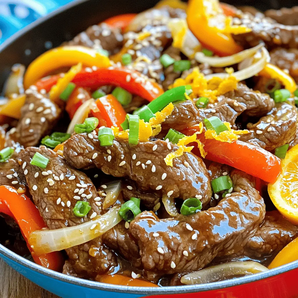 - Beef Sirloin Requirements - 1 lb (450g) beef sirloin, thinly sliced against the grain - Marinade Components - 1 large orange, zested and juiced - 2 tablespoons soy sauce - 2 tablespoons hoisin sauce - 1 tablespoon chili garlic sauce - 1 tablespoon cornstarch - Vegetable Additions and Garnishes - 2 tablespoons vegetable oil (divided) - 1 red bell pepper, julienned - 1 green bell pepper, julienned - 1 onion, sliced into thin rings - 3 cloves garlic, minced - 1 teaspoon fresh ginger, minced - Sesame seeds, for garnish - 2 green onions, finely chopped for garnish This list gives you everything you need for a tasty dish. Start with the beef sirloin. It’s key for a great flavor and texture. Next, fresh orange juice and zest add a lovely note. Soy sauce and hoisin sauce bring that umami taste. Chili garlic sauce adds a nice kick. Cornstarch helps thicken the sauce and gives a great glaze. For vegetables, grab some bright bell peppers and onion. They add color and crunch. Garlic and ginger bring warmth and depth. Sesame seeds and green onions finish the dish with extra flair. This mix of ingredients ensures your Spicy Orange Beef shines on the plate. Marinating the Beef To start, take your thinly sliced beef sirloin. In a medium bowl, mix the orange juice, soy sauce, hoisin sauce, chili garlic sauce, and cornstarch. Add the beef to the bowl. Use your hands or a spatula to coat each piece well. Let it rest for at least 30 minutes. This step is key. It helps the beef absorb all those tasty flavors. Cooking the Beef Heat 1 tablespoon of vegetable oil in a large skillet or wok over medium-high heat. Once the oil shimmers, add the marinated beef. Spread it out in a single layer. Stir-fry the beef for about 5-7 minutes. Look for a nice brown color. When done, remove the beef from the skillet and set it aside on a plate. Stir-frying Vegetables Now, without cleaning the skillet, add the other tablespoon of oil. Toss in your sliced onion. Stir it for about 2 minutes until it softens. Then, add the julienned red and green bell peppers, minced garlic, and ginger. Stir-fry for another 3-4 minutes. You want the veggies tender but still crisp. Their bright colors and fresh smells will fill your kitchen. Combining Flavors Next, return the cooked beef to the skillet. Sprinkle in the orange zest. Mix everything well for about a minute. This lets all the flavors blend together. Garnishing Techniques To plate your Spicy Orange Beef, serve it hot. Sprinkle sesame seeds on top. Then, add finely chopped green onions for a fresh finish. Serving Suggestions I love serving this dish on a bed of fluffy rice. It really makes the colors pop. You can also add a few orange segments on the side for extra flavor. Enjoy! Best Stir-frying Practices Stir-frying works best with high heat. Use a large skillet or wok. Make sure to keep the beef in a single layer. Don't overcrowd the pan. This helps the beef brown nicely. Stir often for even cooking. Achieving Perfect Beef Texture Slice the beef thinly against the grain. This makes it more tender. Marinate the beef for at least 30 minutes. The marinade adds flavor and helps with texture. Stir-fry the beef until it is just cooked. Overcooking can make it tough. Suggestions for Additional Seasoning You can add a splash of fish sauce for depth. A teaspoon of sugar balances the heat. Try adding fresh herbs like cilantro or basil for freshness. How to Adjust Spiciness If you like it hotter, add more chili garlic sauce. For a milder dish, cut back on the sauce. You can also serve it with a side of yogurt to cool the heat. This way, everyone can enjoy their own spice level. {{image_4}} Alternative Proteins You can swap beef with chicken or pork. Both proteins work well with the sauce. Try using tofu for a lighter option. It absorbs flavors and adds a different texture. Vegetarian Options For a vegetarian dish, use cubed tempeh or seitan. Both have a great texture and hold up well in cooking. You can also use mixed vegetables instead of meat. Just increase the amount of bell peppers and onions for a hearty meal. Sweet vs. Spicy Adjustments If you prefer a sweeter dish, add more hoisin sauce or orange juice. To kick up the heat, use extra chili garlic sauce. You can also add red pepper flakes for an extra kick. Adjust to your taste for the perfect balance. Regional Variations of Spicy Orange Beef In some regions, people add nuts like cashews or peanuts for crunch. Others might use different citrus fruits, like lemons or limes, for a fresh twist. Explore these ideas to make the dish your own. To keep your Spicy Orange Beef fresh, follow these tips: - Refrigeration: Store leftovers in an airtight container. This helps prevent drying out. Use within 3 to 4 days for best quality. - Freezing: You can freeze Spicy Orange Beef. Place it in a freezer-safe container. It lasts for up to 2 months. Ensure it cools completely before freezing to avoid ice crystals. To enjoy your Spicy Orange Beef again, reheating is key: - Best Methods: Use the stovetop for the best flavor. Heat over medium-low heat. Stir gently until warmed through. This keeps the beef tender and juicy. - Microwave vs. Stovetop: The microwave is quick but may dry the beef. If you use it, cover the dish and add a splash of water. This helps maintain moisture. With these storage and reheating tips, your Spicy Orange Beef will stay delicious and flavorful, ready for your next meal! What can I serve with Spicy Orange Beef? You can serve Spicy Orange Beef with fluffy rice or noodles. Both soak up the spicy sauce well. You might also add steamed broccoli or a simple salad for extra crunch and color. Can I make this dish ahead of time? Yes, you can prepare the beef and marinade a day before. Just let it sit in the fridge. It will taste even better as it sits. Cook the beef and vegetables just before serving for the best flavor. Is Spicy Orange Beef gluten-free? To make Spicy Orange Beef gluten-free, use gluten-free soy sauce. The other ingredients are naturally gluten-free. Always check labels for hidden gluten to stay safe. Enjoy this dish without worry! In this blog post, we explored how to make Spicy Orange Beef. We covered essential ingredients, step-by-step cooking methods, and tips for perfect results. You learned about variations, storage methods, and handy FAQs. Now, you have everything you need to impress your family or friends. Enjoy experimenting with flavors and experimenting with your own twist. Trust me, your kitchen skills will shine with this dish!