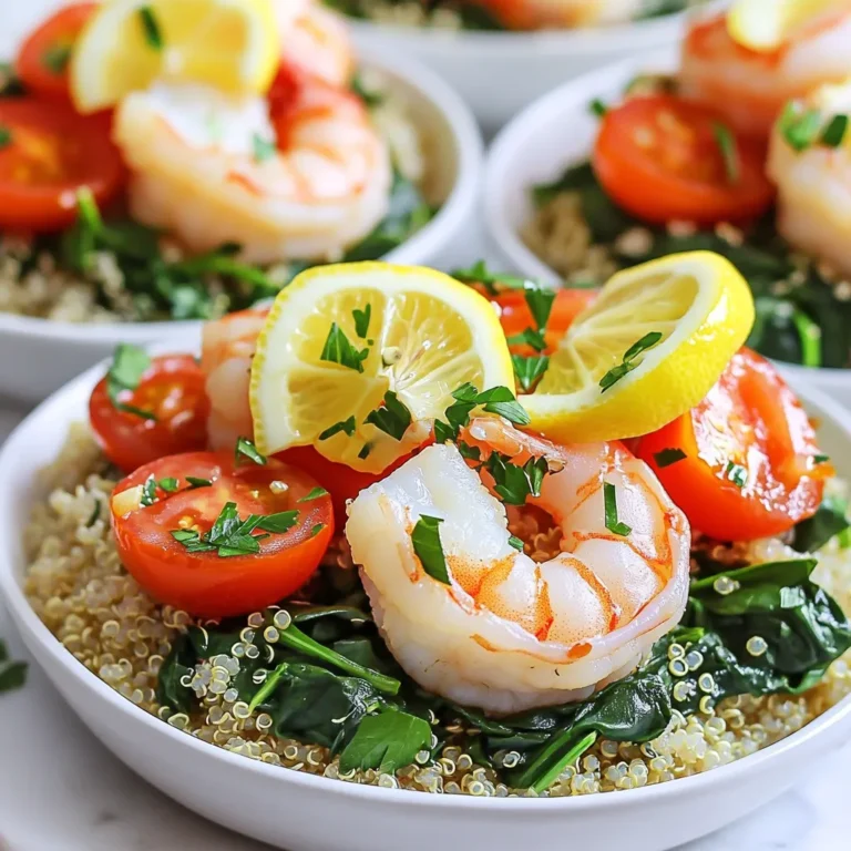 To make these tasty bowls, you need the following main ingredients: - 1 pound large shrimp, peeled and deveined - 4 cloves garlic, finely minced - 2 tablespoons extra virgin olive oil - Juice and zest of 1 large lemon - 2 cups cooked quinoa or brown rice - 1 cup cherry tomatoes, halved - 1 cup fresh spinach, roughly chopped - Salt and freshly ground black pepper to taste - Fresh parsley, finely chopped for garnish These ingredients come together to create a bright and fresh dish. The shrimp bring protein and flavor, while the garlic and lemon add zest. If you want to add some extra taste, consider these optional ingredients: - 1 teaspoon red pepper flakes for a spicy kick - Additional lemon wedges for serving These extras can make your dish even more exciting. The red pepper flakes give a nice heat, while lemon wedges add a refreshing touch. You can easily adjust this recipe to fit different diets. Here are some substitutions: - Use tofu or chickpeas instead of shrimp for a plant-based option. - Quinoa can be swapped with brown rice or cauliflower rice for lower carbs. - For a gluten-free dish, ensure the soy sauce (if used) is gluten-free. These swaps allow everyone to enjoy the meal, no matter their dietary needs. Start by heating 2 tablespoons of extra virgin olive oil in a large skillet. Use medium-high heat until the oil shimmers. Add 4 cloves of finely minced garlic and sauté for about 30 seconds. You want it to smell great but not brown. Next, add 1 pound of peeled and deveined shrimp. Season the shrimp with salt, black pepper, and red pepper flakes if you like spice. Cook the shrimp for 2 to 3 minutes. Turn them often until they turn pink and opaque. Once cooked, drizzle in the juice and zest of 1 large lemon. Gently stir to coat the shrimp. Let it cook for one more minute to blend the flavors. While your shrimp are cooking, grab a separate bowl. Combine 2 cups of cooked quinoa or brown rice with 1 cup of roughly chopped fresh spinach and 1 cup of halved cherry tomatoes. Toss everything gently. The heat from the quinoa or rice will slightly wilt the spinach, making it tender and tasty. Now it's time to build your bowls! Divide the quinoa or rice mixture evenly into 4 serving bowls. Top each bowl with the lemon garlic shrimp. Make sure to include all the tasty juices from the skillet. For a fresh touch, sprinkle some finely chopped parsley on top. You can also add a lemon wedge on the side for extra zest. Enjoy your meal! To cook shrimp well, start with a hot skillet. I heat the olive oil until it shimmers. This helps the shrimp cook evenly. Add minced garlic and sauté until fragrant. Do not let it brown. Next, add the shrimp to the skillet. Cook for 2-3 minutes. They should turn pink and opaque. If you overcook them, they become rubbery. Keep an eye on the color change to know when they are done. Seasoning makes a big difference in taste. I use salt, black pepper, and red pepper flakes for a kick. Feel free to adjust the red pepper flakes based on your spice level. The lemon juice and zest add a fresh flavor. Mix the seasonings well with the shrimp. This ensures every bite is packed with taste. Experiment with herbs like thyme or parsley for a unique twist. How you serve the dish matters too. I like to use colorful bowls for a vibrant display. A lemon wedge on the side adds a nice touch. It gives a pop of color and more flavor when squeezed. Sprinkle fresh parsley on top for a finishing touch. It makes the dish look fancy. Consider adding extra red pepper flakes for those who enjoy heat. This way, everyone can customize their bowl. {{image_4}} You can easily boost the nutrition of your lemon garlic shrimp bowls. Try adding more veggies. Bell peppers, zucchini, or broccoli work great. Simply chop them into bite-sized pieces. Sauté them in the skillet before adding the shrimp. This gives them a nice crunch and color. You can also stir in frozen peas or corn. They add sweetness and bright flavors too. Don't be afraid to mix and match your favorite veggies! If you want a change from shrimp, you have options. Chicken breast or tofu can take its place. For chicken, cut it into small pieces and cook until golden. Use the same method as for shrimp. For tofu, use firm tofu and cut it into cubes. Make sure to press the tofu to remove excess water. This helps it crisp up nicely. Both options soak up the lemon and garlic flavors well. Switching up the grain base can change the whole dish. Quinoa and brown rice are great choices, but why stop there? Try using farro, barley, or even cauliflower rice. Each grain has its own taste and texture. Farro adds a nutty flavor, while cauliflower rice is low in carbs. Cook your chosen grain according to package instructions. Mix it with the veggies and enjoy a new twist on your shrimp bowl. To store leftovers, let the shrimp bowls cool down first. Place the shrimp, quinoa or rice, and veggies in an airtight container. Make sure to separate the shrimp from the grains and veggies to keep them fresh. Store in the fridge for up to three days. This way, you can enjoy this tasty dish again! To reheat, simply take out your leftovers from the fridge. You can use a microwave or a skillet. If using a microwave, heat on medium for about 1-2 minutes. Stir halfway to heat evenly. For a skillet, add a splash of water and cover. Heat over low for about 5 minutes. This keeps your shrimp juicy and tender. You can freeze the shrimp bowls too! First, cool the dish completely. Then, pack the shrimp and grains in a freezer-safe bag or container. Remove as much air as you can. This helps prevent freezer burn. Store for up to three months. When you’re ready to eat, thaw overnight in the fridge before reheating. This makes meal prep easy and fun! Cooking shrimp is quick. It takes about 2-3 minutes. You want them to turn pink and opaque. Overcooking makes them tough. Watch closely when cooking shrimp. Yes, you can use frozen shrimp. Just thaw them first. Place them in cold water for a few minutes. Pat them dry before cooking. This keeps the shrimp from getting watery. You can serve many things with shrimp bowls. Try a fresh salad or steamed veggies. A side of crusty bread works well too. You could also add avocado for creaminess. Pairing with a light white wine adds a nice touch. Lemon garlic shrimp bowls are easy to make and full of flavor. You learned about the key ingredients, cooking steps, and ways to customize your meal. Try adding veggies or switching the protein for a new twist. Proper storage keeps your dish fresh for later. Remember, cooking shrimp takes just a few minutes. Enjoy your flavorful bowls and impress your friends!
