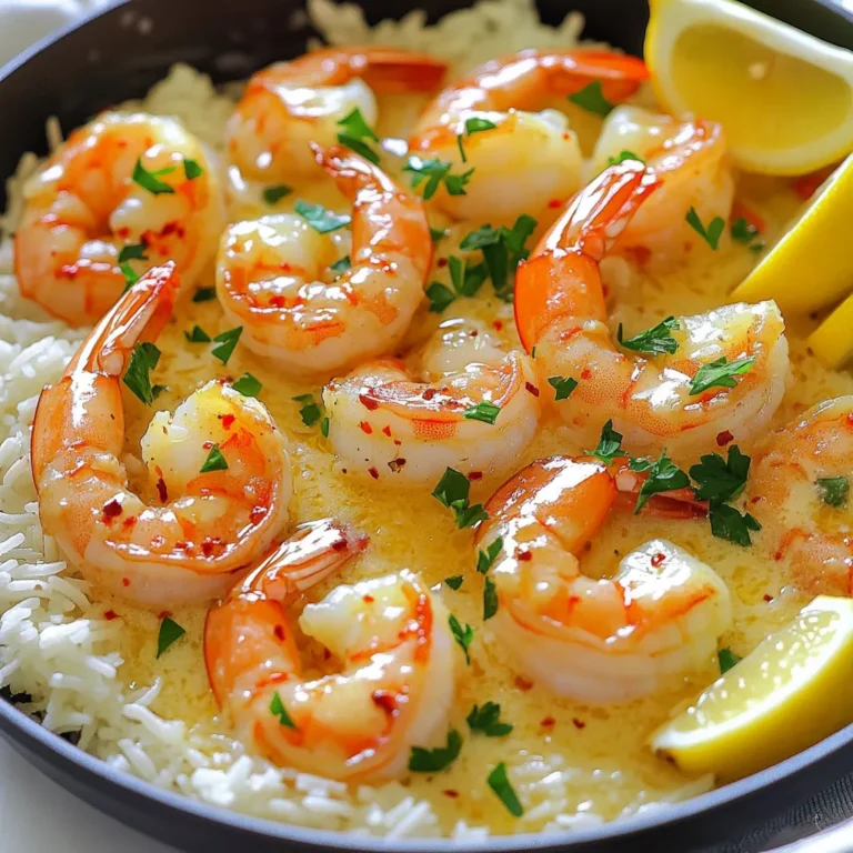 - Large shrimp: 1 lb, peeled and deveined - Butter: 4 tablespoons, unsalted - Garlic: 4 cloves, minced - Red pepper flakes: 1 teaspoon, adjust for spice level - Lemon juice: 1 tablespoon, freshly squeezed - Parsley: 1 tablespoon, fresh and finely chopped - Seasonings: Sea salt and freshly cracked black pepper - Serving options: Cooked rice or pasta In my kitchen, I love to keep it simple and fresh. Each ingredient plays a key role in the taste of garlic butter shrimp. The shrimp must be large and fresh for the best bite. Always peel and devein them before cooking. I use unsalted butter, as it lets the other flavors shine. Garlic is a must! I recommend fresh cloves, finely minced, for the best flavor. Red pepper flakes add a nice kick. You can adjust the amount based on your heat preference. Fresh lemon juice brightens the dish. A good squeeze balances the richness of the butter. Don't skip the parsley; it adds color and freshness. Lastly, season with sea salt and cracked black pepper for a perfect finish. When serving, I love pairing the shrimp with cooked rice or pasta. The buttery sauce soaks in, making every bite delicious. Enjoy cooking! - Step 1: Melting the Butter Start by placing a large skillet on medium heat. Add 4 tablespoons of unsalted butter. Let it melt slowly. Watch for the bubbles; you want it to bubble without browning. This step brings out the rich flavor of the butter. - Step 2: Sautéing the Garlic Once the butter is bubbling, add 4 cloves of finely minced garlic. Sauté the garlic for about 1 minute. You want it to smell amazing but not burn. The scent of garlic adds depth to our dish. - Step 3: Adding Spice with Red Pepper Flakes Now, add 1 teaspoon of red pepper flakes. Stir them into the bubbling garlic butter. This will give your dish a nice kick. Adjust the amount based on your heat preference. - Step 4: Cooking the Shrimp in Skillet Add 1 pound of peeled and deveined shrimp to the skillet. Spread them out in a single layer. Cook for about 2-3 minutes on each side. They should turn pink and opaque when done. This shows they are fully cooked. - Step 5: Finishing with Lemon Juice and Seasoning After cooking, drizzle 1 tablespoon of fresh lemon juice over the shrimp. Gently stir to mix in the flavors. Season with sea salt and freshly cracked black pepper to taste. This brightens the dish and enhances the flavors. - Step 6: Garnishing with Parsley Remove the skillet from heat. Sprinkle 1 tablespoon of finely chopped fresh parsley on top. This adds color and freshness, making your dish pop visually. - Step 7: Plating the Dish To serve, scoop the shrimp and garlic butter sauce over cooked rice or pasta. Make sure to drizzle any remaining sauce over the dish for extra flavor. For a nice touch, add lemon wedges and a bit more parsley on top. This makes your meal look inviting and tasty. Using fresh shrimp gives the best taste. Fresh shrimp has a sweet flavor and firm texture. If you must use frozen shrimp, thaw it fully before cooking. This helps it cook evenly. To get the best texture, don't overcrowd the skillet. Cook shrimp in a single layer. This allows each piece to sear perfectly. High heat helps create a golden crust. You can add herbs for more flavor. Fresh basil or thyme pairs well with shrimp. Try using different types of butter, too. Garlic herb butter can add a rich taste. You could even use spicy butter for a kick. A splash of white wine can also boost the sauce. It adds depth and brightness to the dish. Garnish your dish for a pop of color. Lemon wedges and parsley look great. Serve the shrimp in a wide bowl. This style makes it easy for guests to dig in. Drizzle extra garlic butter on top for a nice touch. It not only looks good but also gives a burst of flavor. {{image_4}} You can easily switch up the protein in this dish. If you want a different taste, try using scallops or chicken instead of shrimp. Scallops cook quickly and have a sweet flavor. Chicken adds a hearty touch and is widely loved. For herbs, you can choose cilantro or basil. Cilantro gives a fresh, bright flavor. Basil adds a sweet, aromatic note that works well with garlic and butter. Just chop the herbs finely and sprinkle them in at the end. If you need gluten-free options, serve this dish over rice instead of pasta. Rice is naturally gluten-free and pairs well with the garlic butter sauce. You can also use quinoa for a nutty flavor and added protein. For a low-carb option, try zucchini noodles. These noodles are made from zucchini and are a great way to cut carbs while enjoying the dish. You can spiralize the zucchini and cook it briefly in a skillet to soften. To spice things up, consider adding a lemon garlic chili sauce. It gives the dish a nice kick and enhances the flavor. Just drizzle it over the shrimp before serving. For a Mediterranean twist, add olives and capers. These ingredients bring briny and tangy notes to the dish. They complement the garlic and butter well, creating a unique flavor profile. To keep your garlic butter shrimp fresh, store it in an airtight container. This helps keep out air and moisture. Place it in the fridge right after it cools. Properly stored shrimp will last for 2 to 3 days. After this time, the shrimp may lose flavor and quality. When it’s time to enjoy your leftovers, use low heat to reheat the shrimp. You can use a skillet or microwave. If using a skillet, add a tiny bit of butter to keep it moist. Heat it gently for about 2 to 3 minutes. Avoid high heat to keep the shrimp tender. If you use a microwave, heat it in short bursts. This helps to avoid overcooking. You can also freeze garlic butter shrimp for later. Place the cooked shrimp in a freezer-safe bag. Try to remove as much air as possible before sealing. Frozen shrimp can last up to 2 months. To thaw, move it to the fridge overnight. You can also thaw it in cold water for a quicker option. Once thawed, reheat the shrimp gently to keep its taste and texture. I recommend using large shrimp. They cook evenly and taste great. Look for shrimp that are fresh, peeled, and deveined. This saves you time and makes cooking easier. Yes, you can prepare the garlic butter sauce ahead of time. Just keep it in the fridge. Cook the shrimp fresh for the best taste. Reheating shrimp can make them tough, so cook them right before serving. To serve more people, simply double the ingredients. Use 2 pounds of shrimp and increase the butter and spices. Make sure your skillet is large enough. You may need to cook in batches for even cooking. Garlic butter shrimp pairs well with cooked rice or pasta. You can also serve it with crusty bread to soak up the sauce. A fresh salad or steamed veggies adds a nice touch too. This recipe for garlic butter shrimp uses simple ingredients and easy steps. You can make it spicy or mild based on your taste. Feel free to switch proteins and herbs for fun flavors. Plus, there are handy tips for storage and reheating. In the end, cooking shrimp at home can be rewarding and tasty. Try it out and impress your family or guests! Enjoy this delightful dish and make it your own.