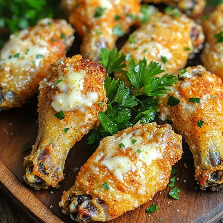 To make delicious Air Fryer Garlic Parmesan Wings, you will need a few simple ingredients. Here’s what you need: - 2 pounds chicken wings - 1 tablespoon olive oil - 1 teaspoon garlic powder - 1 teaspoon onion powder - 1 teaspoon smoked paprika - 1 teaspoon salt - 1/2 teaspoon freshly ground black pepper - 1/4 cup freshly grated Parmesan cheese - 2 tablespoons fresh parsley, finely chopped - Optional: 1 teaspoon red pepper flakes for an extra kick These ingredients bring out the best flavors in your wings. The olive oil helps the spices stick and gives them a nice crisp. The garlic and onion powders add great depth. Smoked paprika brings that lovely smoky flavor. Salt and pepper enhance all the tastes. The Parmesan cheese gives a rich, creamy touch. Finally, parsley adds a fresh pop of color. If you want a bit of heat, the red pepper flakes are a great choice. Start by drying the chicken wings with paper towels. This step is key for crispiness. Moisture makes wings soggy. Remove all excess moisture to ensure a crunchy texture. Next, place the dried wings in a large bowl. Drizzle olive oil over them. Add garlic powder, onion powder, smoked paprika, salt, and black pepper. For extra heat, toss in red pepper flakes. Mix well so every wing gets an even coat. Now, preheat your air fryer to 400°F (200°C) for about 5 minutes. This helps the wings cook right away. Once heated, lay the wings in a single layer in the basket. Cook them for 25 to 30 minutes. Halfway through, flip or shake the wings. This keeps them crispy on all sides. To get that perfect crispy texture, start by drying your chicken wings. Use paper towels to remove all moisture. This step is key for that crunch you want. Next, coat the wings with olive oil and seasonings. The oil helps the skin crisp up nicely. Cook your wings at a high temperature, 400°F (200°C). This heat allows the wings to cook quickly and evenly. Preheat your air fryer for about 5 minutes. This way, the wings begin to cook right away, sealing in the juices. Presentation is important. Serve your crispy wings on a large, nice platter. You can add extra grated Parmesan on the side. This way, guests can add more cheese if they want. Garnish with fresh parsley for a pop of color. For dipping sauces, ranch and blue cheese work great. They add a creamy touch to the crispy wings. You can also try spicy sauces for extra flavor. If you make more wings, avoid overcrowding the basket. Cook in smaller batches to ensure even cooking. This helps all the wings get that crispy finish. When cooking larger quantities, keep the cooked wings warm in the oven at a low heat. This keeps them hot while you finish the rest. {{image_4}} You can change up the taste of your wings easily. Try using different spice blends. For a smoky flavor, mix in some chipotle powder. If you like a sweet twist, add brown sugar and chili powder. You can also use lemon pepper for a zesty kick. After cooking, drizzle your favorite sauce on top. BBQ sauce or buffalo sauce works great! If you want a lighter dish, swap out the olive oil for a low-calorie spray. You can also use skinless chicken wings. This change cuts fat and calories. For a gluten-free option, check the seasoning labels. Many spices are gluten-free, but some blends may not be. Kids may not like strong flavors. Make a milder version by skipping the red pepper flakes. You can also coat the wings lightly in just garlic powder and Parmesan. This simple taste often wins over picky eaters. Serve with a side of ranch or honey mustard for dipping. - Refrigerating leftover wings: Let the wings cool first. Place them in an airtight container. Store them in the fridge for up to three days. This keeps them fresh and tasty. - Freezing for later use: Wrap the wings in plastic wrap. Then, put them in a freezer bag or container. They can last up to three months in the freezer. This is great for saving some for later. - Best methods for reheating: The air fryer works best for reheating wings. Preheat it to 400°F (200°C). Place the wings in the basket and heat for about 5-7 minutes. This makes them crispy again. - Maintaining crispiness: Avoid the microwave. It makes wings soggy. If you use the oven, set it to 375°F (190°C). Bake for about 10-15 minutes. This keeps the wings nice and crispy. You can make Air Fryer Garlic Parmesan Wings from frozen wings. First, don't thaw them. Preheat your air fryer to 400°F (200°C). Place the frozen wings in the basket, making sure not to crowd them. Cook them for about 30-35 minutes. Shake the basket halfway through to ensure even cooking. After they are cooked, follow the same steps to season and add Parmesan. If your wings aren’t crispy, check a few things. Ensure you dried the wings well before seasoning. Moisture can prevent crispiness. Use a little more olive oil when coating the wings. Also, make sure you do not crowd the basket. Cooking in batches helps them crisp up better. Lastly, you can increase the cooking time by a few minutes if needed. Yes, you can use other chicken parts. Drumsticks and thighs work well too. Just adjust the cooking time. Drumsticks may need more time, while smaller pieces like chicken tenders will cook faster. Make sure to check the internal temperature to ensure they are safe to eat. To check if the wings are fully cooked, use a meat thermometer. The internal temperature should reach 165°F (74°C). If you don't have a thermometer, cut into a wing. The meat should be white, and the juices should run clear. If there is any pink, cook them a bit longer. Now you know how to make tasty air fryer chicken wings. We covered the key ingredients, preparation steps, and how to get those wings crispy. Remember to try different flavors and tips for serving. Always think about storage for leftovers too. With these steps, you can serve great wings for any occasion. Enjoy your cooking and impress your friends and family with these easy recipes!