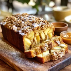 - 2 cups all-purpose flour - 1 teaspoon baking powder - 1 teaspoon baking soda - 1/2 teaspoon salt - 1 teaspoon ground cinnamon - 1/2 teaspoon ground nutmeg - 1/2 cup unsalted butter, softened - 3/4 cup granulated sugar - 1/4 cup packed brown sugar - 2 large eggs, at room temperature - 1 teaspoon pure vanilla extract - 1/2 cup buttermilk - 2 medium apples, peeled and diced For the Streusel Topping: - 1/3 cup all-purpose flour - 1/3 cup rolled oats - 1/4 cup packed brown sugar - 1 teaspoon ground cinnamon - 3 tablespoons unsalted butter, melted - A pinch of salt When baking, measure dry and wet ingredients separately. Use a dry measuring cup for flour. Scoop the flour and level it off with a straight edge. For wet ingredients, use a liquid measuring cup. Always check for accuracy. To soften butter, cut it into small pieces and leave it at room temp for 15 to 20 minutes. You can also microwave it in short bursts, about 5 seconds each. If you don't have buttermilk, mix 1/2 tablespoon of vinegar with milk to make a quick substitute. You can also use yogurt or sour cream. For apples, Granny Smith adds a nice tartness, while Honeycrisp offers sweetness. You can mix and match types for extra flavor. First, you need to preheat the oven. Set it to 350°F (175°C). This step is key. A hot oven helps the loaf rise well. While the oven heats, prepare your loaf pan. Grease it with unsalted butter. Then, dust it lightly with flour. This keeps the loaf from sticking. You can also line the pan with parchment paper for easier removal. To make the streusel topping, start with a small bowl. Combine 1/3 cup all-purpose flour, rolled oats, and packed brown sugar. Add a teaspoon of ground cinnamon. Pour in 3 tablespoons of melted butter. Mix this well. You want it to look like coarse crumbs. This texture gives a nice crunch. Set the mixture aside while you work on the batter. Now, let’s mix the batter. In a medium bowl, whisk together the dry ingredients: flour, baking powder, baking soda, salt, cinnamon, and nutmeg. In a large bowl, cream the softened butter with granulated and brown sugar. Use an electric mixer for this step. Beat until the mixture is light and fluffy, about three to four minutes. Next, add the eggs one by one. Mix well after each egg. Then stir in the vanilla extract. Now, combine the dry ingredients with the wet mixture. But do it slowly. Alternate adding the dry mix and buttermilk. Start and end with the dry ingredients. Mix just until combined. Overmixing will make the loaf tough. After mixing, gently fold in the diced apples. Use a spatula for this. Be careful not to deflate the batter. The apples should be evenly spread. Now, you’re ready to pour half of the batter into the prepared pan. Sprinkle half of the streusel topping on top. Then add the rest of the batter and finish with the remaining streusel. With everything in the pan, it’s time to bake. Place it in the oven and bake for 55 to 65 minutes. You can check for doneness with a toothpick. If it comes out clean, your loaf is ready! Using room temperature ingredients is key for a great loaf. When butter and eggs are warm, they mix better. This gives you a smooth batter. Cold ingredients can make the batter lumpy. When you fold in the apples, do it gently. Use a spatula to mix them in. This way, you won’t deflate the batter. A light touch keeps the loaf fluffy and airy. To check if your loaf is done, use a toothpick. Insert it into the center. If it comes out clean, the loaf is ready. If it has batter on it, bake a few more minutes. Baking time can change based on your pan size. If you use a smaller pan, the loaf may bake faster. Always keep an eye on it. Adjust the time based on how thick your batter is. For a fun serving style, slice the loaf warm. You can dust it with powdered sugar for a sweet touch. Pair the slices with a small bowl of vanilla or caramel sauce. This adds flavor and makes it look pretty. You can also serve it with whipped cream on the side for extra indulgence. {{image_4}} You can make this loaf even better. Adding nuts like walnuts or pecans gives a nice crunch. You can also toss in raisins for a sweet touch. They pair well with apples and spices. Different spices can change the flavor too. Try adding ginger or allspice. These spices add warmth and depth to your loaf. A dash of cardamom can also bring out the apple's sweetness. Want to make this loaf gluten-free? Use a gluten-free flour blend instead of all-purpose flour. Make sure it has xanthan gum for the right texture. If you prefer a vegan version, swap the eggs for flaxseed meal. Mix one tablespoon of flaxseed with three tablespoons of water. Let it sit for a few minutes to thicken. Use plant-based butter instead of regular butter. This way, everyone can enjoy the loaf! You can change the fruits based on the season. In the fall, use apples and pears for a cozy flavor. In summer, try peaches or berries for a fresh twist. Festive flavors can make your loaf special too. Add a splash of maple syrup for a fall vibe. Cinnamon and nutmeg are great for winter holidays. You can even sprinkle some pumpkin spice for a fun twist! To keep your Bakery-Style Apple Streusel Loaf fresh, follow these tips: - Wrap the loaf tightly in plastic wrap. This method helps keep moisture in. - You can also use an airtight container. It protects the loaf from air exposure. - If you cut the loaf, cover the cut side to keep it moist. Freezing the loaf is simple and effective: - Wrap the cooled loaf in plastic wrap, then foil. This prevents freezer burn. - Place the wrapped loaf in a freezer bag for extra protection. - To thaw, leave the loaf in the fridge overnight. - For a quick option, you can microwave slices for about 15-20 seconds. Understanding how long your loaf lasts is important: - At room temperature, it stays fresh for about 3 days. - In the fridge, it can last up to a week. - If frozen, it keeps well for 2-3 months. If you don't have buttermilk, don’t worry! You can make a quick substitute. Mix 1/2 tablespoon of vinegar with enough milk to make 1/2 cup. Let it sit for five minutes. This will mimic buttermilk's tangy taste. You can also use plain yogurt or sour cream thinned with a bit of milk. These options keep your loaf moist and tasty. Yes, you can prepare this loaf ahead of time. You can mix the batter and store it in the fridge for a few hours. Just remember to bring it back to room temperature before baking. If you bake it in advance, let it cool fully. Wrap it in plastic wrap before storing it in an airtight container. The loaf stays fresh for up to three days on the counter. To check if your loaf is done, use a toothpick. Insert it into the center of the loaf. If it comes out clean or with a few crumbs, it's ready. If the toothpick has wet batter, it needs more time. Keep an eye on the color. The top should be golden brown. If you notice it browning too fast, cover it with foil. This will help it bake evenly. In this article, we covered key ingredients for your loaf, along with helpful tips. You learned about measuring, substitutes, and techniques for mixing. We shared ways to enhance flavor and adjust for dietary needs. Storage methods were also discussed to keep your loaf fresh. Remember, baking is an adventure. Experiment with ingredients and enjoy the process! Your perfect loaf awaits.