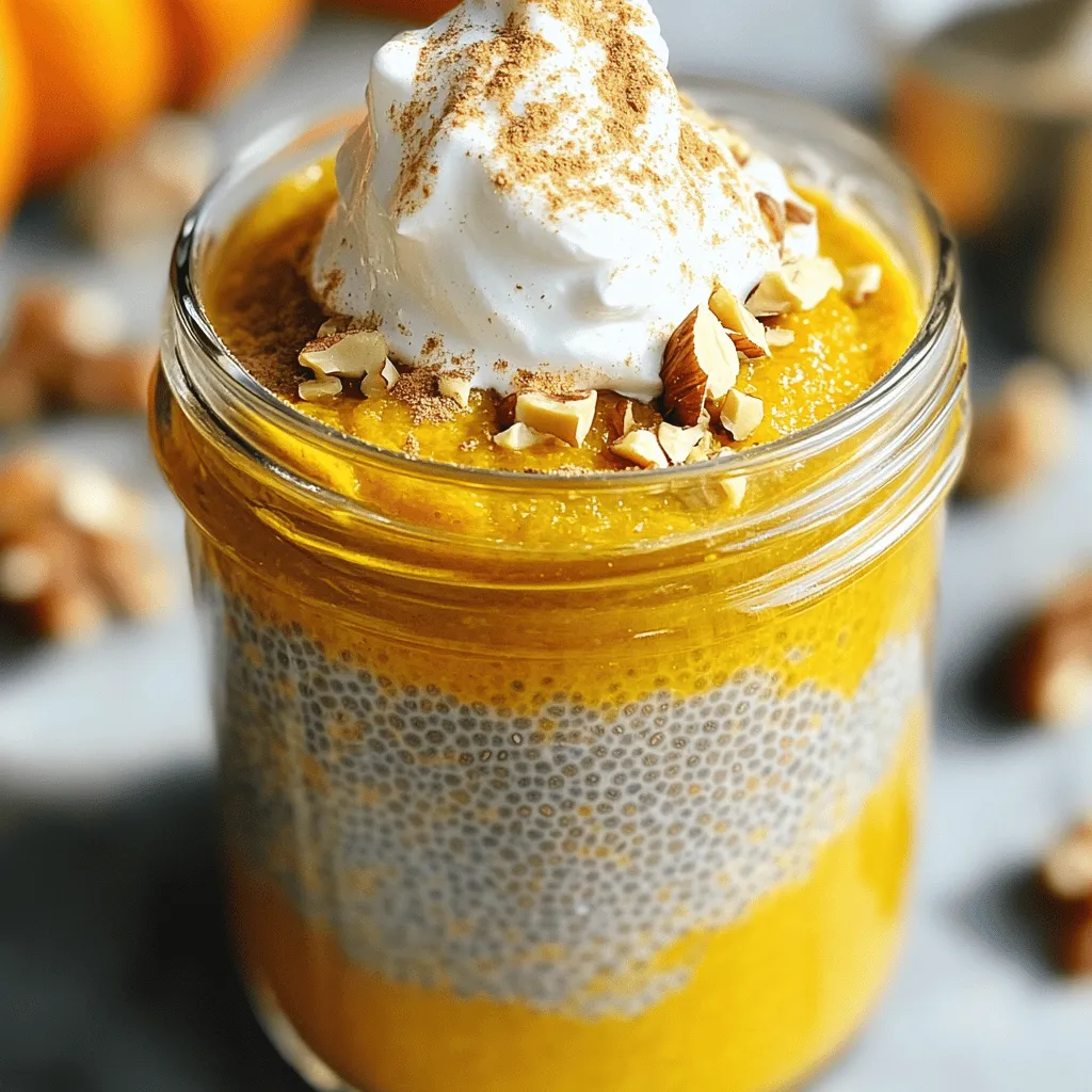 For my pumpkin chia pudding, I use simple, wholesome ingredients. Here’s what you need: - 1 cup pumpkin puree (canned or fresh) - 1/4 cup chia seeds - 2 cups almond milk (or any milk of choice) - 1/4 cup maple syrup (adjust sweetness to your liking) - 1 teaspoon pure vanilla extract - 1 teaspoon pumpkin pie spice - A pinch of salt These ingredients blend together to create a creamy and tasty pudding that’s perfect for any time. To make your pudding even better, consider these toppings: - Whipped coconut cream - Crushed nuts - Seeds These add texture and flavor, making each bite delightful. Each ingredient in this pudding packs a punch of nutrients: - Pumpkin puree: Rich in vitamins A and C, it supports eye health and boosts immunity. - Chia seeds: Full of fiber, protein, and omega-3 fatty acids. They help keep you full longer. - Almond milk: Low in calories, it’s a great dairy-free option for hydration. - Maple syrup: A natural sweetener that provides antioxidants and minerals. - Vanilla extract: Adds flavor and may improve mood. - Pumpkin pie spice: Contains cinnamon and nutmeg, which may help regulate blood sugar. These ingredients not only taste great but also nourish your body. Enjoy your pumpkin chia pudding! To make pumpkin chia pudding, start by mixing the base. In a medium bowl, combine 1 cup pumpkin puree with 2 cups almond milk. Next, add 1/4 cup maple syrup, 1 teaspoon vanilla extract, 1 teaspoon pumpkin pie spice, and a pinch of salt. Whisk everything together until it's smooth. Once mixed, it’s time to add the chia seeds. Gradually sprinkle 1/4 cup chia seeds into the pumpkin mix. Stir constantly to keep the seeds from clumping. This step is key for a creamy pudding. Now, cover your bowl tightly with plastic wrap or divide the mixture into individual jars. Chill in the fridge for at least 4 hours or overnight. This waiting time lets the chia seeds soak up the liquid and thicken the pudding. After chilling, take it out and give it a good stir. If it feels too thick, add a splash of almond milk. This will help you reach your desired texture. For the best consistency, whisk well when mixing ingredients. This helps blend everything smoothly. If you want a thicker pudding, use more chia seeds. For a thinner pudding, use less. Chill the pudding long enough. The longer it sits, the creamier it becomes. If you're in a hurry, 4 hours is okay, but overnight is best. Always stir the pudding after chilling. This will help break up any clumps and make it smooth again. Adjust the texture with extra milk if needed. Serving your pudding can be fun! Spoon the pumpkin chia pudding into bowls or clear jars. This way, you can show off the beautiful orange color. For toppings, consider adding a dollop of whipped coconut cream. This adds a nice creaminess. You can also sprinkle on some crushed nuts or seeds for crunch. Layer the pudding with toppings in jars for a pretty look. A sprinkle of cinnamon on top adds a nice touch. Enjoy your creamy, nourishing treat! When making pumpkin chia pudding, avoid these common mistakes: - Not whisking enough: Make sure you blend the pumpkin puree and milk well. This helps prevent lumps and gives a smooth texture. - Skipping the chill time: Don't rush the chilling process. Allow the pudding to sit for at least 4 hours, or overnight if you can. This is key for the chia seeds to absorb the liquid. - Not stirring the chia seeds: When you add chia seeds, stir them in slowly. This prevents clumping and ensures they mix evenly. To make your pudding even better, try these tips: - Use fresh spices: Freshly ground spices can boost the flavor. Try grinding your own pumpkin pie spice for a rich taste. - Adjust sweetness: Taste the mixture before chilling. If it's not sweet enough, add more maple syrup to suit your taste. - Add a pinch of sea salt: This enhances the flavors and balances the sweetness. For the best results with your chia pudding, follow these practices: - Soak chia seeds: If you prefer, soak the chia seeds in the milk for 15 minutes before mixing them with the pumpkin. This ensures they expand well. - Use a whisk: Whisk the pumpkin mixture thoroughly. A whisk helps incorporate air, making the pudding lighter. - Serve in clear jars: For a beautiful presentation, layer the pudding in clear jars. This showcases the lovely pumpkin color and makes it more appealing. {{image_4}} This pumpkin chia pudding is naturally vegan and gluten-free. You can use almond milk, coconut milk, or any plant-based milk. This choice keeps the pudding light and creamy. If you need a nut-free option, try oat milk or rice milk. Both work well and keep the pudding rich in flavor. You can easily change the flavor of your pudding. For a chocolate twist, add cocoa powder to the pumpkin mix. Start with 2 tablespoons of cocoa for a rich taste. If you like spice, try adding a pinch of cayenne pepper. This will give a nice kick to your pudding. For a more festive flavor, mix in some orange zest. It adds a fresh note that pairs well with pumpkin. Seasonal ingredients can elevate your pudding. In fall, add chopped apples or pears for crunch. These fruits add natural sweetness and texture. In winter, mix in peppermint extract for a cool flavor. You can also top it with crushed gingerbread cookies for a fun treat. During spring, try fresh berries like strawberries or blueberries. They brighten the dish and add a burst of color. Each variation adds a new twist to the classic recipe. You can have fun experimenting with these ideas to find your favorite! To keep your pumpkin chia pudding fresh, store it in airtight containers. You can use bowls or jars with lids. If you plan to serve it later, portion out individual servings. This makes it easy to grab and go! When stored correctly, pumpkin chia pudding lasts about 4 to 5 days in the fridge. The flavors deepen as it sits, so it can taste even better the next day. Just give it a good stir before serving. You can freeze pumpkin chia pudding if you want to make it last longer. Just pour it into freezer-safe containers. It will stay good for about 2 months. When you're ready to eat it, transfer it to the fridge to thaw overnight. Stir well before enjoying. If it seems thick, add a bit of milk to reach your desired consistency. Yes, you can use fresh pumpkin. Simply roast or steam it until soft. Then, blend it until smooth. Fresh pumpkin gives a bright flavor. It may have more water, so adjust the almond milk slightly. To meal prep, make a big batch in advance. Store it in jars for easy grab-and-go snacks. Just follow the recipe and divide the pudding into individual servings. This makes it easy for breakfast or dessert. You can use honey, agave, or coconut sugar. Each sweetener will change the taste a bit. Start with a small amount, then adjust to your liking. Taste as you go to find your perfect level of sweetness. The pudding lasts about 5 days in the fridge. Keep it in an airtight container. If you notice any change in smell or texture, it's best to discard it. Always check before enjoying! Yes, you can try flaxseeds or hemp seeds. They will change the texture a little. Quinoa is another option, but make sure it's cooked first. Each substitute has its own unique flavor. You can easily make tasty pumpkin chia pudding using simple steps and ingredients. We explored essential ingredients, preparation tips, and how to enhance flavor. You learned about storage and common mistakes to avoid. Remember, there are many ways to customize this pudding. Try adding your favorite flavors or toppings. With these tips, you'll create a delicious and healthy treat. Enjoy experimenting with this recipe, and make it your own!