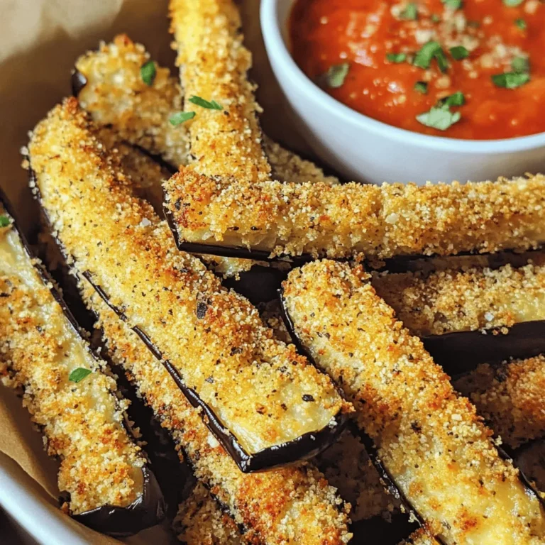 - 1 large eggplant - 1 cup breadcrumbs (panko recommended) - 1/2 cup freshly grated Parmesan cheese - 2 large eggs - 1 teaspoon Italian seasoning blend - 1/2 teaspoon garlic powder - Salt and black pepper - Marinara sauce for dipping Each serving has about 180 calories, 8 grams of fat, 22 grams of carbs, and 6 grams of protein. Eggplant is a star in this recipe. Its texture works well as fries. You will love how crispy they get in the air fryer. Panko breadcrumbs make the fries extra crunchy. Parmesan cheese adds a rich flavor that makes them hard to resist. I suggest using fresh eggs for the best results. They help the coating stick well. Salt draws moisture out of the eggplant and cuts any bitterness. Italian seasoning gives the fries a nice herb taste. Garlic powder adds a bit of zest too. If you like, you can dip these fries in marinara sauce. It adds a tangy touch that pairs well with the crispy fries. Start by cutting the eggplant into thin fries, about 1/4 inch thick. Place the slices in a colander. Generously sprinkle salt on them. Let them rest for 30 minutes. This step draws out moisture and reduces bitterness. After 30 minutes, rinse the eggplant under cold water. Make sure to wash off all the salt. Pat each slice dry with paper towels. This is key for a crispy fry. Now, set your air fryer to preheat at 375°F (190°C). Preheating helps the fries cook evenly and turn crispy. This step is very important, so don’t skip it! In a shallow bowl, mix together the breadcrumbs, grated Parmesan cheese, Italian seasoning, garlic powder, and a little salt and pepper. Stir until all the ingredients are well blended. This mix gives the fries a tasty, crunchy coating. Take one eggplant slice and dip it into the beaten eggs. Make sure it’s fully covered. Let any extra egg drip off. Next, roll it in the breadcrumb mixture. Press gently to help the crumbs stick. Repeat this for all slices, ensuring each one is well coated. Place the coated eggplant fries in the air fryer basket. Arrange them in a single layer, leaving space between each fry. Avoid overcrowding the basket. This allows hot air to circulate around each piece and cook them evenly. Cook the eggplant fries in the air fryer for 15 to 18 minutes. Remember to turn them halfway through the cooking time. They should look golden brown and crispy when done. This is the moment you’ve been waiting for! To get that perfect crisp, preheat your air fryer. Set it to 375°F (190°C) before you start cooking. This step warms the air fryer and helps the fries cook evenly. Next, space your eggplant fries well in the basket. If you crowd them, they will steam instead of crisp. Give each fry room to breathe for the best results. Salting the eggplant is key. After cutting the eggplant into fries, sprinkle salt on them and let them sit for about 30 minutes. This process pulls out moisture and reduces bitterness. Once done, rinse off the salt and dry each slice well with paper towels. This prevents sogginess and keeps the fries crispy. Serve your eggplant fries warm for the best flavor and texture. They taste great right out of the air fryer. If you let them sit too long, they can lose their crispiness. For a fun touch, dip them in warm marinara sauce. This adds a tangy kick and makes them even more enjoyable! {{image_4}} You can customize your eggplant fries to match your taste. Try adding spices like smoked paprika or cayenne pepper for a kick. You can also mix in fresh herbs like basil or oregano to the breadcrumbs. These add flavor and freshness. If you prefer a different cheese, try using mozzarella or a spicy cheese blend. Experimenting with spices and herbs makes each batch unique. If you need a gluten-free option, swap the breadcrumbs for gluten-free alternatives. You can use almond flour or crushed gluten-free crackers. Both options give a nice crunch. Make sure your cheese is also gluten-free. This way, you can enjoy the dish without worry. For dipping, marinara sauce is classic, but don’t stop there. You can try ranch dressing, garlic aioli, or even a spicy sriracha mayo. These dips add fun flavors. For sides, pair the fries with a fresh salad or some roasted vegetables. This makes your meal more balanced and colorful. Enjoying different dips and sides can turn a simple snack into a feast! To keep your leftover eggplant fries fresh, use an airtight container. Place a paper towel at the bottom to absorb moisture. This helps maintain crispiness. Store the container in your fridge. Consume the fries within 3 days for the best taste and texture. To reheat and keep them crispy, use your air fryer. Preheat it to 375°F (190°C). Place the fries in the basket in a single layer. Heat for about 5-7 minutes. This method helps restore their crunch. You can also use an oven. Set it to 375°F (190°C) and bake for 8-10 minutes. To freeze your eggplant fries, let them cool completely. Arrange them in a single layer on a baking sheet. Freeze until solid, then transfer them to a freezer bag. Remove as much air as possible to prevent freezer burn. They can stay frozen for up to 3 months. To reheat, cook straight from frozen in your air fryer at 400°F (200°C) for 10-12 minutes. Check for crispiness and adjust the time if needed. Enjoy your delicious fries again! Yes, you can! Here are a few great options: - Zucchini - Sweet potatoes - Carrots - Bell peppers These veggies can also give you a fun and tasty fry. Just cut them into thin sticks like the eggplant. Remember, cooking times may change based on the veggie you choose. To add some heat, try these tips: - Add cayenne pepper to the breadcrumb mix. - Use spicy Italian seasoning instead of regular. - Serve with a spicy dipping sauce, like sriracha or a hot marinara. Start with a small amount and adjust to your taste. You can always add more! If you don't own an air fryer, no worries! You can still make these fries: - Oven Method: Preheat your oven to 425°F (220°C). Place the coated eggplant fries on a baking sheet lined with parchment paper. Bake for about 25-30 minutes, flipping halfway until they are golden brown. - Stovetop Method: Use a skillet with oil over medium heat. Fry the coated eggplant strips in batches until they are crispy and brown on both sides. Both methods will give you tasty fries, just with a different texture! In this article, we talked about making tasty eggplant fries. You learned about the key ingredients and how to prepare them step by step. I shared tips to achieve the best crisp and avoid sogginess. We also covered how to store leftovers and explore different variations. Now, you can enjoy a healthier snack that's easy to prepare. Remember, customizing with your favorite spices can make a big difference. So, gather your ingredients and start cooking!