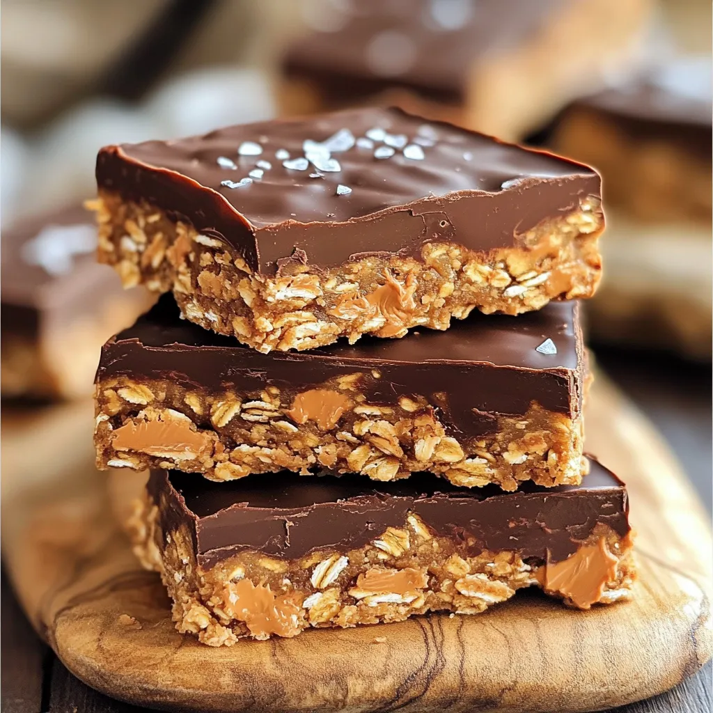 - 2 cups rolled oats - 1 cup natural peanut butter - 1/2 cup honey or maple syrup - 1/4 cup unsweetened cocoa powder - 1/2 teaspoon vanilla extract - 1/4 teaspoon salt - 1/2 cup dark chocolate chips (dairy-free option) - 1/4 cup chopped nuts (almonds, sunflower seeds) - Flaky sea salt for topping To create these no bake chocolate peanut butter oat bars, gather your core ingredients first. The rolled oats give the bars their base and texture. Natural peanut butter adds creaminess and flavor. Use honey or maple syrup for sweetness. Unsweetened cocoa powder provides the rich chocolate taste. Vanilla extract boosts the flavor, while salt enhances all the ingredients. Finally, dark chocolate chips add bursts of chocolatey goodness. You can also personalize your bars with optional add-ins. Chopped nuts or seeds give a nice crunch. A sprinkle of flaky sea salt on top adds a gourmet touch. These ingredients are easy to find and make the recipe fun. Feel free to mix and match based on your taste or what you have at home. Gather everything, and you're ready to make a delicious snack! - Preparation time: 15 minutes - Total time: 1 hour 15 minutes (includes chilling) First, take a large mixing bowl. Add 2 cups of rolled oats, 1/4 cup of cocoa powder, and 1/4 teaspoon of salt. Stir well until all the dry ingredients blend together nicely. This step sets the base for our delicious bars. Next, grab a microwave-safe bowl. Combine 1 cup of natural peanut butter and 1/2 cup of honey or maple syrup. Microwave this mix for about 30 seconds. Remove it and stir until smooth. This creates a sweet and creamy blend that adds flavor and texture. Now, pour the melted peanut butter and honey into the bowl with oats and cocoa. Don’t forget to add 1/2 teaspoon of vanilla extract. Mix everything together well until it forms a thick and slightly sticky mixture. This means all the ingredients are nicely combined. Take an 8x8 inch square baking dish and line it with parchment paper. Make sure some paper hangs over the edges for easy removal. Transfer your mixture into the dish. Use a spatula or your hands to press it down firmly. This will help shape the bars and keep them together. Cover the baking dish with plastic wrap or a lid. Place it in the fridge for at least 1 hour. This step is important so the bars can set and hold their shape. After chilling, lift the bars out using the parchment overhang. Cut into squares or rectangles based on your preference. Enjoy your tasty creation! You can change the amount of honey or maple syrup to fit your taste. If you like it sweeter, add more. If you want less sweetness, reduce it. This flexibility lets you make the bars just right for you. Press the mixture firmly into the dish. This step is key. If you pack it tightly, your bars will hold together better. Use your hands or a spatula to flatten it evenly. A good press means no crumbling when you cut the bars. Store your bars in an airtight container in the fridge. This keeps them fresh for up to a week. If you have extras, try freezing them for later. Just remember to wrap them well to avoid freezer burn. Enjoy them chilled or at room temperature! {{image_4}} You can easily change the flavor of these bars. Try using different nut butters, like almond or cashew. They will add a unique taste and a new twist. You can also mix in dried fruits such as cranberries or raisins for a fruity burst. These additions bring color and extra nutrients. If you want to switch things up, consider using white chocolate chips or carob chips. Each option offers a different taste and sweetness level. White chocolate adds creaminess, while carob chips bring a more earthy flavor. Experimenting with these options makes each batch special. You can make these bars vegan-friendly with simple swaps. Use maple syrup instead of honey for sweetness. For the chocolate, choose dairy-free chocolate to keep it plant-based. These changes make the bars suitable for a wider audience without losing that delicious flavor. To keep your no bake chocolate peanut butter oat bars fresh, store them in an airtight container in the refrigerator. This helps maintain their flavor and texture. Avoid leaving them out at room temperature, as they can become too soft and lose their shape. You can freeze these bars for longer shelf life. Cut them into squares before freezing. Wrap each piece in plastic wrap or foil. Place them in a freezer-safe bag or container. They can last for up to three months in the freezer. These bars last up to 1 week in the fridge. If you notice any changes in smell or texture, it’s best to toss them. Enjoy your bars as a quick snack or a healthy treat! Yes, you can use quick oats. They cook faster and can make your bars softer. Rolled oats give a chewier texture. Quick oats blend in easily but may not hold shape as well. If you want a firmer bar, stick with rolled oats. To cut the bars, first chill them well. Use a sharp knife for clean edges. Lifting the bars out with parchment helps. Start by cutting into squares or rectangles. For easier serving, cut smaller pieces. This way, everyone gets a tasty bite! If you have nut allergies, try sunflower seed butter. It has a similar taste and texture. You can also use soy nut butter or tahini. These options keep the bars creamy and delicious. Choose what works best for your needs! Absolutely! These bars are great for meal prep. Make a batch and store them in the fridge. They last up to a week. Just grab a bar for a quick snack or breakfast. This makes your week easier and more delicious! In this post, we explored how to make easy and tasty energy bars. We covered the key ingredients, from oats to cocoa powder, and shared step-by-step instructions. You learned tips to customize sweetness and ensure sturdy bars. You can also consider flavor variations and proper storage methods. Now, you have all the tools to create your own delicious energy bars at home. Enjoy creating your snacks and share them with friends!