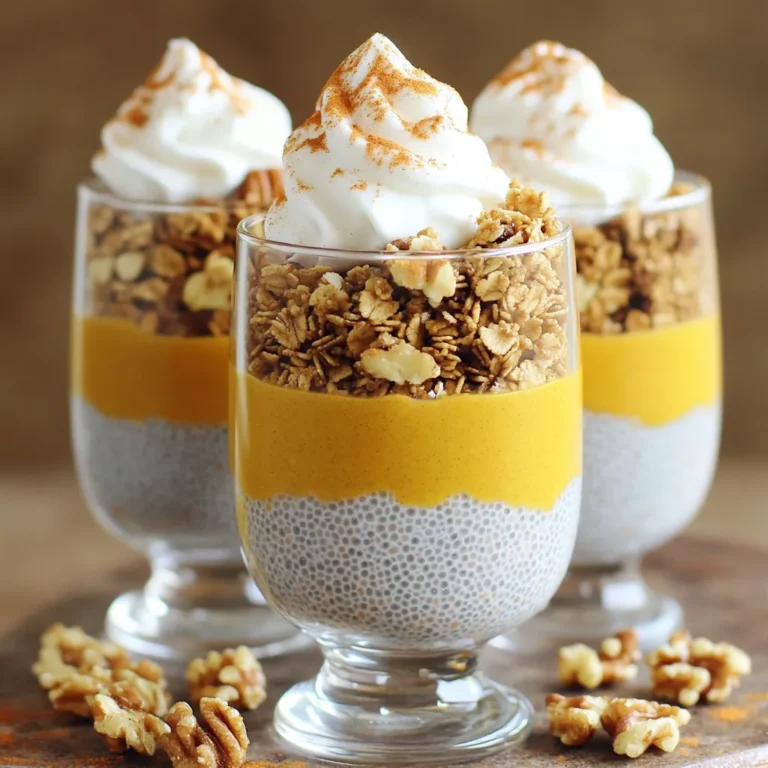 To create the Pumpkin Spice Chia Pudding Parfaits, you'll need: - 1 cup almond milk (or your milk of choice) - 1/4 cup chia seeds - 1/2 cup pumpkin puree - 2 tablespoons maple syrup (adjust according to sweetness preference) - 1 teaspoon pumpkin pie spice - 1/2 teaspoon vanilla extract - A pinch of salt - 1/2 cup granola (choose your favorite variety) - 1/4 cup chopped nuts (such as walnuts or pecans, for added crunch) - Whipped coconut cream (optional, for an indulgent garnish) You can switch out some ingredients if you need to. Here are a few ideas: - Almond Milk: Use soy milk, coconut milk, or regular milk if you prefer. - Chia Seeds: Flaxseeds can work, but they may yield a different texture. - Pumpkin Puree: Sweet potato puree or butternut squash puree can be a tasty alternative. - Maple Syrup: Honey or agave syrup can replace maple syrup for sweetness. - Granola: You can use muesli or crushed graham crackers for a different crunch. Each ingredient in this parfait adds health benefits: - Chia Seeds: Rich in fiber, omega-3s, and protein, these seeds help digestion and heart health. - Pumpkin Puree: Loaded with vitamins A and C, pumpkin supports eye health and boosts your immune system. - Maple Syrup: This natural sweetener contains antioxidants and minerals like zinc and manganese. - Nuts: Chopped nuts add healthy fats and protein, which support brain health and energy levels. - Almond Milk: Low in calories, it is a great dairy alternative and is often fortified with vitamins. These ingredients make the parfait not just delicious but also nutritious! Enjoy the blend of flavors and health benefits with each spoonful. To start, grab a medium-sized mixing bowl. In it, combine the following ingredients: - 1 cup almond milk - 1/4 cup chia seeds - 1/2 cup pumpkin puree - 2 tablespoons maple syrup - 1 teaspoon pumpkin pie spice - 1/2 teaspoon vanilla extract - A pinch of salt Whisk these ingredients together until fully mixed. Make sure there are no clumps. The chia seeds will absorb the liquid, so this step is key. Next, cover the bowl with plastic wrap or a lid. Place it in the fridge for at least 4 hours. If you can, let it chill overnight. This gives the chia seeds time to expand. You want a thick, pudding-like texture. After chilling, stir the mixture again. This breaks up any clumps and makes it nice and smooth. Now, it’s time to build your parfaits. Take individual serving glasses or bowls. Start by adding a layer of chia pudding to the bottom. Then, add a layer of granola. Follow this with a sprinkle of chopped nuts. Repeat these layers until you fill the glasses. Make sure the last layer is chia pudding. For an extra treat, add a dollop of whipped coconut cream on top. You can finish it off with a sprinkle of cinnamon or more pumpkin pie spice for flair. Serve them right away to enjoy the fresh flavors! If you want, you can refrigerate them briefly for a cool dessert. To make the best chia seed pudding, follow these simple steps: - Mix well: Whisk the mixture until no clumps remain. This helps the seeds soak up the liquid evenly. - Chill: Let the pudding sit in the fridge for at least 4 hours. Overnight is even better! This gives the seeds time to swell and thicken. - Stir before serving: After chilling, give the pudding a good stir. This breaks up any clumps and makes it smooth. Presentation is key for parfaits. Here are some easy tips: - Use clear glasses: This shows off the pretty layers of pudding and toppings. - Layer carefully: Start with pudding at the bottom, then add granola and nuts. Repeat layers for a beautiful look. - Garnish: Top with whipped coconut cream and a sprinkle of spices. A mint sprig or a slice of pumpkin adds extra charm. You can customize the sweetness and flavor easily. Here’s how: - Taste as you go: Start with the maple syrup. Add more if you like it sweeter. - Play with spices: If you love spice, add more pumpkin pie spice or try cinnamon. - Experiment with milk: Different milks change the taste. Almond milk is great, but coconut or oat milk works too. These tips will help you make perfect pumpkin spice chia pudding parfaits every time! {{image_4}} You can mix flavors to create your own special parfait. Try using vanilla or chocolate pudding instead of pumpkin. You could add fresh berries for a fruity twist. Another option is to use matcha powder for a green, earthy flavor. Mix in spices like cinnamon or nutmeg for warmth. The goal is to have fun and experiment with flavors you love. This recipe is quite flexible. If you need a dairy-free option, use almond milk, coconut milk, or oat milk. For nut-free choices, try sunflower seed butter or pumpkin seed milk. If you want to skip the granola, use puffed rice or cereal instead. This way, everyone can enjoy a tasty parfait without worry. Seasonal fruits can add freshness to your parfait. In the fall, use apples or pears. In the spring, add strawberries or blueberries. You can also sprinkle in spices like ginger or cardamom. These flavors can uplift your dish and make it feel special. Don’t hesitate to mix in seasonal favorites that excite your taste buds! Store any leftover parfaits in the fridge. Use airtight containers to keep them fresh. This helps maintain the taste and texture. If you have layers, keep them separate for the best results. You can mix them before serving if you prefer. These parfaits last up to four days in the fridge. If you want to freeze them, do so without granola or cream. Store the chia pudding in a freezer-safe container. It can stay fresh for about two months in the freezer. Thaw overnight in the fridge before serving. You don’t need to reheat chia pudding. It tastes best when chilled. Serve parfaits cold with fresh toppings. Add extra granola, nuts, or a dollop of whipped cream for a tasty finish. Enjoy your parfaits as a healthy snack or dessert! Yes, you can make these parfaits ahead of time. The chia pudding needs time to chill and thicken. I recommend preparing it the night before. You can layer the parfaits before serving, or keep the layers separate in the fridge. This way, you can enjoy a quick breakfast or snack anytime. If you do not have chia seeds, you can use flax seeds. They will give a similar texture. Just remember to grind them for better absorption. You can also try using tapioca pearls for a different texture. Both options work well in this recipe. This recipe is already vegan-friendly! The ingredients like almond milk, pumpkin puree, and maple syrup are plant-based. Just make sure to use a vegan granola for the layers. This way, you can enjoy a tasty treat without any animal products. We covered all you need to make tasty chia pudding parfaits. We explored the ingredients and their health perks. Then, I shared easy steps to prepare and present your parfaits. I also gave tips to adjust sweetness and offered great flavor ideas. To wrap up, making chia pudding is fun and flexible. You can customize it to fit your taste and diet. Now, you can enjoy a delicious treat that’s also healthy.