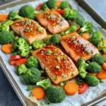 Here are the simple ingredients you need for Sheet Pan Teriyaki Salmon & Veggies: - Fresh salmon fillets - Vegetables: broccoli, baby carrots, red bell pepper - Teriyaki sauce - Sesame oil and honey (or maple syrup) - Garlic and ginger - Seasoning: salt and black pepper - Garnish: sesame seeds and green onions Each ingredient plays a key role in making this dish tasty. The salmon gives protein and richness. Broccoli, baby carrots, and red bell pepper add color and crunch. The teriyaki sauce brings a sweet and savory flavor. Sesame oil and honey enhance this flavor, making it even better. Garlic and ginger provide a warm, aromatic touch. Don’t forget the salt and pepper! They help balance the flavors. Finally, sesame seeds and green onions add a pop of color and fun texture as a garnish. Gather these ingredients, and you are ready to create a delightful meal! First, preheat your oven to 400°F (200°C). This heat will cook the salmon and veggies just right. Next, line a large baking sheet with parchment paper. This makes cleanup easy and keeps your food from sticking. In a small bowl, mix together the teriyaki sauce, sesame oil, honey, minced garlic, and grated ginger. Whisk until smooth. This marinade adds flavor to your salmon and veggies. Place the salmon fillets on one side of the baking sheet. Season each fillet with salt and black pepper. Pour half of the marinade over the salmon, ensuring they are well coated. Set the other half aside for the veggies. In a large bowl, combine the washed broccoli florets, sliced baby carrots, and red bell pepper strips. Drizzle the reserved marinade over the vegetables. Toss gently to coat them evenly. Spread the marinated vegetables on the other side of the baking sheet. Make sure they are spaced apart to roast well. Bake everything in the preheated oven for about 15 to 20 minutes. The salmon will flake easily when done. The veggies should be tender yet still crisp. When the baking time is up, take the sheet pan out of the oven. Drizzle any leftover marinade over both the salmon and vegetables. This will enhance the flavors. Finally, garnish with sesame seeds and sliced green onions. This adds a nice crunch and color. To cook salmon just right, aim for an internal temperature of 145°F. Use a food thermometer for best results. If you don’t have one, look for the salmon to turn opaque. The flesh should flake easily when you poke it with a fork. This means it's ready to eat and packed with flavor. When choosing vegetables, pick fresh and bright options. For broccoli, look for deep green florets without yellowing. Slice the baby carrots diagonally for a nice touch. The red bell pepper should feel firm and vibrant. For roasting, spread veggies evenly on the pan. This ensures they cook well and stay crisp. If you want more flavor, consider adding extra spices. A sprinkle of chili flakes can add heat, while a dash of soy sauce can deepen the taste. Pair your dish with fluffy jasmine rice or a light quinoa salad. This creates a balanced meal and adds texture. {{image_4}} You can switch salmon for chicken or tofu. If you choose chicken, use boneless, skinless thighs or breasts. Cut them into small pieces for quick cooking. Marinate them as you would the salmon. If you prefer tofu, use firm or extra-firm tofu. Press it to remove excess water, then cube it. Marinate and bake the tofu the same way. This gives you tasty options for any diet. Feel free to mix up the veggies. Zucchini and snap peas are great choices. Slice zucchini into half-moons for even cooking. Snap peas add a nice crunch. Other options include bell peppers in different colors or asparagus. Each vegetable brings its unique taste and texture. You can also use frozen veggies if you're short on time. Just make sure they are thawed and drained. While teriyaki is delicious, there are other sauces to try. You can use soy sauce mixed with honey and garlic for a different flavor. A spicy sriracha glaze can add heat. For a tangy twist, try a lemon or lime sauce. Each sauce can change the dish's profile while keeping it simple. Experimenting can lead to fun and tasty meals. To keep your teriyaki salmon and veggies fresh, store them in airtight containers. This helps lock in flavor and moisture. Let the dish cool down to room temperature before sealing. Refrigerate it within two hours of cooking. Properly stored, it lasts up to three days in the fridge. When reheating, I recommend using an oven or microwave. For the oven, preheat it to 350°F (175°C). Place the salmon and veggies on a baking sheet and cover with foil. Heat for about 10 to 15 minutes. This method keeps the dish moist. If using a microwave, heat in short bursts. This prevents overcooking and helps maintain flavor. Yes, you can freeze this dish! To do this, let the meal cool completely. Cut the salmon and veggies into portions. Use freezer-safe bags or containers. Make sure to remove as much air as possible to avoid freezer burn. You can freeze it for up to three months. When ready to eat, thaw overnight in the fridge and reheat as mentioned above. You bake salmon at 400°F for about 15 to 20 minutes. The salmon should flake easily with a fork when done. This quick cooking time works well for tender, juicy salmon. Yes, you can use frozen salmon. Just thaw it first before cooking. Thawing ensures even cooking and better flavor. Place the frozen salmon in the fridge overnight or in cold water for quicker thawing. You can serve this dish with steamed rice or quinoa. Both options add texture and balance the meal. You might also try a fresh salad or some noodles for variety. Yes, this recipe is great for meal prep. You can store leftovers in airtight containers. It keeps well in the fridge for up to three days, making it easy to grab and go. To make homemade teriyaki sauce, mix soy sauce, honey, and garlic. Add in some ginger for a fresh taste. Heat the mixture on the stove until it thickens. This sauce is simple and full of flavor! This blog post covered a tasty teriyaki salmon dish with fresh veggies. We looked at the ingredients needed and how to prepare everything step by step. You learned about marinating salmon, baking it, and getting the veggies just right. Plus, I shared tips to enhance flavor and make meal prep easy. In the end, this dish is simple and fun to make. You can adjust it to fit your taste. Enjoy your cooking journey with delicious results!