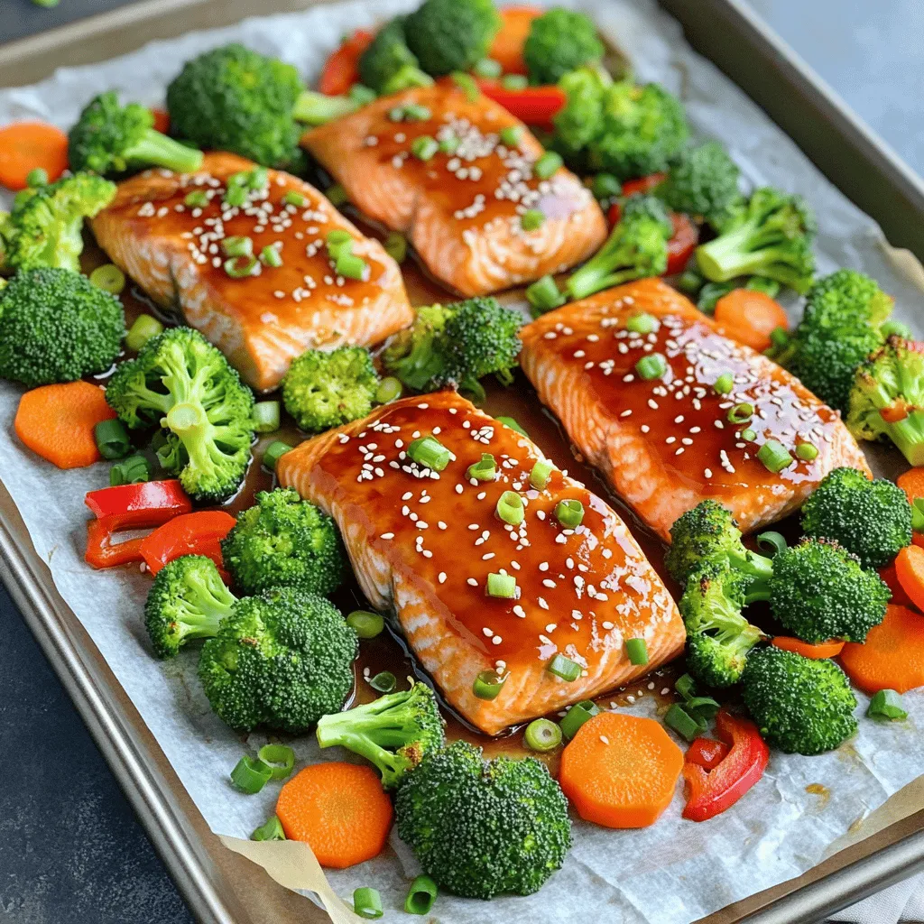 Here are the simple ingredients you need for Sheet Pan Teriyaki Salmon & Veggies: - Fresh salmon fillets - Vegetables: broccoli, baby carrots, red bell pepper - Teriyaki sauce - Sesame oil and honey (or maple syrup) - Garlic and ginger - Seasoning: salt and black pepper - Garnish: sesame seeds and green onions Each ingredient plays a key role in making this dish tasty. The salmon gives protein and richness. Broccoli, baby carrots, and red bell pepper add color and crunch. The teriyaki sauce brings a sweet and savory flavor. Sesame oil and honey enhance this flavor, making it even better. Garlic and ginger provide a warm, aromatic touch. Don’t forget the salt and pepper! They help balance the flavors. Finally, sesame seeds and green onions add a pop of color and fun texture as a garnish. Gather these ingredients, and you are ready to create a delightful meal! First, preheat your oven to 400°F (200°C). This heat will cook the salmon and veggies just right. Next, line a large baking sheet with parchment paper. This makes cleanup easy and keeps your food from sticking. In a small bowl, mix together the teriyaki sauce, sesame oil, honey, minced garlic, and grated ginger. Whisk until smooth. This marinade adds flavor to your salmon and veggies. Place the salmon fillets on one side of the baking sheet. Season each fillet with salt and black pepper. Pour half of the marinade over the salmon, ensuring they are well coated. Set the other half aside for the veggies. In a large bowl, combine the washed broccoli florets, sliced baby carrots, and red bell pepper strips. Drizzle the reserved marinade over the vegetables. Toss gently to coat them evenly. Spread the marinated vegetables on the other side of the baking sheet. Make sure they are spaced apart to roast well. Bake everything in the preheated oven for about 15 to 20 minutes. The salmon will flake easily when done. The veggies should be tender yet still crisp. When the baking time is up, take the sheet pan out of the oven. Drizzle any leftover marinade over both the salmon and vegetables. This will enhance the flavors. Finally, garnish with sesame seeds and sliced green onions. This adds a nice crunch and color. To cook salmon just right, aim for an internal temperature of 145°F. Use a food thermometer for best results. If you don’t have one, look for the salmon to turn opaque. The flesh should flake easily when you poke it with a fork. This means it's ready to eat and packed with flavor. When choosing vegetables, pick fresh and bright options. For broccoli, look for deep green florets without yellowing. Slice the baby carrots diagonally for a nice touch. The red bell pepper should feel firm and vibrant. For roasting, spread veggies evenly on the pan. This ensures they cook well and stay crisp. If you want more flavor, consider adding extra spices. A sprinkle of chili flakes can add heat, while a dash of soy sauce can deepen the taste. Pair your dish with fluffy jasmine rice or a light quinoa salad. This creates a balanced meal and adds texture. {{image_4}} You can switch salmon for chicken or tofu. If you choose chicken, use boneless, skinless thighs or breasts. Cut them into small pieces for quick cooking. Marinate them as you would the salmon. If you prefer tofu, use firm or extra-firm tofu. Press it to remove excess water, then cube it. Marinate and bake the tofu the same way. This gives you tasty options for any diet. Feel free to mix up the veggies. Zucchini and snap peas are great choices. Slice zucchini into half-moons for even cooking. Snap peas add a nice crunch. Other options include bell peppers in different colors or asparagus. Each vegetable brings its unique taste and texture. You can also use frozen veggies if you're short on time. Just make sure they are thawed and drained. While teriyaki is delicious, there are other sauces to try. You can use soy sauce mixed with honey and garlic for a different flavor. A spicy sriracha glaze can add heat. For a tangy twist, try a lemon or lime sauce. Each sauce can change the dish's profile while keeping it simple. Experimenting can lead to fun and tasty meals. To keep your teriyaki salmon and veggies fresh, store them in airtight containers. This helps lock in flavor and moisture. Let the dish cool down to room temperature before sealing. Refrigerate it within two hours of cooking. Properly stored, it lasts up to three days in the fridge. When reheating, I recommend using an oven or microwave. For the oven, preheat it to 350°F (175°C). Place the salmon and veggies on a baking sheet and cover with foil. Heat for about 10 to 15 minutes. This method keeps the dish moist. If using a microwave, heat in short bursts. This prevents overcooking and helps maintain flavor. Yes, you can freeze this dish! To do this, let the meal cool completely. Cut the salmon and veggies into portions. Use freezer-safe bags or containers. Make sure to remove as much air as possible to avoid freezer burn. You can freeze it for up to three months. When ready to eat, thaw overnight in the fridge and reheat as mentioned above. You bake salmon at 400°F for about 15 to 20 minutes. The salmon should flake easily with a fork when done. This quick cooking time works well for tender, juicy salmon. Yes, you can use frozen salmon. Just thaw it first before cooking. Thawing ensures even cooking and better flavor. Place the frozen salmon in the fridge overnight or in cold water for quicker thawing. You can serve this dish with steamed rice or quinoa. Both options add texture and balance the meal. You might also try a fresh salad or some noodles for variety. Yes, this recipe is great for meal prep. You can store leftovers in airtight containers. It keeps well in the fridge for up to three days, making it easy to grab and go. To make homemade teriyaki sauce, mix soy sauce, honey, and garlic. Add in some ginger for a fresh taste. Heat the mixture on the stove until it thickens. This sauce is simple and full of flavor! This blog post covered a tasty teriyaki salmon dish with fresh veggies. We looked at the ingredients needed and how to prepare everything step by step. You learned about marinating salmon, baking it, and getting the veggies just right. Plus, I shared tips to enhance flavor and make meal prep easy. In the end, this dish is simple and fun to make. You can adjust it to fit your taste. Enjoy your cooking journey with delicious results!