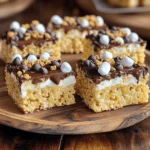 - 3 tablespoons unsalted butter - 4 cups mini marshmallows - 6 cups Rice Krispies cereal - 1 cup chocolate chips (semi-sweet or milk chocolate) - 1 cup graham cracker crumbs - Pinch of salt - Extra mini marshmallows and chocolate chips for topping (optional) I love using simple ingredients to make S'mores Rice Krispie Treats. First, you need unsalted butter. It gives the treats a rich flavor. Next, grab some mini marshmallows. They add sweetness and stickiness. Rice Krispies cereal provides the crunch. It's the base of our treat. Then, you’ll want chocolate chips. Semi-sweet or milk chocolate works great. They melt slightly and mix well. You'll also need graham cracker crumbs. They give a nod to classic s'mores. A pinch of salt balances the sweetness. Finally, if you want, add extra mini marshmallows and chocolate chips on top. They make the treats look even more fun! Each ingredient plays a key role in flavor and texture. Together, they create a treat you can't resist. Start by melting 3 tablespoons of unsalted butter in a large saucepan over low heat. Low heat is key here. It helps prevent the butter from burning. Stir gently as the butter melts. This constant stirring keeps the butter smooth and creamy. Once the butter has melted, add 4 cups of mini marshmallows. Keep stirring! This step is crucial. You want the marshmallows to melt completely. They should blend into a smooth mixture. Once they are fully melted, take the saucepan off the heat. Now it's time to mix in the flavor! Add 1 cup of graham cracker crumbs and a pinch of salt to your melted mixture. Stir well until everything is evenly combined. You don’t want any dry bits left. Next, gradually fold in 6 cups of Rice Krispies cereal. This step is fun! Make sure every piece of cereal gets coated in that gooey marshmallow mix. Finally, add 1 cup of chocolate chips. Folding them in carefully lets some melt slightly, giving your treats a rich chocolatey flavor. Now, transfer your mixture into a greased 9x13-inch baking dish. Use a spatula or a piece of wax paper to press it down firmly. Packing it tightly is key for the perfect treat. For a fun touch, sprinkle extra mini marshmallows and chocolate chips on top. Gently press them down into the mixture. Let the treats cool completely at room temperature for about 30 minutes. Cooling helps them set nicely. Once set, slice them into squares. Enjoy the crunchy, gooey goodness! To make your S'mores Rice Krispie Treats amazing, pack the mixture tightly. This keeps them from falling apart. If you don’t pack them down, they may crumble. You can also try adding extra graham cracker crumbs. This makes the treats even crunchier. You could substitute Rice Krispies with another cereal too. A puffed rice or corn cereal works well. For a fun twist, use different types of chocolate. Dark chocolate gives a rich taste. White chocolate adds sweetness. You can even mix them for unique flavors. Try using flavored marshmallows too. Chocolate or strawberry marshmallows can boost the taste. These small changes can make your treats stand out even more. Serving matters! Use a rustic wooden platter for a nice look. Drizzle melted chocolate over the top for extra flair. This adds shine and richness. Sprinkle graham cracker crumbs on top as well. It adds texture and makes them more appealing. A good presentation makes everyone want to grab a treat! {{image_4}} You can change up this S’mores Rice Krispie Treats recipe easily. If you want a gluten-free option, try using gluten-free cereal. Brands like Chex offer great alternatives. You can also add nuts or dried fruits, like walnuts or cranberries, for a twist. These additions give your treats more flavor and texture. Seasonal flavors can make your treats even more special. For fall, add pumpkin spice to the mix. It gives a warm and cozy taste. Around the holidays, mix in peppermint extract. This simple change can turn your treats into festive delights that everyone loves. S’mores Rice Krispie Treats can be fun to serve. You can package them as party favors. Wrap them in clear bags with ribbons for a cute touch. You can also shape them into bars or pops. Just use cookie cutters or mold them on sticks. This makes for fun presentations at any gathering. To keep your S'mores Rice Krispie Treats fresh, use airtight containers. These containers help keep out air and moisture. Store them at room temperature for up to five days. If you notice them getting dry, it is time to enjoy them. If you want to save some treats for later, freezing is a great option. Wrap each treat in plastic wrap. Then, place them in a freezer bag. You can freeze them for up to three months. When you want to eat one, take it out and let it thaw at room temperature. To warm it up, you can microwave it for a few seconds. This helps keep the texture soft. Check your treats for signs of spoilage. Look for an off smell or a dry texture. If they feel hard or crumbly, they may not taste good anymore. Always trust your senses when deciding if they are still safe to eat. If your Rice Krispie Treats turn out hard, there are a few simple fixes. First, ensure you melt the butter and marshmallows properly. Stir continuously to avoid burning. If they are too hard after cooling, you can add a bit of water. Heat them in the microwave for a few seconds and mix well. This can help soften the texture. If you want to prevent this, be sure to pack the mixture gently in the pan. Yes, you can use different types of chocolate in your S'mores Rice Krispie Treats. Semi-sweet chocolate adds a rich flavor that balances the sweetness of marshmallows. Milk chocolate brings a creamier taste, perfect for those who like sweeter treats. Dark chocolate adds depth and a slight bitterness, which can be a nice contrast. Mixing different chocolates can also create unique flavor pairings. Try different types to discover what you like best! If you want to substitute marshmallows, you have options. You can use marshmallow fluff, which works well and gives a similar texture. Another option is to use gummy candies, though they will change the flavor. You could also try using vegan marshmallows for a plant-based treat. Remember, these substitutes may alter the final taste and texture of your treats, so choose what fits your needs best. To wrap it up, this blog post explored how to make delicious Rice Krispie Treats. We covered the main ingredients like butter, marshmallows, and Rice Krispies. Step-by-step, I detailed how to melt and mix everything properly for perfect bites. Remember the tips for texture and flavor, plus fun ways to change things up. Store your treats well to keep them fresh. With these simple methods, you can enjoy tasty treats anytime. Now, get in the kitchen and create some fun memories!