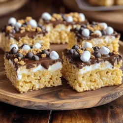 - 3 tablespoons unsalted butter - 4 cups mini marshmallows - 6 cups Rice Krispies cereal - 1 cup chocolate chips (semi-sweet or milk chocolate) - 1 cup graham cracker crumbs - Pinch of salt - Extra mini marshmallows and chocolate chips for topping (optional) I love using simple ingredients to make S'mores Rice Krispie Treats. First, you need unsalted butter. It gives the treats a rich flavor. Next, grab some mini marshmallows. They add sweetness and stickiness. Rice Krispies cereal provides the crunch. It's the base of our treat. Then, you’ll want chocolate chips. Semi-sweet or milk chocolate works great. They melt slightly and mix well. You'll also need graham cracker crumbs. They give a nod to classic s'mores. A pinch of salt balances the sweetness. Finally, if you want, add extra mini marshmallows and chocolate chips on top. They make the treats look even more fun! Each ingredient plays a key role in flavor and texture. Together, they create a treat you can't resist. Start by melting 3 tablespoons of unsalted butter in a large saucepan over low heat. Low heat is key here. It helps prevent the butter from burning. Stir gently as the butter melts. This constant stirring keeps the butter smooth and creamy. Once the butter has melted, add 4 cups of mini marshmallows. Keep stirring! This step is crucial. You want the marshmallows to melt completely. They should blend into a smooth mixture. Once they are fully melted, take the saucepan off the heat. Now it's time to mix in the flavor! Add 1 cup of graham cracker crumbs and a pinch of salt to your melted mixture. Stir well until everything is evenly combined. You don’t want any dry bits left. Next, gradually fold in 6 cups of Rice Krispies cereal. This step is fun! Make sure every piece of cereal gets coated in that gooey marshmallow mix. Finally, add 1 cup of chocolate chips. Folding them in carefully lets some melt slightly, giving your treats a rich chocolatey flavor. Now, transfer your mixture into a greased 9x13-inch baking dish. Use a spatula or a piece of wax paper to press it down firmly. Packing it tightly is key for the perfect treat. For a fun touch, sprinkle extra mini marshmallows and chocolate chips on top. Gently press them down into the mixture. Let the treats cool completely at room temperature for about 30 minutes. Cooling helps them set nicely. Once set, slice them into squares. Enjoy the crunchy, gooey goodness! To make your S'mores Rice Krispie Treats amazing, pack the mixture tightly. This keeps them from falling apart. If you don’t pack them down, they may crumble. You can also try adding extra graham cracker crumbs. This makes the treats even crunchier. You could substitute Rice Krispies with another cereal too. A puffed rice or corn cereal works well. For a fun twist, use different types of chocolate. Dark chocolate gives a rich taste. White chocolate adds sweetness. You can even mix them for unique flavors. Try using flavored marshmallows too. Chocolate or strawberry marshmallows can boost the taste. These small changes can make your treats stand out even more. Serving matters! Use a rustic wooden platter for a nice look. Drizzle melted chocolate over the top for extra flair. This adds shine and richness. Sprinkle graham cracker crumbs on top as well. It adds texture and makes them more appealing. A good presentation makes everyone want to grab a treat! {{image_4}} You can change up this S’mores Rice Krispie Treats recipe easily. If you want a gluten-free option, try using gluten-free cereal. Brands like Chex offer great alternatives. You can also add nuts or dried fruits, like walnuts or cranberries, for a twist. These additions give your treats more flavor and texture. Seasonal flavors can make your treats even more special. For fall, add pumpkin spice to the mix. It gives a warm and cozy taste. Around the holidays, mix in peppermint extract. This simple change can turn your treats into festive delights that everyone loves. S’mores Rice Krispie Treats can be fun to serve. You can package them as party favors. Wrap them in clear bags with ribbons for a cute touch. You can also shape them into bars or pops. Just use cookie cutters or mold them on sticks. This makes for fun presentations at any gathering. To keep your S'mores Rice Krispie Treats fresh, use airtight containers. These containers help keep out air and moisture. Store them at room temperature for up to five days. If you notice them getting dry, it is time to enjoy them. If you want to save some treats for later, freezing is a great option. Wrap each treat in plastic wrap. Then, place them in a freezer bag. You can freeze them for up to three months. When you want to eat one, take it out and let it thaw at room temperature. To warm it up, you can microwave it for a few seconds. This helps keep the texture soft. Check your treats for signs of spoilage. Look for an off smell or a dry texture. If they feel hard or crumbly, they may not taste good anymore. Always trust your senses when deciding if they are still safe to eat. If your Rice Krispie Treats turn out hard, there are a few simple fixes. First, ensure you melt the butter and marshmallows properly. Stir continuously to avoid burning. If they are too hard after cooling, you can add a bit of water. Heat them in the microwave for a few seconds and mix well. This can help soften the texture. If you want to prevent this, be sure to pack the mixture gently in the pan. Yes, you can use different types of chocolate in your S'mores Rice Krispie Treats. Semi-sweet chocolate adds a rich flavor that balances the sweetness of marshmallows. Milk chocolate brings a creamier taste, perfect for those who like sweeter treats. Dark chocolate adds depth and a slight bitterness, which can be a nice contrast. Mixing different chocolates can also create unique flavor pairings. Try different types to discover what you like best! If you want to substitute marshmallows, you have options. You can use marshmallow fluff, which works well and gives a similar texture. Another option is to use gummy candies, though they will change the flavor. You could also try using vegan marshmallows for a plant-based treat. Remember, these substitutes may alter the final taste and texture of your treats, so choose what fits your needs best. To wrap it up, this blog post explored how to make delicious Rice Krispie Treats. We covered the main ingredients like butter, marshmallows, and Rice Krispies. Step-by-step, I detailed how to melt and mix everything properly for perfect bites. Remember the tips for texture and flavor, plus fun ways to change things up. Store your treats well to keep them fresh. With these simple methods, you can enjoy tasty treats anytime. Now, get in the kitchen and create some fun memories!