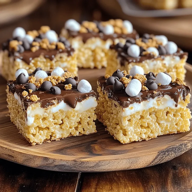 - 3 tablespoons unsalted butter - 4 cups mini marshmallows - 6 cups Rice Krispies cereal - 1 cup chocolate chips (semi-sweet or milk chocolate) - 1 cup graham cracker crumbs - Pinch of salt - Extra mini marshmallows and chocolate chips for topping (optional) I love using simple ingredients to make S'mores Rice Krispie Treats. First, you need unsalted butter. It gives the treats a rich flavor. Next, grab some mini marshmallows. They add sweetness and stickiness. Rice Krispies cereal provides the crunch. It's the base of our treat. Then, you’ll want chocolate chips. Semi-sweet or milk chocolate works great. They melt slightly and mix well. You'll also need graham cracker crumbs. They give a nod to classic s'mores. A pinch of salt balances the sweetness. Finally, if you want, add extra mini marshmallows and chocolate chips on top. They make the treats look even more fun! Each ingredient plays a key role in flavor and texture. Together, they create a treat you can't resist. Start by melting 3 tablespoons of unsalted butter in a large saucepan over low heat. Low heat is key here. It helps prevent the butter from burning. Stir gently as the butter melts. This constant stirring keeps the butter smooth and creamy. Once the butter has melted, add 4 cups of mini marshmallows. Keep stirring! This step is crucial. You want the marshmallows to melt completely. They should blend into a smooth mixture. Once they are fully melted, take the saucepan off the heat. Now it's time to mix in the flavor! Add 1 cup of graham cracker crumbs and a pinch of salt to your melted mixture. Stir well until everything is evenly combined. You don’t want any dry bits left. Next, gradually fold in 6 cups of Rice Krispies cereal. This step is fun! Make sure every piece of cereal gets coated in that gooey marshmallow mix. Finally, add 1 cup of chocolate chips. Folding them in carefully lets some melt slightly, giving your treats a rich chocolatey flavor. Now, transfer your mixture into a greased 9x13-inch baking dish. Use a spatula or a piece of wax paper to press it down firmly. Packing it tightly is key for the perfect treat. For a fun touch, sprinkle extra mini marshmallows and chocolate chips on top. Gently press them down into the mixture. Let the treats cool completely at room temperature for about 30 minutes. Cooling helps them set nicely. Once set, slice them into squares. Enjoy the crunchy, gooey goodness! To make your S'mores Rice Krispie Treats amazing, pack the mixture tightly. This keeps them from falling apart. If you don’t pack them down, they may crumble. You can also try adding extra graham cracker crumbs. This makes the treats even crunchier. You could substitute Rice Krispies with another cereal too. A puffed rice or corn cereal works well. For a fun twist, use different types of chocolate. Dark chocolate gives a rich taste. White chocolate adds sweetness. You can even mix them for unique flavors. Try using flavored marshmallows too. Chocolate or strawberry marshmallows can boost the taste. These small changes can make your treats stand out even more. Serving matters! Use a rustic wooden platter for a nice look. Drizzle melted chocolate over the top for extra flair. This adds shine and richness. Sprinkle graham cracker crumbs on top as well. It adds texture and makes them more appealing. A good presentation makes everyone want to grab a treat! {{image_4}} You can change up this S’mores Rice Krispie Treats recipe easily. If you want a gluten-free option, try using gluten-free cereal. Brands like Chex offer great alternatives. You can also add nuts or dried fruits, like walnuts or cranberries, for a twist. These additions give your treats more flavor and texture. Seasonal flavors can make your treats even more special. For fall, add pumpkin spice to the mix. It gives a warm and cozy taste. Around the holidays, mix in peppermint extract. This simple change can turn your treats into festive delights that everyone loves. S’mores Rice Krispie Treats can be fun to serve. You can package them as party favors. Wrap them in clear bags with ribbons for a cute touch. You can also shape them into bars or pops. Just use cookie cutters or mold them on sticks. This makes for fun presentations at any gathering. To keep your S'mores Rice Krispie Treats fresh, use airtight containers. These containers help keep out air and moisture. Store them at room temperature for up to five days. If you notice them getting dry, it is time to enjoy them. If you want to save some treats for later, freezing is a great option. Wrap each treat in plastic wrap. Then, place them in a freezer bag. You can freeze them for up to three months. When you want to eat one, take it out and let it thaw at room temperature. To warm it up, you can microwave it for a few seconds. This helps keep the texture soft. Check your treats for signs of spoilage. Look for an off smell or a dry texture. If they feel hard or crumbly, they may not taste good anymore. Always trust your senses when deciding if they are still safe to eat. If your Rice Krispie Treats turn out hard, there are a few simple fixes. First, ensure you melt the butter and marshmallows properly. Stir continuously to avoid burning. If they are too hard after cooling, you can add a bit of water. Heat them in the microwave for a few seconds and mix well. This can help soften the texture. If you want to prevent this, be sure to pack the mixture gently in the pan. Yes, you can use different types of chocolate in your S'mores Rice Krispie Treats. Semi-sweet chocolate adds a rich flavor that balances the sweetness of marshmallows. Milk chocolate brings a creamier taste, perfect for those who like sweeter treats. Dark chocolate adds depth and a slight bitterness, which can be a nice contrast. Mixing different chocolates can also create unique flavor pairings. Try different types to discover what you like best! If you want to substitute marshmallows, you have options. You can use marshmallow fluff, which works well and gives a similar texture. Another option is to use gummy candies, though they will change the flavor. You could also try using vegan marshmallows for a plant-based treat. Remember, these substitutes may alter the final taste and texture of your treats, so choose what fits your needs best. To wrap it up, this blog post explored how to make delicious Rice Krispie Treats. We covered the main ingredients like butter, marshmallows, and Rice Krispies. Step-by-step, I detailed how to melt and mix everything properly for perfect bites. Remember the tips for texture and flavor, plus fun ways to change things up. Store your treats well to keep them fresh. With these simple methods, you can enjoy tasty treats anytime. Now, get in the kitchen and create some fun memories!