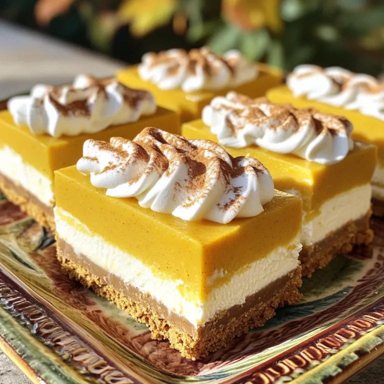 To make Pumpkin Cheesecake Icebox Bars, you need these simple ingredients: - 1 ½ cups graham cracker crumbs - ½ cup unsalted butter, melted - 2 tablespoons granulated sugar - 1 (8 oz) package cream cheese, softened - 1 cup canned pumpkin puree - ½ cup powdered sugar - 1 teaspoon pure vanilla extract - 1 teaspoon ground cinnamon - ½ teaspoon ground nutmeg - 1 teaspoon pumpkin pie spice - 1 cup heavy whipping cream - ¼ cup granulated sugar (for whipping cream) These ingredients come together to create a creamy, pumpkin-flavored dessert. The graham cracker crumbs make a great base, while the cream cheese and pumpkin give it a rich texture. The spices add warmth and flavor, making each bite delightful. Make sure your cream cheese is at room temperature. This helps it blend smoothly with the other ingredients. Feel free to adjust the spices to your taste. If you love cinnamon, add a little more! If you like nutmeg, go for it! Using canned pumpkin puree saves time and gives consistent flavor. You can try fresh pumpkin, but it takes longer to prepare. Gather these ingredients, and you are on your way to a tasty treat! First, gather your graham cracker crumbs, melted butter, and sugar. In a medium bowl, mix the graham cracker crumbs with the melted butter and sugar. Stir until the mixture feels moist and holds together. This step is key for a great crust. Next, press the mixture evenly into the bottom of an 8x8 inch pan. Use your hands or a flat tool to pack it tightly. This will help form a sturdy base for your bars. Place the crust in the fridge while you prepare the filling. This keeps it firm and ready for the next step. In a large bowl, beat the softened cream cheese until it's smooth. You can use a hand mixer for this. Next, add in the pumpkin puree, powdered sugar, vanilla extract, ground cinnamon, nutmeg, and pumpkin pie spice. Mix until everything is blended well and creamy. The spices will give your filling that warm, cozy flavor. Make sure there are no lumps in the mixture for a smooth texture. Tasting the filling at this stage is a must! Adjust spices if needed for your taste. In a separate bowl, pour in the heavy cream and add granulated sugar. Using a mixer, whip the cream until stiff peaks form. This means the cream should hold its shape when you lift the mixer out. Be careful not to over-whip, or it can turn grainy. Once it's ready, gently fold the whipped cream into the pumpkin mixture. Use a spatula and combine until no white streaks remain. This step adds lightness and creaminess to your bars. Now it's time to assemble! Pour the creamy filling over the chilled crust. Use a spatula to spread it evenly. Smooth the top to make it nice and pretty. Cover the pan with plastic wrap and place it in the refrigerator. Chill for at least four hours, or until the filling is firm. This cooling time is crucial for the bars to set properly. Once ready, you can cut them into squares and serve. Enjoy your tasty treat! To get the best texture, start by making sure your cream cheese is soft. Leave it out for about an hour before mixing. This helps it blend smoothly with other ingredients. If it's too cold, your filling will be lumpy. When you whip the cream, go slow at first. Use a mixer on low speed to combine the cream and sugar. Once it starts to thicken, increase the speed. You want stiff peaks for a light and fluffy texture. When you fold the whipped cream into the pumpkin mix, be gentle. Use a spatula and a folding motion. This keeps the air in the whipped cream, giving the bars a light feel. Don't stir too hard, or you'll lose that fluffiness. For a stunning presentation, serve the bars chilled on a nice platter. You can add a dollop of whipped cream on top of each bar. A sprinkle of cinnamon adds a nice touch. It makes the bars look pretty and adds more flavor. When cutting the bars, use a sharp knife. Dip the knife in hot water first, then dry it. This helps create clean cuts. Cut them into squares for a neat look. You can also decorate each square with a piece of caramel or chocolate drizzle for extra flair. {{image_4}} You can easily change the taste of your Pumpkin Cheesecake Icebox Bars. Adding chocolate or caramel drizzles can create a rich twist. Just melt some chocolate or caramel sauce and drizzle it on top before serving. This adds a sweet touch and looks great too! You can also use alternative spices if you want a new flavor. Instead of just cinnamon and nutmeg, try ginger, cardamom, or allspice. Each spice will give the bars a different taste. Experimenting with spices can make this recipe fun! You can adjust this recipe to fit your diet. For a gluten-free crust, use gluten-free graham cracker crumbs. Mix them with the butter and sugar just like the original recipe. This way, everyone can enjoy the bars. If you need a dairy-free option, swap cream cheese with a dairy-free cream cheese. You can also use coconut cream instead of heavy whipping cream. Just chill the coconut cream first. This will help it whip better. These adjustments make the bars suitable for more diets! To keep your Pumpkin Cheesecake Icebox Bars fresh, store them in the fridge. Use an airtight container to prevent them from drying out. If you don’t have one, wrap them tightly in plastic wrap. This keeps them moist and tasty. These bars last about five days in the refrigerator. After that, they can lose their fresh taste and creamy texture. Always check for any off smells or changes in texture before enjoying them. If you want to save some bars for later, freezing is a great option. Cut the bars into squares first. Then, place them in a single layer on a baking sheet. Freeze them for about one hour. This step keeps them from sticking together. After they are frozen, wrap each square in plastic wrap. Next, put them in a freezer-safe bag or container. This way, they stay fresh for up to three months. When you are ready to eat them, remove the bars from the freezer. Let them thaw in the fridge for a few hours. This method helps maintain their creamy texture. Enjoy your delicious treat anytime! Can I use fresh pumpkin instead of canned? Yes, you can use fresh pumpkin. First, cook the pumpkin until soft. Then, mash it until smooth. Make sure to remove excess water. This keeps your bars from being too wet. What can I substitute for cream cheese? You can use Greek yogurt or mascarpone cheese. Both give a creamy texture. Greek yogurt adds a tart flavor that works well in the bars. How do I know when the bars are set? The bars are set when they feel firm to the touch. You can also gently shake the pan. If the filling jiggles slightly in the center, give it more chilling time. What to do if the filling is too runny? If your filling is runny, try adding more powdered sugar. This can help thicken it. You can also chill the mixture longer before pouring it over the crust. How to fix a crumbling crust? To fix a crumbling crust, add more melted butter. Mix it well until the crumbs stick together. Press the mixture firmly into the pan for a solid base. This pumpkin cheesecake icebox bar recipe combines tasty layers with simple steps. You'll create a crunchy crust, a creamy filling, and whip up light cream for a perfect finish. Remember to follow tips for texture and garnish for a lovely presentation. Explore variations to suit your taste or dietary needs. Store leftovers correctly so they stay fresh. With these tips, your cheesecake bars will impress everyone. Enjoy making this delicious treat.